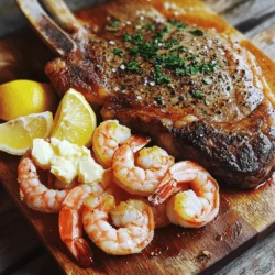 - 1 tomahawk steak (about 2-3 pounds) - 4 large shrimp, deveined and peeled - Olive oil - Salt - Black pepper - Garlic powder - Smoked paprika - Butter - Fresh lemon juice - Chopped parsley - Lemon wedges When I create a surf and turf dish, I love to start with the star players: the tomahawk steak and shrimp. The tomahawk steak, with its long bone and rich marbling, brings a bold flavor. A good shrimp adds a sweet touch that balances the steak perfectly. For the best taste, I choose high-quality ingredients. The right tomahawk steak should feel heavy and have a good amount of marbling. Look for bright, fresh shrimp that smell like the ocean. Next, I focus on seasonings. Olive oil helps the spices stick to the meat. Salt and black pepper enhance the natural flavors. Garlic powder gives a nice kick, while smoked paprika adds depth. Garnishes are key to making the dish stand out. I love to finish with a dollop of butter, some fresh lemon juice, and chopped parsley. The lemon brightens the dish, and the parsley adds a pop of color. You can find the full recipe for this delicious surf and turf dish to guide you through each step. Enjoy the process! First, let your tomahawk steak sit out for about 30-45 minutes. This helps it get to room temperature. A steak at room temp cooks more evenly. Next, pat the steak dry with paper towels. This step helps create a nice sear. Now, rub olive oil all over the steak. Use enough to coat it well. Then, season the steak generously. Sprinkle salt, black pepper, garlic powder, and smoked paprika on both sides. These spices add great flavor to your steak. Now, it's time to cook! Preheat your grill or cast-iron skillet over high heat. If you use an oven, set it to 400°F (200°C). When it's hot, place the steak on the grill or in the skillet. Cook it for about 4-6 minutes on each side for medium-rare. If you like it more done, cook it longer. If you're using a skillet, sear the steak for about 4-5 minutes on each side. Then, transfer it to the preheated oven to finish cooking for 15-20 minutes. Use a meat thermometer to check the doneness. Aim for 130°F for medium-rare. While the steak cooks, let’s make the shrimp! In a small skillet, melt 2 tablespoons of butter over medium heat. Once the butter is melted, add the shrimp. Cook them for about 2-3 minutes on each side. They should turn pink and opaque. After cooking, drizzle the shrimp with fresh lemon juice and sprinkle with chopped parsley. This brightens up the dish and adds fresh flavor. For the full recipe, check out the detailed instructions. To make your tomahawk steak perfect, know the right internal temperatures. For medium-rare, aim for 130°F. For medium, go for 140°F. Remember to use a meat thermometer for accuracy. This tool helps you avoid overcooking. Resting the steak is key too. Once cooked, let it rest for 10 minutes. This lets the juices spread out, making every bite juicy. Choosing the best tomahawk steak matters. Look for bright red meat with a good amount of marbling. Marbling means small white streaks of fat. This fat adds flavor and keeps the meat tender. For the shrimp, choose large, fresh ones that smell like the ocean. If you can, buy shrimp with the shell on for more flavor. Fresh herbs like parsley should look bright and fragrant. To impress your guests, serve the tomahawk steak on a large cutting board. Cut the steak into thick pieces. Arrange the shrimp around the steak for a colorful display. Drizzle some pan butter over the steak for extra flavor. Use lemon wedges and fresh herbs to add a pop of color. This makes your dish look as good as it tastes. For the full recipe, check out the detailed steps. {{image_2}} If you want to switch things up, try different proteins with your tomahawk steak. Shrimp is tasty, but lobster or scallops can elevate your meal even more. Lobster has a rich flavor that pairs well with steak. Scallops are sweet and meaty, giving a nice contrast. You can enhance your meal by adding spices or marinades. Try a mix of chili powder and cumin for a kick. A simple garlic and herb marinade can also add depth. For sauces, consider a garlic butter sauce or a tangy chimichurri. Both complement the steak and seafood perfectly. Pair your surf and turf with sides that balance the rich flavors. Creamy mashed potatoes are a classic choice. Grilled asparagus or sautéed green beans add freshness. A crisp salad with a light vinaigrette can cleanse the palate. You can find the full recipe to guide you through these pairings. To keep leftover tomahawk steak fresh, wrap it tightly in plastic wrap. You can also place it in an airtight container. This helps prevent air from drying it out. Store the steak in the fridge for up to three days. For longer storage, you can freeze it. Wrap it well in foil and then place it in a freezer bag. Leftover steak can last for up to three months in the freezer. For shrimp, the best method is similar. Store leftover shrimp in an airtight container in the fridge. You can keep shrimp for one to two days in the fridge. If you want to freeze them, make sure they are fully cooled first. Place them in a freezer bag and remove as much air as possible. Frozen shrimp should also last about three months. To reheat the tomahawk steak, the best method is to use the oven. Preheat the oven to 250°F (120°C). Place the steak on a baking sheet and cover it with foil. This keeps it warm without cooking it more. Heat the steak for about 20-30 minutes. Keep an eye on it so it doesn't overcook. For shrimp, a quick way to reheat is in a pan. Heat a small amount of oil over medium heat. Add the shrimp and cook for about 2-3 minutes. Make sure they are heated through but not overcooked. The ideal temperature for reheating leftovers is around 165°F (74°C). This keeps your meal tasty and safe to eat. Surf and turf is a dish that combines seafood and meat, creating a rich meal. It often features steak and shrimp, or lobster. The mix of flavors and textures makes each bite exciting. You get the savory taste of the steak and the sweet, tender meat of the seafood. This dish brings together the best of both worlds for a truly special dining experience. Yes, you can grill a tomahawk steak! Here are some tips for grilling it perfectly: - Preheat the grill: Make sure your grill is hot before adding the steak. - Oil the grates: This helps prevent sticking. - Sear the steak: Grill the tomahawk for about 4-6 minutes per side. - Use indirect heat: Move the steak to a cooler part of the grill if it browns too fast. - Rest the steak: Let it sit for 10 minutes after cooking to keep it juicy. To check if the steak is done, use a meat thermometer. Insert it into the thickest part of the steak. Here are some guidelines for steak doneness: - Rare: 120°F - Medium-rare: 130°F - Medium: 140°F - Medium-well: 150°F - Well done: 160°F and above Always remember that the steak will continue to cook a bit while it rests. Several sides complement surf and turf beautifully. Here are some tasty suggestions: - Garlic mashed potatoes: Creamy and flavorful, they pair well with steak. - Grilled asparagus: Adds a nice crunch and fresh taste. - Caesar salad: Crisp romaine and dressing balance the richness of the meal. - Corn on the cob: Sweet and juicy, it matches well with grilled flavors. - Roasted vegetables: A mix of your favorites adds color and health. Explore these sides to enhance your surf and turf experience. For the complete preparation, check the Full Recipe. In this article, we explored how to craft the perfect surf and turf dish. You learned about the key ingredients, from the tomahawk steak to shrimp. We walked through each step, including preparation, cooking methods, and tips for success. Remember to rest your steak and pick quality seafood for the best taste. Each bite should impress your guests. Now, you can enjoy this delicious meal at home. Cooking doesn't have to be hard; it can be fun. Dive in and enjoy your cooking journey!