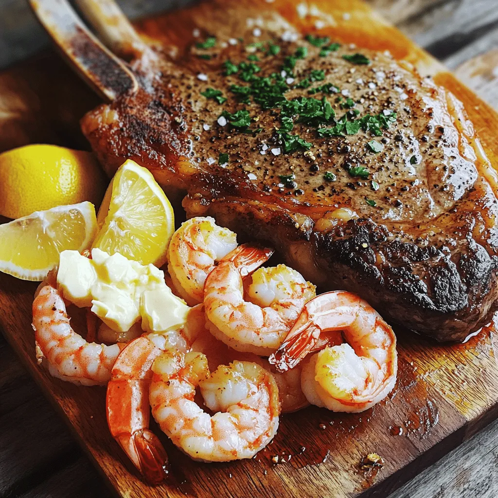 - 1 tomahawk steak (about 2-3 pounds) - 4 large shrimp, deveined and peeled - Olive oil - Salt - Black pepper - Garlic powder - Smoked paprika - Butter - Fresh lemon juice - Chopped parsley - Lemon wedges When I create a surf and turf dish, I love to start with the star players: the tomahawk steak and shrimp. The tomahawk steak, with its long bone and rich marbling, brings a bold flavor. A good shrimp adds a sweet touch that balances the steak perfectly. For the best taste, I choose high-quality ingredients. The right tomahawk steak should feel heavy and have a good amount of marbling. Look for bright, fresh shrimp that smell like the ocean. Next, I focus on seasonings. Olive oil helps the spices stick to the meat. Salt and black pepper enhance the natural flavors. Garlic powder gives a nice kick, while smoked paprika adds depth. Garnishes are key to making the dish stand out. I love to finish with a dollop of butter, some fresh lemon juice, and chopped parsley. The lemon brightens the dish, and the parsley adds a pop of color. You can find the full recipe for this delicious surf and turf dish to guide you through each step. Enjoy the process! First, let your tomahawk steak sit out for about 30-45 minutes. This helps it get to room temperature. A steak at room temp cooks more evenly. Next, pat the steak dry with paper towels. This step helps create a nice sear. Now, rub olive oil all over the steak. Use enough to coat it well. Then, season the steak generously. Sprinkle salt, black pepper, garlic powder, and smoked paprika on both sides. These spices add great flavor to your steak. Now, it's time to cook! Preheat your grill or cast-iron skillet over high heat. If you use an oven, set it to 400°F (200°C). When it's hot, place the steak on the grill or in the skillet. Cook it for about 4-6 minutes on each side for medium-rare. If you like it more done, cook it longer. If you're using a skillet, sear the steak for about 4-5 minutes on each side. Then, transfer it to the preheated oven to finish cooking for 15-20 minutes. Use a meat thermometer to check the doneness. Aim for 130°F for medium-rare. While the steak cooks, let’s make the shrimp! In a small skillet, melt 2 tablespoons of butter over medium heat. Once the butter is melted, add the shrimp. Cook them for about 2-3 minutes on each side. They should turn pink and opaque. After cooking, drizzle the shrimp with fresh lemon juice and sprinkle with chopped parsley. This brightens up the dish and adds fresh flavor. For the full recipe, check out the detailed instructions. To make your tomahawk steak perfect, know the right internal temperatures. For medium-rare, aim for 130°F. For medium, go for 140°F. Remember to use a meat thermometer for accuracy. This tool helps you avoid overcooking. Resting the steak is key too. Once cooked, let it rest for 10 minutes. This lets the juices spread out, making every bite juicy. Choosing the best tomahawk steak matters. Look for bright red meat with a good amount of marbling. Marbling means small white streaks of fat. This fat adds flavor and keeps the meat tender. For the shrimp, choose large, fresh ones that smell like the ocean. If you can, buy shrimp with the shell on for more flavor. Fresh herbs like parsley should look bright and fragrant. To impress your guests, serve the tomahawk steak on a large cutting board. Cut the steak into thick pieces. Arrange the shrimp around the steak for a colorful display. Drizzle some pan butter over the steak for extra flavor. Use lemon wedges and fresh herbs to add a pop of color. This makes your dish look as good as it tastes. For the full recipe, check out the detailed steps. {{image_2}} If you want to switch things up, try different proteins with your tomahawk steak. Shrimp is tasty, but lobster or scallops can elevate your meal even more. Lobster has a rich flavor that pairs well with steak. Scallops are sweet and meaty, giving a nice contrast. You can enhance your meal by adding spices or marinades. Try a mix of chili powder and cumin for a kick. A simple garlic and herb marinade can also add depth. For sauces, consider a garlic butter sauce or a tangy chimichurri. Both complement the steak and seafood perfectly. Pair your surf and turf with sides that balance the rich flavors. Creamy mashed potatoes are a classic choice. Grilled asparagus or sautéed green beans add freshness. A crisp salad with a light vinaigrette can cleanse the palate. You can find the full recipe to guide you through these pairings. To keep leftover tomahawk steak fresh, wrap it tightly in plastic wrap. You can also place it in an airtight container. This helps prevent air from drying it out. Store the steak in the fridge for up to three days. For longer storage, you can freeze it. Wrap it well in foil and then place it in a freezer bag. Leftover steak can last for up to three months in the freezer. For shrimp, the best method is similar. Store leftover shrimp in an airtight container in the fridge. You can keep shrimp for one to two days in the fridge. If you want to freeze them, make sure they are fully cooled first. Place them in a freezer bag and remove as much air as possible. Frozen shrimp should also last about three months. To reheat the tomahawk steak, the best method is to use the oven. Preheat the oven to 250°F (120°C). Place the steak on a baking sheet and cover it with foil. This keeps it warm without cooking it more. Heat the steak for about 20-30 minutes. Keep an eye on it so it doesn't overcook. For shrimp, a quick way to reheat is in a pan. Heat a small amount of oil over medium heat. Add the shrimp and cook for about 2-3 minutes. Make sure they are heated through but not overcooked. The ideal temperature for reheating leftovers is around 165°F (74°C). This keeps your meal tasty and safe to eat. Surf and turf is a dish that combines seafood and meat, creating a rich meal. It often features steak and shrimp, or lobster. The mix of flavors and textures makes each bite exciting. You get the savory taste of the steak and the sweet, tender meat of the seafood. This dish brings together the best of both worlds for a truly special dining experience. Yes, you can grill a tomahawk steak! Here are some tips for grilling it perfectly: - Preheat the grill: Make sure your grill is hot before adding the steak. - Oil the grates: This helps prevent sticking. - Sear the steak: Grill the tomahawk for about 4-6 minutes per side. - Use indirect heat: Move the steak to a cooler part of the grill if it browns too fast. - Rest the steak: Let it sit for 10 minutes after cooking to keep it juicy. To check if the steak is done, use a meat thermometer. Insert it into the thickest part of the steak. Here are some guidelines for steak doneness: - Rare: 120°F - Medium-rare: 130°F - Medium: 140°F - Medium-well: 150°F - Well done: 160°F and above Always remember that the steak will continue to cook a bit while it rests. Several sides complement surf and turf beautifully. Here are some tasty suggestions: - Garlic mashed potatoes: Creamy and flavorful, they pair well with steak. - Grilled asparagus: Adds a nice crunch and fresh taste. - Caesar salad: Crisp romaine and dressing balance the richness of the meal. - Corn on the cob: Sweet and juicy, it matches well with grilled flavors. - Roasted vegetables: A mix of your favorites adds color and health. Explore these sides to enhance your surf and turf experience. For the complete preparation, check the Full Recipe. In this article, we explored how to craft the perfect surf and turf dish. You learned about the key ingredients, from the tomahawk steak to shrimp. We walked through each step, including preparation, cooking methods, and tips for success. Remember to rest your steak and pick quality seafood for the best taste. Each bite should impress your guests. Now, you can enjoy this delicious meal at home. Cooking doesn't have to be hard; it can be fun. Dive in and enjoy your cooking journey!