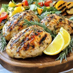 To make Lemon Herb Grilled Chicken, gather these items: - 4 boneless, skinless chicken breasts - 1/4 cup olive oil - 2 lemons (zested and juiced) - 4 cloves garlic, minced - 2 tablespoons fresh rosemary, chopped - 2 tablespoons fresh thyme, chopped - 1 tablespoon honey - Salt and pepper to taste You will need a few tools for this recipe: - A large bowl for mixing - Whisk for blending the marinade - Grill or grill pan for cooking - Meat thermometer to check doneness - Tongs for handling the chicken Here’s a quick look at the nutrition: - Calories: Approximately 220 per serving - Protein: 30 grams - Carbohydrates: 3 grams - Fat: 10 grams - Fiber: 0 grams This dish is healthy and full of flavor. It’s great for any meal. You can find the [Full Recipe] above for more details on how to prepare it. First, gather all your ingredients. You will need olive oil, lemon zest, lemon juice, minced garlic, chopped rosemary, chopped thyme, honey, salt, and pepper. In a large bowl, combine these items. Whisk them together until they mix well. The marinade should smell fresh and bright. This step is key to making your chicken tasty. Next, take your chicken breasts and place them into the bowl. Make sure each piece is fully coated in the marinade. Cover the bowl with plastic wrap. Refrigerate the chicken for at least one hour. If you want a stronger flavor, marinate for up to four hours. The longer it sits, the more flavor it will soak up. When you're ready to grill, preheat your grill to medium-high heat. Lightly oil the grill grates to stop the chicken from sticking. Remove the chicken from the marinade. Let any extra marinade drip off but do not rinse the chicken. Discard the leftover marinade. Place the chicken on the grill. Cook for about 6-8 minutes on each side. Check if the chicken reaches 165°F (75°C). When done, take it off the grill and let it rest for 5 minutes. Resting helps keep the juices inside. Serve your beautiful Lemon Herb Grilled Chicken. For the full recipe, check out the section above. To make the best marinade, mix oil, lemon zest, juice, garlic, herbs, honey, salt, and pepper. Whisk until smooth. You want every bite to burst with flavor. Always coat the chicken well and let it soak. A minimum of one hour in the fridge works wonders. If you can, marinate for four hours for deeper taste. Grilling chicken at the right temperature is key. Preheat your grill to medium-high heat, around 375°F to 450°F. This heat sears the chicken, locking in moisture and flavor. Use a meat thermometer to check doneness. The chicken should reach 165°F inside. This ensures it is safe to eat and keeps it juicy. To prevent dry chicken, avoid overcooking. Grill for 6-8 minutes on each side. Let the chicken rest for five minutes after grilling. This helps the juices redistribute. Slicing too soon lets all the moisture escape. Serve promptly to enjoy the perfect texture. For more details, check the Full Recipe. {{image_2}} You can change the herbs to suit your taste. Try using basil or parsley. Oregano also works well with lemon. If you want a kick, add some red pepper flakes. For a smoky flavor, use smoked paprika. These swaps keep the dish fresh and fun. You don't have to use a grill. You can bake the chicken instead. Preheat your oven to 400°F (200°C). Place the marinated chicken on a baking sheet. Bake for about 20-25 minutes. You can also pan-sear the chicken in a skillet. Use medium heat and cook for about 6-8 minutes on each side. Each method gives a different texture but tastes just as good. Lemon Herb Grilled Chicken pairs well with many sides. Serve it with a fresh green salad. Grilled vegetables add color and flavor. For a heartier meal, try rice or quinoa. Don't forget to garnish with lemon wedges and fresh herbs. These touches make your meal look and taste amazing. For the full recipe, check out the details above. After you make Lemon Herb Grilled Chicken, cool it down first. Place the chicken in an airtight container. It will stay fresh in the fridge for up to four days. Keep it away from strong-smelling foods to prevent flavor changes. When you're ready to eat, check for any signs of spoilage before reheating. To freeze Lemon Herb Grilled Chicken, let it cool completely. Wrap each piece in plastic wrap or foil. Place the wrapped chicken in a freezer bag. It can last up to three months in the freezer. Make sure to label the bag with the date. This way, you won’t forget when it was made. When you're ready to enjoy leftover grilled chicken, reheat it gently. You can use the oven or a skillet. If using an oven, set it to 350°F (175°C). Heat for 15-20 minutes or until warmed through. If using a skillet, add a little olive oil and warm on medium heat. Cover the skillet to keep moisture in. This will help the chicken stay juicy and tasty. You should marinate the chicken for at least one hour. This gives the flavors time to soak in. For more taste, you can marinate it for up to four hours. Just make sure to keep it in the fridge. Longer marinating helps the chicken stay juicy and flavorful. Yes, you can use chicken thighs. They have more fat, which makes them juicy and tender. Thighs also hold up well on the grill. Just adjust the cooking time since thighs may need a few extra minutes to cook through. Some great sides include grilled vegetables, a fresh green salad, or rice. You might also enjoy some garlic bread or roasted potatoes. These sides bring out the bright flavors of the chicken. They make your meal colorful and tasty. For more ideas, check out the Full Recipe! You learned how to make Lemon Herb Grilled Chicken. We covered ingredients, tools, nutrition, and step-by-step cooking. I shared tips to keep your chicken juicy and variations to fit your taste. Lastly, we discussed storage and answered common questions. Experiment with flavors. Enjoy each bite of your tasty grilled chicken!