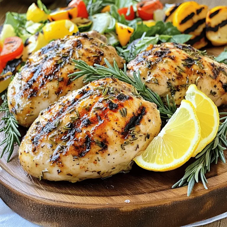 To make Lemon Herb Grilled Chicken, gather these items: - 4 boneless, skinless chicken breasts - 1/4 cup olive oil - 2 lemons (zested and juiced) - 4 cloves garlic, minced - 2 tablespoons fresh rosemary, chopped - 2 tablespoons fresh thyme, chopped - 1 tablespoon honey - Salt and pepper to taste You will need a few tools for this recipe: - A large bowl for mixing - Whisk for blending the marinade - Grill or grill pan for cooking - Meat thermometer to check doneness - Tongs for handling the chicken Here’s a quick look at the nutrition: - Calories: Approximately 220 per serving - Protein: 30 grams - Carbohydrates: 3 grams - Fat: 10 grams - Fiber: 0 grams This dish is healthy and full of flavor. It’s great for any meal. You can find the [Full Recipe] above for more details on how to prepare it. First, gather all your ingredients. You will need olive oil, lemon zest, lemon juice, minced garlic, chopped rosemary, chopped thyme, honey, salt, and pepper. In a large bowl, combine these items. Whisk them together until they mix well. The marinade should smell fresh and bright. This step is key to making your chicken tasty. Next, take your chicken breasts and place them into the bowl. Make sure each piece is fully coated in the marinade. Cover the bowl with plastic wrap. Refrigerate the chicken for at least one hour. If you want a stronger flavor, marinate for up to four hours. The longer it sits, the more flavor it will soak up. When you're ready to grill, preheat your grill to medium-high heat. Lightly oil the grill grates to stop the chicken from sticking. Remove the chicken from the marinade. Let any extra marinade drip off but do not rinse the chicken. Discard the leftover marinade. Place the chicken on the grill. Cook for about 6-8 minutes on each side. Check if the chicken reaches 165°F (75°C). When done, take it off the grill and let it rest for 5 minutes. Resting helps keep the juices inside. Serve your beautiful Lemon Herb Grilled Chicken. For the full recipe, check out the section above. To make the best marinade, mix oil, lemon zest, juice, garlic, herbs, honey, salt, and pepper. Whisk until smooth. You want every bite to burst with flavor. Always coat the chicken well and let it soak. A minimum of one hour in the fridge works wonders. If you can, marinate for four hours for deeper taste. Grilling chicken at the right temperature is key. Preheat your grill to medium-high heat, around 375°F to 450°F. This heat sears the chicken, locking in moisture and flavor. Use a meat thermometer to check doneness. The chicken should reach 165°F inside. This ensures it is safe to eat and keeps it juicy. To prevent dry chicken, avoid overcooking. Grill for 6-8 minutes on each side. Let the chicken rest for five minutes after grilling. This helps the juices redistribute. Slicing too soon lets all the moisture escape. Serve promptly to enjoy the perfect texture. For more details, check the Full Recipe. {{image_2}} You can change the herbs to suit your taste. Try using basil or parsley. Oregano also works well with lemon. If you want a kick, add some red pepper flakes. For a smoky flavor, use smoked paprika. These swaps keep the dish fresh and fun. You don't have to use a grill. You can bake the chicken instead. Preheat your oven to 400°F (200°C). Place the marinated chicken on a baking sheet. Bake for about 20-25 minutes. You can also pan-sear the chicken in a skillet. Use medium heat and cook for about 6-8 minutes on each side. Each method gives a different texture but tastes just as good. Lemon Herb Grilled Chicken pairs well with many sides. Serve it with a fresh green salad. Grilled vegetables add color and flavor. For a heartier meal, try rice or quinoa. Don't forget to garnish with lemon wedges and fresh herbs. These touches make your meal look and taste amazing. For the full recipe, check out the details above. After you make Lemon Herb Grilled Chicken, cool it down first. Place the chicken in an airtight container. It will stay fresh in the fridge for up to four days. Keep it away from strong-smelling foods to prevent flavor changes. When you're ready to eat, check for any signs of spoilage before reheating. To freeze Lemon Herb Grilled Chicken, let it cool completely. Wrap each piece in plastic wrap or foil. Place the wrapped chicken in a freezer bag. It can last up to three months in the freezer. Make sure to label the bag with the date. This way, you won’t forget when it was made. When you're ready to enjoy leftover grilled chicken, reheat it gently. You can use the oven or a skillet. If using an oven, set it to 350°F (175°C). Heat for 15-20 minutes or until warmed through. If using a skillet, add a little olive oil and warm on medium heat. Cover the skillet to keep moisture in. This will help the chicken stay juicy and tasty. You should marinate the chicken for at least one hour. This gives the flavors time to soak in. For more taste, you can marinate it for up to four hours. Just make sure to keep it in the fridge. Longer marinating helps the chicken stay juicy and flavorful. Yes, you can use chicken thighs. They have more fat, which makes them juicy and tender. Thighs also hold up well on the grill. Just adjust the cooking time since thighs may need a few extra minutes to cook through. Some great sides include grilled vegetables, a fresh green salad, or rice. You might also enjoy some garlic bread or roasted potatoes. These sides bring out the bright flavors of the chicken. They make your meal colorful and tasty. For more ideas, check out the Full Recipe! You learned how to make Lemon Herb Grilled Chicken. We covered ingredients, tools, nutrition, and step-by-step cooking. I shared tips to keep your chicken juicy and variations to fit your taste. Lastly, we discussed storage and answered common questions. Experiment with flavors. Enjoy each bite of your tasty grilled chicken!