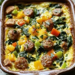 - 1 pound breakfast sausage, casings removed - 6 large eggs - 1 cup milk - 1 cup shredded cheddar cheese - 1 medium onion, diced - 1 bell pepper (any color), diced - 2 cups spinach, roughly chopped - 1 teaspoon garlic powder - 1 teaspoon paprika - Salt and pepper to taste - 1 tablespoon olive oil - 4 slices whole wheat bread, cubed The main ingredients in this tasty casserole are simple and fresh. The breakfast sausage gives a savory kick. Eggs and milk provide the base for the dish. The vegetables add color and nutrients. I use onion, bell pepper, and spinach for great flavor. Seasonings like garlic powder and paprika elevate the taste. Finally, cheese brings it all together, making each bite creamy and delicious. - Other types of cheese - Additional vegetables or herbs - Alternative bread options If you want to mix things up, you can try different cheeses. Mozzarella or feta can work well too. You can also add more veggies. Think about mushrooms, zucchini, or even kale. Fresh herbs like basil or thyme can add a nice touch. For your bread choice, feel free to use gluten-free options or even croissants for a unique twist. For the full recipe, check out the details above. This dish is all about flexibility and fun! 1. First, preheat your oven to 350°F (175°C). This ensures even cooking. 2. Next, grease a 9x13 inch baking dish. You can use non-stick spray or olive oil for this. 1. In a large skillet, heat 1 tablespoon of olive oil over medium heat. 2. Add 1 diced onion and 1 diced bell pepper. Sauté them until they soften, about 5-7 minutes. 3. Now, add 1 pound of breakfast sausage. Break it apart with a spatula as it cooks. 4. Cook until the sausage is brown and no longer pink, which takes about 8-10 minutes. Drain any excess grease if needed. 1. In a large bowl, whisk together 6 large eggs and 1 cup of milk. Add 1 teaspoon of garlic powder, 1 teaspoon of paprika, and salt and pepper to taste. Mix well. 2. Stir in the sausage mixture, 2 cups of chopped spinach, and 4 cups of cubed whole wheat bread. Gently fold in 1 cup of shredded cheddar cheese. 3. Pour the mixture into the prepared baking dish, spreading it evenly. 4. Bake in the oven for 30-35 minutes. The casserole is done when it is set and lightly golden on top. 5. Let it cool for 5-10 minutes before slicing into squares. For the full recipe, feel free to check the details provided earlier. This dish is quick, tasty, and perfect for breakfast! To get a fluffy texture in your casserole, be gentle. Do not overmix the eggs and other ingredients. This keeps air in the mixture, making it light. You can whisk the eggs well, but stop once you combine them with the sausage and veggies. Resting the casserole is key. Let it sit for about 5-10 minutes after baking. This helps it firm up, making it easier to slice. A warm casserole can be a bit runny, but resting helps set it just right. Spices and herbs can make a big difference. I like to add a pinch of cayenne for heat or some Italian herbs for freshness. You can also try fresh parsley or chives sprinkled on top just before serving for a burst of flavor. Using leftover vegetables is a great way to add flavor too. If you have some zucchini or mushrooms, chop them up and toss them in. This not only adds taste but also makes the dish more colorful. Feel free to be creative with what you have on hand! {{image_2}} You can change the sausage type to fit your taste. Try turkey sausage for a leaner option. If you prefer not to eat meat, use vegetarian sausage. Both options offer great flavor. For bread, gluten-free choices work well too. Look for gluten-free bread that suits your preference. This keeps the dish tasty while meeting dietary needs. If you want to try a different cooking method, consider using a slow cooker. Just mix all the ingredients and let it cook on low for about 6-8 hours. This method is great for busy mornings. Another fun option is the mini casserole method. Use muffin tins to make individual servings. This makes it easy to grab and go. Plus, they are perfect for kids or meal prep. Feel free to get creative! For more tips and the full recipe, check out the details above. To store leftovers, let the casserole cool down first. Place it in an airtight container. Keep it in the fridge for up to three days. When you’re ready to eat, reheat individual portions in the microwave. Heat for about one to two minutes, checking to ensure it is warm throughout. Alternatively, you can reheat it in the oven at 350°F (175°C) for about 10-15 minutes. This helps keep the top crispy. For proper freezing, wrap the cooled casserole tightly in plastic wrap. Then place it in a freezer-safe container or bag. It can stay frozen for up to three months. To thaw, move it to the fridge overnight. After thawing, reheat it in the oven at 350°F (175°C) for 20-30 minutes. Make sure it’s hot all the way through before serving. You can also microwave it, but the oven gives a better texture. Can I prepare this casserole in advance? Yes, you can prepare this casserole a day ahead. Mix the ingredients and store them in the fridge. Just bake it in the morning for a warm breakfast. What can I substitute for eggs? If you need an egg substitute, try using flaxseed meal or silken tofu. Each of these options works well to bind the casserole. How long can I store leftovers? You can store leftovers in the fridge for up to 3 days. Keep them in an airtight container to maintain freshness. Can I make this dish ahead and freeze it? Absolutely! You can freeze the casserole before or after baking. Wrap it tightly in foil. It lasts for about 2-3 months in the freezer. How do I know when the casserole is done? Check for a firm texture and a golden top. A toothpick inserted in the center should come out clean when it’s fully cooked. Can I add other toppings? Yes! Feel free to add toppings like diced tomatoes, avocado, or extra cheese. These will add more flavor and texture. Is it possible to make a vegetarian version? Definitely! Swap the sausage for a plant-based alternative. You can also add more veggies to enhance the taste. This blog post covered how to make a tasty breakfast casserole. We discussed key ingredients like sausage, eggs, and veggies. You learned important preparation steps and tips for the perfect texture. We explored variations and storage tips to keep your casserole fresh. Now you can enjoy a delicious meal with easy options. Experiment with flavors and make it your own! Enjoy your cooking journey.