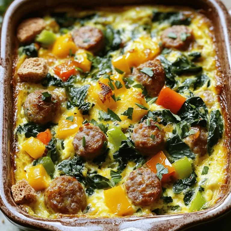 - 1 pound breakfast sausage, casings removed - 6 large eggs - 1 cup milk - 1 cup shredded cheddar cheese - 1 medium onion, diced - 1 bell pepper (any color), diced - 2 cups spinach, roughly chopped - 1 teaspoon garlic powder - 1 teaspoon paprika - Salt and pepper to taste - 1 tablespoon olive oil - 4 slices whole wheat bread, cubed The main ingredients in this tasty casserole are simple and fresh. The breakfast sausage gives a savory kick. Eggs and milk provide the base for the dish. The vegetables add color and nutrients. I use onion, bell pepper, and spinach for great flavor. Seasonings like garlic powder and paprika elevate the taste. Finally, cheese brings it all together, making each bite creamy and delicious. - Other types of cheese - Additional vegetables or herbs - Alternative bread options If you want to mix things up, you can try different cheeses. Mozzarella or feta can work well too. You can also add more veggies. Think about mushrooms, zucchini, or even kale. Fresh herbs like basil or thyme can add a nice touch. For your bread choice, feel free to use gluten-free options or even croissants for a unique twist. For the full recipe, check out the details above. This dish is all about flexibility and fun! 1. First, preheat your oven to 350°F (175°C). This ensures even cooking. 2. Next, grease a 9x13 inch baking dish. You can use non-stick spray or olive oil for this. 1. In a large skillet, heat 1 tablespoon of olive oil over medium heat. 2. Add 1 diced onion and 1 diced bell pepper. Sauté them until they soften, about 5-7 minutes. 3. Now, add 1 pound of breakfast sausage. Break it apart with a spatula as it cooks. 4. Cook until the sausage is brown and no longer pink, which takes about 8-10 minutes. Drain any excess grease if needed. 1. In a large bowl, whisk together 6 large eggs and 1 cup of milk. Add 1 teaspoon of garlic powder, 1 teaspoon of paprika, and salt and pepper to taste. Mix well. 2. Stir in the sausage mixture, 2 cups of chopped spinach, and 4 cups of cubed whole wheat bread. Gently fold in 1 cup of shredded cheddar cheese. 3. Pour the mixture into the prepared baking dish, spreading it evenly. 4. Bake in the oven for 30-35 minutes. The casserole is done when it is set and lightly golden on top. 5. Let it cool for 5-10 minutes before slicing into squares. For the full recipe, feel free to check the details provided earlier. This dish is quick, tasty, and perfect for breakfast! To get a fluffy texture in your casserole, be gentle. Do not overmix the eggs and other ingredients. This keeps air in the mixture, making it light. You can whisk the eggs well, but stop once you combine them with the sausage and veggies. Resting the casserole is key. Let it sit for about 5-10 minutes after baking. This helps it firm up, making it easier to slice. A warm casserole can be a bit runny, but resting helps set it just right. Spices and herbs can make a big difference. I like to add a pinch of cayenne for heat or some Italian herbs for freshness. You can also try fresh parsley or chives sprinkled on top just before serving for a burst of flavor. Using leftover vegetables is a great way to add flavor too. If you have some zucchini or mushrooms, chop them up and toss them in. This not only adds taste but also makes the dish more colorful. Feel free to be creative with what you have on hand! {{image_2}} You can change the sausage type to fit your taste. Try turkey sausage for a leaner option. If you prefer not to eat meat, use vegetarian sausage. Both options offer great flavor. For bread, gluten-free choices work well too. Look for gluten-free bread that suits your preference. This keeps the dish tasty while meeting dietary needs. If you want to try a different cooking method, consider using a slow cooker. Just mix all the ingredients and let it cook on low for about 6-8 hours. This method is great for busy mornings. Another fun option is the mini casserole method. Use muffin tins to make individual servings. This makes it easy to grab and go. Plus, they are perfect for kids or meal prep. Feel free to get creative! For more tips and the full recipe, check out the details above. To store leftovers, let the casserole cool down first. Place it in an airtight container. Keep it in the fridge for up to three days. When you’re ready to eat, reheat individual portions in the microwave. Heat for about one to two minutes, checking to ensure it is warm throughout. Alternatively, you can reheat it in the oven at 350°F (175°C) for about 10-15 minutes. This helps keep the top crispy. For proper freezing, wrap the cooled casserole tightly in plastic wrap. Then place it in a freezer-safe container or bag. It can stay frozen for up to three months. To thaw, move it to the fridge overnight. After thawing, reheat it in the oven at 350°F (175°C) for 20-30 minutes. Make sure it’s hot all the way through before serving. You can also microwave it, but the oven gives a better texture. Can I prepare this casserole in advance? Yes, you can prepare this casserole a day ahead. Mix the ingredients and store them in the fridge. Just bake it in the morning for a warm breakfast. What can I substitute for eggs? If you need an egg substitute, try using flaxseed meal or silken tofu. Each of these options works well to bind the casserole. How long can I store leftovers? You can store leftovers in the fridge for up to 3 days. Keep them in an airtight container to maintain freshness. Can I make this dish ahead and freeze it? Absolutely! You can freeze the casserole before or after baking. Wrap it tightly in foil. It lasts for about 2-3 months in the freezer. How do I know when the casserole is done? Check for a firm texture and a golden top. A toothpick inserted in the center should come out clean when it’s fully cooked. Can I add other toppings? Yes! Feel free to add toppings like diced tomatoes, avocado, or extra cheese. These will add more flavor and texture. Is it possible to make a vegetarian version? Definitely! Swap the sausage for a plant-based alternative. You can also add more veggies to enhance the taste. This blog post covered how to make a tasty breakfast casserole. We discussed key ingredients like sausage, eggs, and veggies. You learned important preparation steps and tips for the perfect texture. We explored variations and storage tips to keep your casserole fresh. Now you can enjoy a delicious meal with easy options. Experiment with flavors and make it your own! Enjoy your cooking journey.