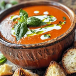 - 4 cups fresh ripe tomatoes - 1 medium onion - 3 cloves garlic - 2 cups vegetable broth - 1 cup heavy cream - 1/4 cup fresh basil leaves - 2 tablespoons olive oil - 1 teaspoon sugar - Salt and pepper to taste - Crusty bread or croutons for serving To make creamy tomato basil soup, fresh ingredients are key. I love using ripe tomatoes. They give the soup a bright, fresh taste. You can use any variety you like, but the sweeter, the better. A medium onion adds depth. The garlic brings a nice aroma to the pot. For the broth, vegetable broth works best. It keeps the soup light and allows the tomato flavor to shine. Heavy cream is what makes this soup creamy and rich. If you want a luscious texture, don’t skip it! Fresh basil adds a pop of herbal flavor. - Large pot - Immersion blender or regular blender - Measuring cups and spoons Having the right tools makes cooking easier. A large pot is a must for this recipe. You can use an immersion blender to make the soup smooth. If you don’t have one, a regular blender works just as well. Just be careful when blending hot soup! You will also need measuring cups and spoons to get the right amounts. For a delicious meal, serve the soup with crusty bread or croutons. They add a nice crunch and make the meal more filling. For the full recipe, check out [Full Recipe]. Enjoy creating this comforting dish! - Sauté onion and garlic Start by heating olive oil in a large pot over medium heat. Add the diced onion and sauté for 5 minutes. You want the onion to turn soft and clear. Next, stir in minced garlic and cook for another minute. This step adds a lovely aroma to your soup. - Add tomatoes and sugar Now, toss in the chopped tomatoes and sugar. Mix everything well. Cook this mixture for about 10 minutes. As the tomatoes cook, they will soften and release their juices. This is where the magic begins! - Pour in vegetable broth Once the tomatoes are soft, pour in the vegetable broth. Bring the mixture to a boil. Once it boils, reduce the heat and let it simmer for 15 minutes. This helps all the flavors blend beautifully. - Puree the soup After simmering, use an immersion blender to puree the soup until it's smooth. If you don’t have an immersion blender, you can transfer the soup to a regular blender in batches. Just be careful with the hot soup! - Stir in heavy cream Once the soup is smooth, return it to low heat. Now, stir in the heavy cream. Let it warm, but don’t let it boil. This adds richness and creaminess to your soup. - Add fresh basil and season to taste Finally, add the fresh basil, salt, and pepper. Stir well to combine all the flavors. Taste and adjust the seasoning if needed. Now your creamy tomato basil soup is ready to serve! For a full recipe, check out the [Full Recipe]. Enjoy this delicious soup with crusty bread or croutons for a perfect meal! Using an immersion blender is my favorite way to blend this soup. It saves time and keeps the pot clean. Just place the blender in the pot and blend until smooth. If you use a regular blender, work in batches. Be careful, as hot soup can splash. To achieve a silky texture, blend long enough to break down all the bits. This makes the soup feel rich and creamy. Presentation matters! For a rustic look, serve the soup in deep bowls. Drizzle a little cream on top and sprinkle fresh basil for color. You can also add a few croutons for crunch. Crusty bread is perfect for dipping. It adds texture and enhances the flavors. To boost flavor, consider adding spices like paprika or cayenne pepper. A bit of parmesan cheese stirred in can also elevate the taste. If you want a creamier soup, add more heavy cream or even a dollop of sour cream. Adjust the creaminess based on your taste. Everyone has a different preference, so experiment to find your perfect balance. {{image_2}} You can make a vegan version of this creamy tomato basil soup easily. First, substitute the heavy cream with coconut cream. This gives the soup a rich and creamy texture, while adding a hint of sweetness. Next, ensure you use vegetable broth instead of chicken broth. This keeps your soup plant-based and full of flavor. To keep this soup gluten-free, check all your ingredients. Many vegetable broths are gluten-free, but always read labels to be sure. For croutons, you can use gluten-free bread. Just toast it until crunchy, then cut it into cubes. This way, you can enjoy the soup without worry. Want to change the taste? You can add roasted red peppers for a smoky flavor. Just blend them into the soup for an extra kick. You can also use different herbs like thyme or oregano. Mix and match to find your favorite flavor combinations. Each change can make the soup unique and special. To store leftover soup, let it cool first. Pour it into a container. Use a lid to cover it tightly. You can keep it in the fridge for up to 4 days. Glass or plastic containers work best for storage. Make sure the container is airtight to keep the soup fresh. To freeze the soup, follow these steps: 1. Allow the soup to cool completely. 2. Pour it into freezer-safe containers or bags. 3. Leave some space at the top for expansion. 4. Seal the containers or bags tightly. 5. Label them with the date. When you are ready to eat it, thaw the soup in the fridge overnight. For quick thawing, you can run the bag under cold water. To reheat, pour the soup into a pot over medium heat. Stir often until it’s hot. The soup stays fresh for about 4 days in the fridge. If you freeze it, it lasts for 2 to 3 months. To know if the soup is bad, check for these signs: - An off smell - Changes in color - Any mold on the surface If you notice any of these, discard the soup. Enjoy your creamy tomato basil soup without worries! Check out the Full Recipe to make sure you have the perfect balance of flavors. You can thicken your soup in a few ways. Here are common thickening agents you can use: - Cornstarch: Mix 1 tablespoon with cold water, then stir it into the soup. - Flour: Make a roux by cooking equal parts of flour and butter, then add it in. - Mashed potatoes: Add a few spoonfuls of mashed potatoes for extra creaminess. - Cream cheese: Stir in cream cheese for a rich and thick texture. Each method adds a unique touch to your soup! Yes, you can use canned tomatoes. Here are the pros and cons of using canned tomatoes: - Pros: Canned tomatoes are convenient and save time. They are also picked at their peak. - Cons: Fresh tomatoes have a brighter flavor. Canned tomatoes may have extra sodium. If you choose canned, look for high-quality options without added sugar. To add heat to your soup, consider these suggestions: - Red pepper flakes: Start with a pinch and adjust to taste. - Hot sauce: A few drops can enhance the flavor. - Chili powder: Add a teaspoon for warmth and depth. - Jalapeños: Diced fresh or pickled jalapeños can spice things up. Start with small amounts, so you can control the heat level. Pairing your soup with the right sides is key for a complete meal. Here are popular options: - Grilled cheese: A classic choice that complements the soup's creaminess. - Crusty bread: Perfect for dipping and soaking up the soup. - Salad: A light, fresh salad can balance the richness. - Croutons: Add texture and crunch on top of your soup. Enjoy exploring different combinations with your creamy tomato basil soup! For the full recipe, check out the details above. In this blog post, I walked you through making creamy tomato basil soup. You learned about key fresh ingredients, supplies needed, and simple steps to prepare this dish. I also shared tips for blending, serving, and enhancing flavors. You can easily customize this recipe for vegan and gluten-free diets. Finally, I covered storage options to keep your soup fresh. Enjoying this warm, cozy dish can be a delightful experience, whether alone or with friends. Give it a try and enjoy the flavors it brings!