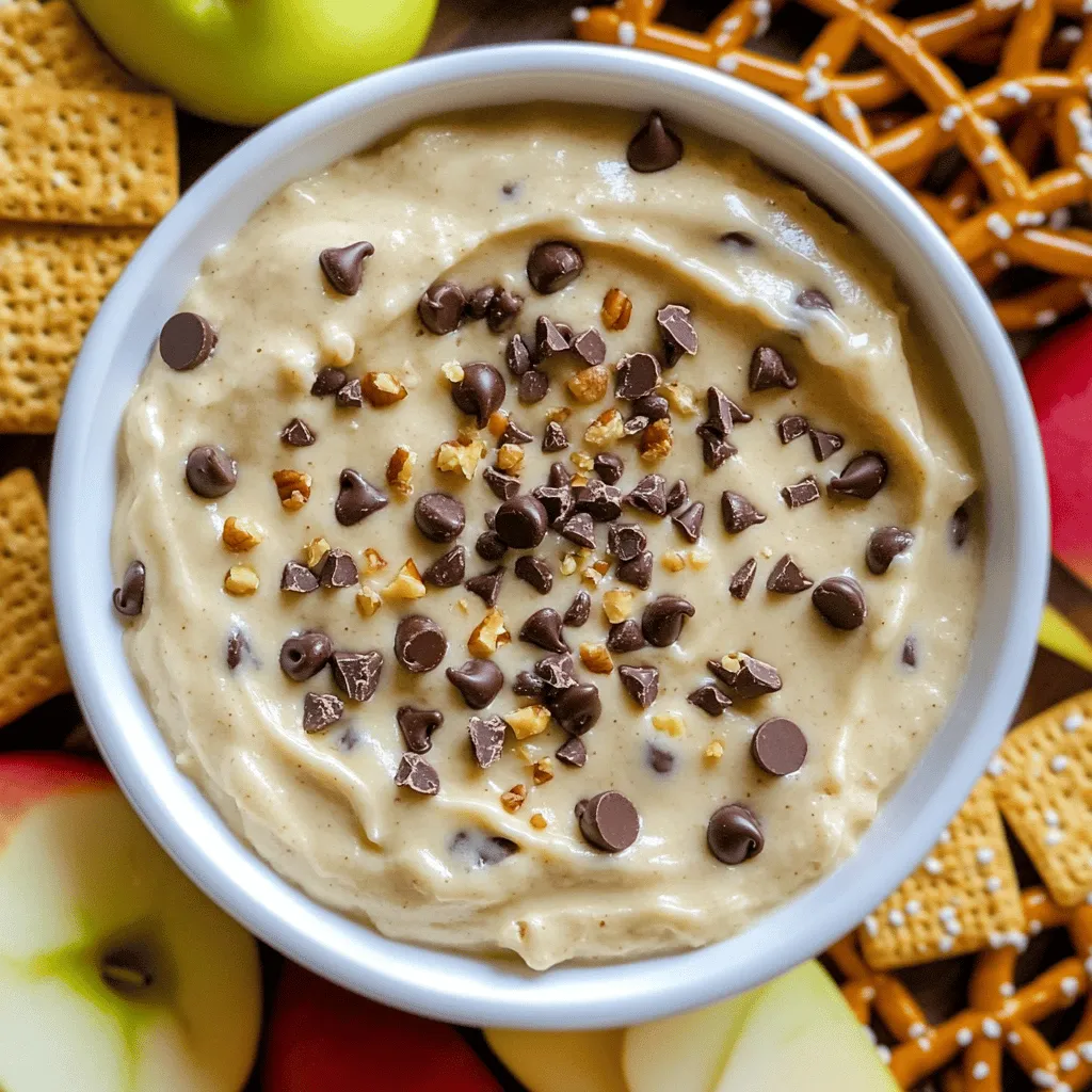 To make chocolate chip cookie dough dip, gather these tasty ingredients: - 1 cup all-purpose flour - 1/2 cup unsalted butter, softened - 1/4 cup brown sugar, packed - 1/4 cup granulated sugar - 1 teaspoon vanilla extract - 1/4 teaspoon salt - 1 (8 oz) package cream cheese, softened - 1/2 cup mini chocolate chips - 1/4 cup chopped nuts (optional) - Assorted dippers (graham crackers, apple slices, pretzels) If you need swaps, here are some easy options: - Use almond butter instead of unsalted butter for a nutty taste. - Replace cream cheese with Greek yogurt for a lighter dip. - Brown sugar can be swapped with coconut sugar for a different flavor. - For a gluten-free version, use gluten-free all-purpose flour. Want to jazz up your dip? Try these mix-ins: - Add a pinch of cinnamon for warmth. - Mix in peanut butter for a rich, nutty twist. - Toss in some toffee bits for extra crunch. - Use different types of chocolate chips, like dark or white chocolate. These ingredients and options make your chocolate chip cookie dough dip a truly fun party treat. You can find the Full Recipe to guide you through the steps! To start, gather your ingredients. You will need cream cheese and butter. Make sure both are soft. This helps them mix well. In a medium bowl, combine the cream cheese and butter. Use a hand mixer or a spatula to blend them. Mix until the mixture is smooth and creamy. Next, slowly add the brown sugar and granulated sugar. Keep mixing until everything is well combined. Then, add in the vanilla extract and salt. Stir until these are fully mixed in. Now, it’s time to add the all-purpose flour. Do this gradually, stirring gently. Be careful not to overmix. Finally, fold in the mini chocolate chips and nuts if you want. Make sure they are evenly spread throughout the dip. Transfer the dip to a serving bowl. Cover it with plastic wrap. Chill it in the refrigerator for about 30 minutes. This will help firm up the flavors and texture. When you’re ready, serve it with your favorite dippers like graham crackers, apple slices, or pretzels. Enjoy this tasty party treat! For the full recipe, refer to the earlier section. To make your dip creamy, start with room-temperature cream cheese and butter. This step helps them blend smoothly. Mix until the texture is light and fluffy. When adding flour, mix just enough to combine. Over-mixing can make it dense. Chilling the dip for about 30 minutes makes it thicker and more flavorful. Serve this dip in a fun bowl to catch your guests' eyes. Pair it with various dippers for a delightful spread. Great choices include graham crackers, apple slices, and pretzels. You can also set out mini spoons for easy scooping. This adds a nice touch to your party setup. You can easily change the flavor of your dip. Want a nutty twist? Add some peanut butter. For a spicy kick, mix in cinnamon. You can also swap mini chocolate chips for caramel bits or toffee pieces. Each tweak gives your dip a new taste that guests will love. Explore different combinations to find your favorite! {{image_2}} You can change up the flavor of your cookie dough dip. Try adding peanut butter for a nutty twist. Mix in some crushed Oreos for a fun cookies and cream flavor. You can also make a snickerdoodle version by adding cinnamon and brown sugar. Each flavor brings a new taste and excitement to your dip. If you want to make this dip healthier, you have options. You can use sugar-free sweeteners instead of regular sugar. For a gluten-free version, swap all-purpose flour for almond or coconut flour. These changes make the dip lighter, while still tasting great. Seasonal add-ins can enhance your dip. In the fall, add pumpkin spice for a cozy vibe. During the summer, try adding fresh fruit like strawberries or raspberries. Each season brings new flavors to enjoy. You can get creative and match your dip with the time of year. For the full recipe, check out the earlier section. To keep your chocolate chip cookie dough dip fresh, store it in an airtight container. This helps prevent it from drying out or absorbing other smells in the fridge. Make sure to cover the dip well if you use a bowl. You can also use plastic wrap directly on the dip's surface. This keeps it nice and tasty for your next snack! If you want to save some for later, you can freeze the dip. First, scoop it into a freezer-safe container or zip-top bag. When using a bag, remove as much air as possible before sealing. Label the container with the date. The dip will stay good for about two months in the freezer. When you're ready to eat it, thaw it in the fridge overnight before serving again. In the fridge, your chocolate chip cookie dough dip lasts about a week. However, if you notice any changes in smell or texture, it's best to toss it. Always check for freshness before diving in. If you freeze it, aim to use it within two months for the best taste. Enjoy your treat fresh and creamy for a perfect party snack! Yes, you can use ready-made cookie dough dip. These dips save time and effort. However, homemade versions taste fresher and let you control the flavors. If you want a special treat, I recommend making your own. The experience is fun, and you can customize it to your taste. Chocolate chip cookie dough dip lasts about 3 to 5 days in the refrigerator. Make sure to store it in an airtight container. This keeps it fresh and safe to eat. Always check for any signs of spoilage before serving. If it looks or smells off, it's best to throw it away. You have great options for dippers! Here are some of my favorites: - Graham crackers - Apple slices - Pretzels - Vanilla wafers - Fresh strawberries - Marshmallows These dippers add fun and flavor. You can mix and match to find your favorite pairings. Enjoy the creamy dip with different textures! We explored cookie dough dip from ingredients to storage. You learned how to mix up flavors, choose substitutes, and even make it healthy. Remember, you can adjust textures and add seasonal twists. This dip is easy to customize and perfect for any event. Keep the tips in mind for serving and storing. Enjoy creating your own unique cookie dough dip!