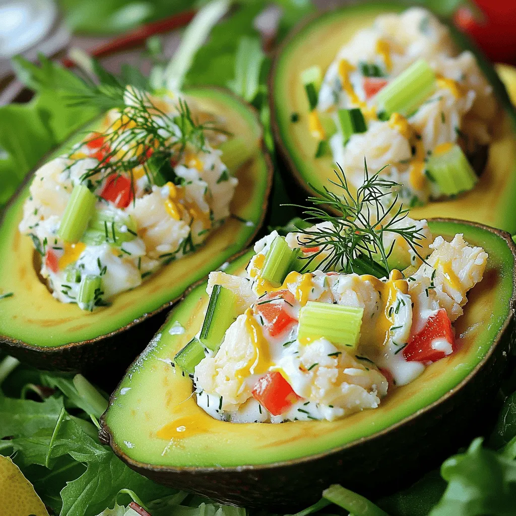 To make a tasty crab salad, you need fresh and simple items. Here is what you'll need: - 1 lb fresh crab meat, picked over for shells - 1/2 cup Greek yogurt - 2 tablespoons mayonnaise - 1 tablespoon Dijon mustard - 1 tablespoon lemon juice - 1/4 cup celery, finely diced - 1/4 cup red bell pepper, finely diced - 1 tablespoon fresh dill, chopped (or 1 teaspoon dried dill) - Salt and pepper to taste - 1 avocado, halved and pitted - Microgreens or parsley for garnish These ingredients form the base of your crab salad delight. The crab meat is the star. The yogurt and mayo add creaminess. The veggies give it crunch and color. You can change things up to fit your taste. Here are some fun add-ins or swaps: - Swap Greek yogurt for sour cream for a tangy flavor. - Add chopped green onions for a mild onion taste. - Use chopped jalapeños for a spicy kick. - Mix in some corn for sweetness. - Try lemon zest for an extra citrus boost. - Use different herbs like parsley or chives for a fresh twist. Feel free to get creative with your salad! Each option brings a new flavor. Choosing the right crab meat is key. Here are tips to help you select the best: - Look for freshness: Fresh crab meat should smell like the ocean, not fishy. - Check color: Good crab meat is bright white with some red or brown bits. - Avoid excess liquid: Too much liquid in the package means it may not be fresh. - Buy from reliable sources: Get your crab from trusted markets or seafood shops. Fresh crab makes all the difference in taste and quality. This ensures your salad shines with flavor. For the complete recipe, be sure to check the Full Recipe section! First, gather all your ingredients. You will need fresh crab meat, Greek yogurt, and more. Rinse the crab meat to remove any shells. Dice your celery and red bell pepper into small pieces. This makes them easy to mix and eat. In a medium bowl, add Greek yogurt, mayonnaise, Dijon mustard, and lemon juice. Mix these well until smooth. Then, add the crab meat, diced celery, and diced red bell pepper. Gently fold all the ingredients together. Be careful not to break up the crab too much. Taste the mixture and adjust the seasoning if needed. You can add more salt, pepper, or lemon juice. To serve, take an avocado half and scoop some crab salad into it. Fill it generously to make it look nice. Place the filled avocado halves on a serving platter. For a fresh touch, garnish with microgreens or parsley. You can also add a bed of mixed greens under the avocados. A little extra lemon juice on top adds a bright finish. Follow these steps, and you'll create a stunning dish that looks as great as it tastes! For the full recipe, check out the details above. To enhance flavor in your crab salad, focus on fresh ingredients. Use fresh lemon juice for brightness. Add a pinch of salt and pepper to wake up the taste. Fresh herbs, like dill, bring a burst of flavor. You can also try adding a dash of hot sauce for a kick. Mixing in a bit of chopped green onion can add a nice crunch. Remember, balance is key. Taste as you go to find the perfect mix. Many people overlook the importance of picking through crab meat. Always check for tiny shells. This step makes a big difference in texture. Another mistake is over-mixing. Gently fold ingredients to keep the crab in chunks. A common error is not seasoning well enough. Crab meat needs salt and acid to shine. Lastly, don’t skip the garnishes. They add color and fun to your dish. Store leftover crab salad in an airtight container. This keeps it fresh and tasty. Place it in the fridge right after serving. Crab salad is best eaten within two days. If you want to keep it longer, consider freezing it. However, freezing may change the texture. When ready to enjoy leftovers, thaw in the fridge overnight. Always check for any signs of spoilage before eating. {{image_2}} A classic crab salad often includes simple, fresh ingredients. You can use only crab, mayo, and celery. Some recipes add a little onion and lemon juice for zest. This keeps the flavor bright and clean. Many people serve it on a bed of lettuce. This version is easy to make and always a hit. Modern recipes mix things up a bit. You might find avocado or mango added for creaminess and sweetness. Some chefs use Greek yogurt instead of mayo for a healthier twist. Others add spicy elements, like sriracha or jalapeños, for a kick. These fun twists make crab salad exciting and new. Across the globe, crab salad takes on many forms. In Asia, you might find crab mixed with sesame oil and rice vinegar. This gives a nutty flavor that many love. In Latin America, you can use lime juice and cilantro for a fresh taste. Each region brings its own spin, making crab salad a truly global dish. For a full recipe, check out Crab Salad Delight. To keep your crab salad fresh, place it in an airtight container. This helps prevent air from spoiling the salad. Always store it in the coldest part of your fridge. Avoid storing it in the door, as that area tends to be warmer. For best results, eat the salad within a day or two after making it. Crab salad can last up to three days in the fridge. After that, the flavors may fade, and the texture may change. If stored properly, it remains tasty for this period. Always check for freshness before eating. You can tell if crab salad has spoiled by looking for a few signs. First, check for any off smell. If it smells sour or fishy, it’s best to toss it. Second, look at the texture. If it feels slimy or has changed color, don’t eat it. Lastly, if you see any mold, throw it out right away. Enjoy your crab salad while it’s fresh for the best taste! For the full recipe, see Crab Salad Delight. You can use many types of crab meat. I prefer lump crab meat for its sweet taste. You can also use backfin or claw meat. They offer different flavors and textures. Always choose fresh or canned crab meat. Frozen crab meat works too, but fresh is best. Make sure to check for shell pieces. Yes, you can prepare crab salad ahead of time. I recommend making it a few hours before serving. This lets the flavors blend well. Store it in the fridge in a sealed container. If you make it too early, the crab may lose its freshness. It's best to serve it within a day for the best taste. Yes, crab salad can be gluten-free. The main ingredients are crab meat and veggies. Just ensure your mayonnaise and mustard are gluten-free. Check labels to be safe. Most brands are gluten-free, but it’s a good practice to verify. To adjust for more servings, simply multiply the ingredients. For example, for four servings, use two pounds of crab meat. You can also increase the other ingredients proportionally. Just keep the same ratios. This way, you maintain the taste and texture. You can use imitation crab meat if fresh isn't available. While it tastes different, it can still work. Imitation crab is often made from fish and has a mild flavor. It’s also less expensive. Just remember that the texture and taste will vary from real crab. Adjust your seasonings to enhance the flavor. For the best results, follow the Full Recipe. Crab salad is a simple and tasty dish that you can enjoy in many ways. We covered the main ingredients and optional add-ins to enhance your recipe. I shared tips for picking fresh crab meat and avoiding common mistakes. Remember to store leftovers properly to keep them safe and fresh. With variations from classic to modern, there’s a crab salad for every taste. Enjoy experimenting with flavors and presentations. You now have the tools to create the perfect crab salad, so get cooking!
