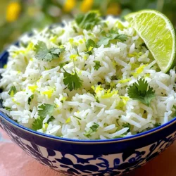 - 1 cup jasmine rice - 2 cups water - 1 tablespoon olive oil - 1 teaspoon salt - Zest of 1 lime - Juice of 1 lime - 1/4 cup fresh cilantro, chopped - 1/2 teaspoon garlic powder - 1/4 teaspoon black pepper - Optional: 1/4 teaspoon red pepper flakes for heat Each serving has about 200 calories. It contains 44 grams of carbs, 4 grams of protein, and 2 grams of fat. This dish offers a good mix of carbs for energy and some protein. For a tasty side, combine rice with fresh lime and cilantro. The zest adds bright flavor. The lime juice gives it a tangy kick. Cilantro adds freshness. You can even add red pepper flakes for some heat. This dish pairs great with many meals. You can find the full recipe above. First, rinse the jasmine rice under cold water. This step is key. Rinsing removes extra starch. It keeps the rice from clumping or being gummy. Once done, add the rinsed rice to a medium saucepan. Pour in 2 cups of water and 1 teaspoon of salt. Bring it to a boil over medium-high heat. When it starts to boil, reduce the heat to low. Cover the saucepan and let it simmer for about 15 minutes. Your rice should be tender and the water should be absorbed. After that, remove the saucepan from heat. Let it sit, covered, for 5 more minutes. This helps the rice steam and become fluffy. Now, it's time to add flavor. Fluff the rice gently with a fork. This keeps it light. Next, mix in 1 tablespoon of olive oil. Then, add the zest and juice of 1 lime. Don't forget to stir in 1/4 cup of fresh chopped cilantro. For extra flavor, sprinkle in 1/2 teaspoon of garlic powder and 1/4 teaspoon of black pepper. If you like heat, add 1/4 teaspoon of red pepper flakes. Mix everything together until it’s well combined. After mixing, taste your rice. If you want more zing, add extra lime juice or salt. Adjust it to your liking. Your zesty cilantro lime rice is now ready to serve! It looks great in a bright bowl. Garnish it with extra cilantro and a lime wedge. Enjoy it alongside grilled veggies or your favorite protein for a complete meal. For more details, check out the Full Recipe. To prevent gummy rice, always rinse jasmine rice first. This step removes extra starch. Rinse until the water runs clear. For optimal fluffiness, steam the rice after cooking. Let it sit, covered, for five more minutes. This helps the grains separate and become light. You can add more spices or herbs for extra flavor. Try cumin or paprika for warmth. Fresh parsley works well too. Adjust lime and salt to fit your taste. Some may like a bit more lime juice or salt. Taste as you go to find your perfect mix. For a fresh look, serve rice in a colorful bowl. Garnish with cilantro leaves and a lime wedge. This makes the dish pop. Pair it with grilled veggies or your favorite protein for a full meal. Store leftovers in an airtight container in the fridge. This keeps the rice fresh for up to three days. {{image_2}} You can take Zesty Cilantro Lime Rice to new levels. Adding vegetables like peas or bell peppers brings color and crunch. Just stir them in during the last few minutes of cooking. This makes the dish more fun and nutritious. You can also use beans for a heartier meal. Black beans or pinto beans work well. They add protein and fiber, making this rice dish more filling. Experimenting with herbs can change the taste. Instead of cilantro, try fresh parsley or basil. Each herb brings a unique flavor. You can also switch up the citrus. Use lemon or orange juice for a different twist. Each citrus adds its own zing, which can brighten the rice even more. Zesty Cilantro Lime Rice pairs well with grilled meats. Chicken, beef, or fish make great choices. If you want a vegetarian option, serve it with grilled veggies or tofu. You can also use this rice as a base for burrito bowls. Just layer it with your favorite toppings like beans, cheese, and salsa. This makes for a fun and tasty meal! Store your zesty cilantro lime rice in an airtight container. This helps keep the rice fresh. Place it in the fridge for up to four days. After that, the flavor may fade, and the texture could change. If you want to save some for later, freezing is a great option. First, let the rice cool completely. Then, place it in a freezer bag or container. Make sure to remove as much air as possible. This helps prevent freezer burn. You can freeze it for up to three months. When ready to eat, thaw it in the fridge overnight. This keeps the rice's texture nice. To reheat, use a microwave or stovetop. If using a microwave, add a splash of water. This keeps the rice moist. Heat it in short bursts, stirring in between. On the stovetop, warm it gently over low heat. Add more lime juice or fresh cilantro to boost flavor. This way, your rice stays zesty and fresh! Cooked cilantro lime rice lasts about 4 to 5 days in the fridge. Store it in an airtight container. Make sure it cools down before sealing to keep it fresh. Yes, you can use brown rice. Just know that it takes longer to cook. Brown rice needs about 40 to 45 minutes. Adjust the water to about 2 1/2 cups for best results. You can serve this rice with many dishes. It pairs well with grilled chicken, shrimp, or fish. You can also enjoy it with beans, grilled veggies, or tacos for a complete meal. Absolutely! You can make the rice a day ahead. Just keep it in the fridge. When ready to serve, reheat it gently and add fresh lime juice and cilantro for flavor. Yes, this rice dish is gluten-free. All the ingredients are gluten-free, making it a great side for anyone with dietary needs. Enjoy this tasty, zesty side dish with confidence. For the full recipe, check out the detailed instructions above! This article detailed how to make Zesty Cilantro Lime Rice. We covered main ingredients like jasmine rice, lime, and cilantro. I walked you through simple steps, tips for perfect texture, and storage methods. Adding veggies or spices can enhance flavor further. Keep this rice recipe handy; it pairs well with many dishes. Enjoy experimenting and sharing this fresh side with your meals!
