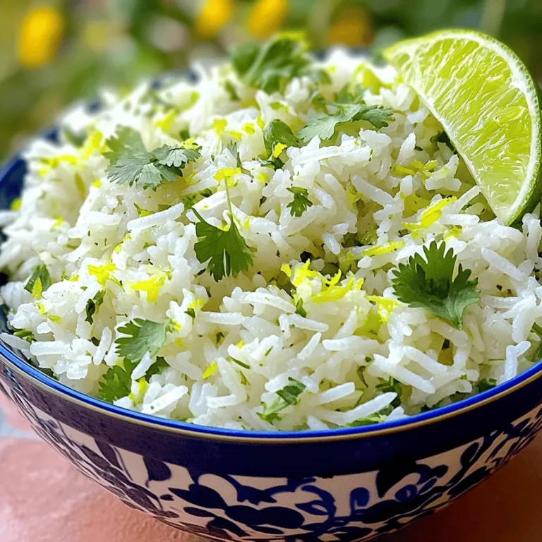 - 1 cup jasmine rice - 2 cups water - 1 tablespoon olive oil - 1 teaspoon salt - Zest of 1 lime - Juice of 1 lime - 1/4 cup fresh cilantro, chopped - 1/2 teaspoon garlic powder - 1/4 teaspoon black pepper - Optional: 1/4 teaspoon red pepper flakes for heat Each serving has about 200 calories. It contains 44 grams of carbs, 4 grams of protein, and 2 grams of fat. This dish offers a good mix of carbs for energy and some protein. For a tasty side, combine rice with fresh lime and cilantro. The zest adds bright flavor. The lime juice gives it a tangy kick. Cilantro adds freshness. You can even add red pepper flakes for some heat. This dish pairs great with many meals. You can find the full recipe above. First, rinse the jasmine rice under cold water. This step is key. Rinsing removes extra starch. It keeps the rice from clumping or being gummy. Once done, add the rinsed rice to a medium saucepan. Pour in 2 cups of water and 1 teaspoon of salt. Bring it to a boil over medium-high heat. When it starts to boil, reduce the heat to low. Cover the saucepan and let it simmer for about 15 minutes. Your rice should be tender and the water should be absorbed. After that, remove the saucepan from heat. Let it sit, covered, for 5 more minutes. This helps the rice steam and become fluffy. Now, it's time to add flavor. Fluff the rice gently with a fork. This keeps it light. Next, mix in 1 tablespoon of olive oil. Then, add the zest and juice of 1 lime. Don't forget to stir in 1/4 cup of fresh chopped cilantro. For extra flavor, sprinkle in 1/2 teaspoon of garlic powder and 1/4 teaspoon of black pepper. If you like heat, add 1/4 teaspoon of red pepper flakes. Mix everything together until it’s well combined. After mixing, taste your rice. If you want more zing, add extra lime juice or salt. Adjust it to your liking. Your zesty cilantro lime rice is now ready to serve! It looks great in a bright bowl. Garnish it with extra cilantro and a lime wedge. Enjoy it alongside grilled veggies or your favorite protein for a complete meal. For more details, check out the Full Recipe. To prevent gummy rice, always rinse jasmine rice first. This step removes extra starch. Rinse until the water runs clear. For optimal fluffiness, steam the rice after cooking. Let it sit, covered, for five more minutes. This helps the grains separate and become light. You can add more spices or herbs for extra flavor. Try cumin or paprika for warmth. Fresh parsley works well too. Adjust lime and salt to fit your taste. Some may like a bit more lime juice or salt. Taste as you go to find your perfect mix. For a fresh look, serve rice in a colorful bowl. Garnish with cilantro leaves and a lime wedge. This makes the dish pop. Pair it with grilled veggies or your favorite protein for a full meal. Store leftovers in an airtight container in the fridge. This keeps the rice fresh for up to three days. {{image_2}} You can take Zesty Cilantro Lime Rice to new levels. Adding vegetables like peas or bell peppers brings color and crunch. Just stir them in during the last few minutes of cooking. This makes the dish more fun and nutritious. You can also use beans for a heartier meal. Black beans or pinto beans work well. They add protein and fiber, making this rice dish more filling. Experimenting with herbs can change the taste. Instead of cilantro, try fresh parsley or basil. Each herb brings a unique flavor. You can also switch up the citrus. Use lemon or orange juice for a different twist. Each citrus adds its own zing, which can brighten the rice even more. Zesty Cilantro Lime Rice pairs well with grilled meats. Chicken, beef, or fish make great choices. If you want a vegetarian option, serve it with grilled veggies or tofu. You can also use this rice as a base for burrito bowls. Just layer it with your favorite toppings like beans, cheese, and salsa. This makes for a fun and tasty meal! Store your zesty cilantro lime rice in an airtight container. This helps keep the rice fresh. Place it in the fridge for up to four days. After that, the flavor may fade, and the texture could change. If you want to save some for later, freezing is a great option. First, let the rice cool completely. Then, place it in a freezer bag or container. Make sure to remove as much air as possible. This helps prevent freezer burn. You can freeze it for up to three months. When ready to eat, thaw it in the fridge overnight. This keeps the rice's texture nice. To reheat, use a microwave or stovetop. If using a microwave, add a splash of water. This keeps the rice moist. Heat it in short bursts, stirring in between. On the stovetop, warm it gently over low heat. Add more lime juice or fresh cilantro to boost flavor. This way, your rice stays zesty and fresh! Cooked cilantro lime rice lasts about 4 to 5 days in the fridge. Store it in an airtight container. Make sure it cools down before sealing to keep it fresh. Yes, you can use brown rice. Just know that it takes longer to cook. Brown rice needs about 40 to 45 minutes. Adjust the water to about 2 1/2 cups for best results. You can serve this rice with many dishes. It pairs well with grilled chicken, shrimp, or fish. You can also enjoy it with beans, grilled veggies, or tacos for a complete meal. Absolutely! You can make the rice a day ahead. Just keep it in the fridge. When ready to serve, reheat it gently and add fresh lime juice and cilantro for flavor. Yes, this rice dish is gluten-free. All the ingredients are gluten-free, making it a great side for anyone with dietary needs. Enjoy this tasty, zesty side dish with confidence. For the full recipe, check out the detailed instructions above! This article detailed how to make Zesty Cilantro Lime Rice. We covered main ingredients like jasmine rice, lime, and cilantro. I walked you through simple steps, tips for perfect texture, and storage methods. Adding veggies or spices can enhance flavor further. Keep this rice recipe handy; it pairs well with many dishes. Enjoy experimenting and sharing this fresh side with your meals!
