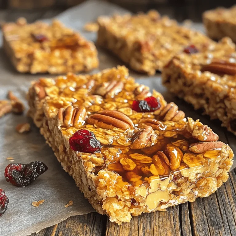 - 2 cups rolled oats - 1 cup chopped pecans - 1/2 cup almond butter - 1/2 cup maple syrup - 1/4 cup honey These ingredients create a tasty and hearty base for your granola bars. The rolled oats give a chewy texture. Chopped pecans add a nice crunch and rich flavor. Almond butter serves as a creamy binder, while maple syrup and honey provide natural sweetness. - 1/2 cup dried cranberries or raisins - 1/2 teaspoon vanilla extract - 1/2 teaspoon cinnamon - 1/4 teaspoon salt You can add dried cranberries or raisins for a fruity twist. Vanilla extract enhances the flavor, while cinnamon adds warmth. The salt balances the sweetness, making each bite more enjoyable. - Caloric value per serving: About 150 calories per bar - Macros breakdown: - Carbs: 20g - Protein: 4g - Fats: 6g Each bar is packed with energy, making it a great snack. The oats provide fiber, while pecans offer healthy fats. Maple syrup and honey are natural sweeteners that bring vitamins and minerals. These bars are not just tasty; they are also good for you! For the full recipe, check out the [Full Recipe]. Start by preheating your oven to 350°F (175°C). This step is key for even baking. Next, line an 8x8-inch baking dish with parchment paper. Leave some paper hanging over the edges. This makes it easy to lift out the bars later. Measuring your ingredients correctly is very important. Accurate amounts lead to better texture and taste. Use a measuring cup for dry ingredients and a liquid measuring cup for sticky ones like almond butter and maple syrup. In a large bowl, combine 2 cups of rolled oats and 1 cup of chopped pecans. Mix these until they are evenly combined. This mixture is the base of your bars. Next, melt the almond butter mixture. In a small saucepan, add 1/2 cup of almond butter, 1/2 cup of maple syrup, and 1/4 cup of honey. Add 1/2 teaspoon of vanilla extract, 1/2 teaspoon of cinnamon, and 1/4 teaspoon of salt. Heat this over low heat. Stir until smooth, which takes about 3-5 minutes. Once melted, pour this mixture over your oats and pecans. If you want, add 1/2 cup of dried cranberries or raisins. Mix well until the oats and nuts are fully coated. Now, transfer the mixture to your prepared baking dish. Press it down firmly and evenly. This helps the bars hold together after baking. Bake in the preheated oven for 20-25 minutes. Look for golden brown edges. Check them often to avoid over-baking. After baking, remove the dish from the oven. Let it cool in the pan for about 10 minutes. Use the parchment paper to lift the bars out and place them on a wire rack to cool completely. When cool, cut them into bars or squares. Store your delicious maple pecan granola bars in an airtight container at room temperature for up to a week. For longer freshness, keep them in the fridge. For the full recipe, you can refer to the complete instructions provided earlier. To avoid crumbly bars, make sure to press the mixture firmly into the pan. Use a spatula or a flat object to pack it down evenly. This helps the bars stick together after baking. If your bars still crumble, try adding more almond butter or honey. These ingredients act as glue. Let the bars cool in the pan for about 10 minutes. Then, carefully lift them out using the parchment paper. Place them on a wire rack to cool fully. This step keeps them from getting soggy. Once they are cool, cut them into bars or squares. Use a sharp knife for clean edges. You can make these bars your own by adding different nuts or seeds. Almonds, walnuts, or chia seeds work great. Each option brings a unique flavor and texture. Mix it up to keep things fun! Incorporating spices can also add extra flavor. Try adding a pinch of nutmeg or a dash of ginger. You can even mix in cocoa powder for a chocolate twist. These small changes can make a big difference in taste. Preparing ingredients ahead of time saves you effort. Measure out your oats, nuts, and other items in advance. Store them in sealed bags or containers. This will make your baking day smoother. Freezing the bars is a great option for longer storage. After cutting, wrap each bar in plastic wrap. Then, place them in a freezer bag. They can stay fresh for up to three months. Just thaw them in the fridge overnight before enjoying. For the full recipe, check out the Crunchy Maple Pecan Granola Bars. {{image_2}} You can easily change the flavor of your maple pecan granola bars. Adding chocolate chips makes them sweeter. Use dark chocolate for a rich taste. You can also switch up the nuts. Try walnuts, almonds, or hazelnuts for a new twist. If you want to use a different sweetener, agave syrup or coconut sugar works well. These options give you control over taste and health. If you are vegan, you can make these bars using plant-based ingredients. Substitute almond butter with sunflower seed butter. You can also replace honey with more maple syrup. This keeps the bars sweet and vegan-friendly. For gluten-free options, choose certified gluten-free oats. This change makes them safe for those with gluten issues. These granola bars pair well with yogurt. Just crumble them on top of your favorite yogurt for extra crunch. You can also enjoy them with smoothies. They make a great snack for meal prep. Pack them for lunch or a quick breakfast on the go. They are filling and tasty, perfect for busy days. Store your Maple Pecan Granola Bars in an airtight container. This keeps them fresh and tasty. You can keep them at room temperature or in the fridge. Room temperature storage works well for a week. If you want them to last longer, store them in the fridge. These bars stay fresh for about one week at room temperature. In the fridge, they can last up to two weeks. Look for signs of spoilage. If they smell off or have an unusual color, it's time to toss them. If your bars become hard, warm them for a few seconds in the microwave. This makes them soft and chewy again. You can also crumble stale bars over yogurt or ice cream for a tasty treat. For a fun snack, mix crumbled bars with fresh fruit and nuts. You can use seeds instead of nuts. Try sunflower seeds or pumpkin seeds. These add crunch and flavor. You can also mix in coconut flakes for a different texture. If you want a different nut butter, try peanut butter or cashew butter. For a seed option, use sunflower seed butter. Each will give a unique taste but still bind your bars well. Yes, you can! Use certified gluten-free oats. Also, check that your almond butter and any sweeteners are gluten-free. This way, you can enjoy your bars without worry. Granola bars can last up to a week at room temperature. Store them in an airtight container. For longer freshness, keep them in the fridge. If they feel hard, you can warm them slightly to soften. Maple pecan granola bars are easy to make with simple, tasty ingredients. You can customize them to suit your taste. Whether you want chocolate or different nuts, the options are endless. Store them well to keep them fresh and delicious. Remember to follow the tips to avoid crumbling. Making these bars is fun and rewarding. You’ll enjoy healthy snacks that fit your diet. Try them out and treat yourself to a yummy bite!