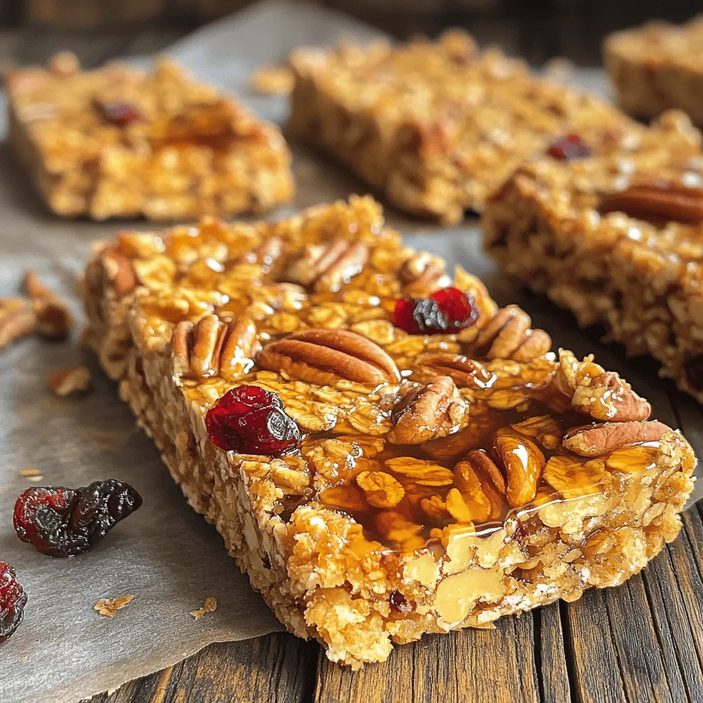- 2 cups rolled oats - 1 cup chopped pecans - 1/2 cup almond butter - 1/2 cup maple syrup - 1/4 cup honey These ingredients create a tasty and hearty base for your granola bars. The rolled oats give a chewy texture. Chopped pecans add a nice crunch and rich flavor. Almond butter serves as a creamy binder, while maple syrup and honey provide natural sweetness. - 1/2 cup dried cranberries or raisins - 1/2 teaspoon vanilla extract - 1/2 teaspoon cinnamon - 1/4 teaspoon salt You can add dried cranberries or raisins for a fruity twist. Vanilla extract enhances the flavor, while cinnamon adds warmth. The salt balances the sweetness, making each bite more enjoyable. - Caloric value per serving: About 150 calories per bar - Macros breakdown: - Carbs: 20g - Protein: 4g - Fats: 6g Each bar is packed with energy, making it a great snack. The oats provide fiber, while pecans offer healthy fats. Maple syrup and honey are natural sweeteners that bring vitamins and minerals. These bars are not just tasty; they are also good for you! For the full recipe, check out the [Full Recipe]. Start by preheating your oven to 350°F (175°C). This step is key for even baking. Next, line an 8x8-inch baking dish with parchment paper. Leave some paper hanging over the edges. This makes it easy to lift out the bars later. Measuring your ingredients correctly is very important. Accurate amounts lead to better texture and taste. Use a measuring cup for dry ingredients and a liquid measuring cup for sticky ones like almond butter and maple syrup. In a large bowl, combine 2 cups of rolled oats and 1 cup of chopped pecans. Mix these until they are evenly combined. This mixture is the base of your bars. Next, melt the almond butter mixture. In a small saucepan, add 1/2 cup of almond butter, 1/2 cup of maple syrup, and 1/4 cup of honey. Add 1/2 teaspoon of vanilla extract, 1/2 teaspoon of cinnamon, and 1/4 teaspoon of salt. Heat this over low heat. Stir until smooth, which takes about 3-5 minutes. Once melted, pour this mixture over your oats and pecans. If you want, add 1/2 cup of dried cranberries or raisins. Mix well until the oats and nuts are fully coated. Now, transfer the mixture to your prepared baking dish. Press it down firmly and evenly. This helps the bars hold together after baking. Bake in the preheated oven for 20-25 minutes. Look for golden brown edges. Check them often to avoid over-baking. After baking, remove the dish from the oven. Let it cool in the pan for about 10 minutes. Use the parchment paper to lift the bars out and place them on a wire rack to cool completely. When cool, cut them into bars or squares. Store your delicious maple pecan granola bars in an airtight container at room temperature for up to a week. For longer freshness, keep them in the fridge. For the full recipe, you can refer to the complete instructions provided earlier. To avoid crumbly bars, make sure to press the mixture firmly into the pan. Use a spatula or a flat object to pack it down evenly. This helps the bars stick together after baking. If your bars still crumble, try adding more almond butter or honey. These ingredients act as glue. Let the bars cool in the pan for about 10 minutes. Then, carefully lift them out using the parchment paper. Place them on a wire rack to cool fully. This step keeps them from getting soggy. Once they are cool, cut them into bars or squares. Use a sharp knife for clean edges. You can make these bars your own by adding different nuts or seeds. Almonds, walnuts, or chia seeds work great. Each option brings a unique flavor and texture. Mix it up to keep things fun! Incorporating spices can also add extra flavor. Try adding a pinch of nutmeg or a dash of ginger. You can even mix in cocoa powder for a chocolate twist. These small changes can make a big difference in taste. Preparing ingredients ahead of time saves you effort. Measure out your oats, nuts, and other items in advance. Store them in sealed bags or containers. This will make your baking day smoother. Freezing the bars is a great option for longer storage. After cutting, wrap each bar in plastic wrap. Then, place them in a freezer bag. They can stay fresh for up to three months. Just thaw them in the fridge overnight before enjoying. For the full recipe, check out the Crunchy Maple Pecan Granola Bars. {{image_2}} You can easily change the flavor of your maple pecan granola bars. Adding chocolate chips makes them sweeter. Use dark chocolate for a rich taste. You can also switch up the nuts. Try walnuts, almonds, or hazelnuts for a new twist. If you want to use a different sweetener, agave syrup or coconut sugar works well. These options give you control over taste and health. If you are vegan, you can make these bars using plant-based ingredients. Substitute almond butter with sunflower seed butter. You can also replace honey with more maple syrup. This keeps the bars sweet and vegan-friendly. For gluten-free options, choose certified gluten-free oats. This change makes them safe for those with gluten issues. These granola bars pair well with yogurt. Just crumble them on top of your favorite yogurt for extra crunch. You can also enjoy them with smoothies. They make a great snack for meal prep. Pack them for lunch or a quick breakfast on the go. They are filling and tasty, perfect for busy days. Store your Maple Pecan Granola Bars in an airtight container. This keeps them fresh and tasty. You can keep them at room temperature or in the fridge. Room temperature storage works well for a week. If you want them to last longer, store them in the fridge. These bars stay fresh for about one week at room temperature. In the fridge, they can last up to two weeks. Look for signs of spoilage. If they smell off or have an unusual color, it's time to toss them. If your bars become hard, warm them for a few seconds in the microwave. This makes them soft and chewy again. You can also crumble stale bars over yogurt or ice cream for a tasty treat. For a fun snack, mix crumbled bars with fresh fruit and nuts. You can use seeds instead of nuts. Try sunflower seeds or pumpkin seeds. These add crunch and flavor. You can also mix in coconut flakes for a different texture. If you want a different nut butter, try peanut butter or cashew butter. For a seed option, use sunflower seed butter. Each will give a unique taste but still bind your bars well. Yes, you can! Use certified gluten-free oats. Also, check that your almond butter and any sweeteners are gluten-free. This way, you can enjoy your bars without worry. Granola bars can last up to a week at room temperature. Store them in an airtight container. For longer freshness, keep them in the fridge. If they feel hard, you can warm them slightly to soften. Maple pecan granola bars are easy to make with simple, tasty ingredients. You can customize them to suit your taste. Whether you want chocolate or different nuts, the options are endless. Store them well to keep them fresh and delicious. Remember to follow the tips to avoid crumbling. Making these bars is fun and rewarding. You’ll enjoy healthy snacks that fit your diet. Try them out and treat yourself to a yummy bite!