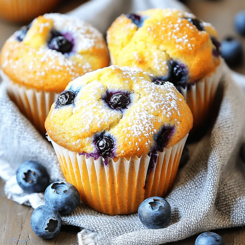 To make delicious lemon blueberry muffins, you need these simple ingredients: - 1 ½ cups all-purpose flour - 1 cup fresh blueberries (or frozen) - ½ cup granulated sugar - 2 teaspoons baking powder - ½ teaspoon baking soda - ½ teaspoon salt - 1 large egg - ½ cup plain Greek yogurt - ⅓ cup vegetable oil - 2 tablespoons fresh lemon juice - Zest of 1 lemon - 1 teaspoon vanilla extract Using fresh ingredients makes a big difference. The blueberries give a sweet burst, while the lemon adds a bright zing. I recommend using Greek yogurt for added moisture. It helps keep the muffins soft and fluffy. When you gather your ingredients, take a moment to appreciate them. Fresh blueberries are not only tasty; they are also packed with nutrients. The lemon zest is key for flavor. It brings out the freshness in each bite. For the best results, measure your ingredients accurately. This ensures your muffins rise perfectly and have a great texture. Now that you have your ingredients ready, you can follow the full recipe to create these tasty treats! 1. Preheat your oven to 375°F (190°C). This helps the muffins bake evenly. 2. Line a muffin tin with paper liners or grease it with cooking spray. 3. In a medium bowl, mix the dry ingredients: flour, sugar, baking powder, baking soda, and salt. 4. In a separate large bowl, combine the wet ingredients: egg, Greek yogurt, vegetable oil, lemon juice, lemon zest, and vanilla extract. Mix until smooth. 1. Gradually add the dry ingredients to the wet mix. Stir gently until just combined. 2. Be careful not to overmix; the batter should look slightly lumpy. 3. Gently fold in the blueberries using a spatula. This ensures they spread evenly. 1. Spoon the muffin batter into each muffin cup, filling them about ¾ full. 2. Bake for 18-22 minutes. A toothpick should come out clean from the center of a muffin. 3. After baking, let the muffins cool in the pan for about 5 minutes. 4. Transfer them to a wire rack to cool completely. For the complete recipe, check the Full Recipe section. Enjoy your baking journey! To avoid overmixing the batter, mix gently. Stir until the dry ingredients are just combined with the wet. Lumpy batter is okay. Overmixing makes muffins tough. For even baking, place the muffin tin in the center of your oven. This allows hot air to flow around the muffins. Rotate the tin halfway through baking for best results. You can add a pinch of cinnamon for warmth. A dash of nutmeg also works well. Try using brown sugar instead of white for a richer taste. For toppings, a lemon glaze adds a touch of sweetness. A sprinkle of powdered sugar looks nice too. Fresh lemon zest on top gives a bright finish. To serve, place muffins on a pretty plate. A light dusting of powdered sugar makes them look fancy. Add a few fresh blueberries as a garnish for color. Pair your muffins with hot tea or fresh coffee. A tall glass of cold milk also works well. These drinks balance the muffins' sweet and tart flavors. {{image_2}} You can make your lemon blueberry muffins even better! Try adding nuts or seeds. Chopped walnuts or sunflower seeds add a nice crunch. You can also use different fruits or extracts. Try raspberries or strawberries for a twist. Almond or coconut extract can give a new flavor. If you need gluten-free muffins, you can swap all-purpose flour with gluten-free flour. This keeps the muffins soft and moist. For vegan muffins, replace the egg with a flaxseed mixture. Mix one tablespoon of flaxseed with three tablespoons of water. Let it sit for a few minutes until it thickens. You can also use plant-based yogurt instead of Greek yogurt. You can make mini muffins or regular-sized muffins. Mini muffins are great for snacks or parties. They bake quicker too, usually around 12-15 minutes. Regular muffins take about 18-22 minutes. Check them with a toothpick to see if they're done. Adjusting the baking time helps you get the perfect muffin size. To keep your lemon blueberry muffins fresh, use an airtight container. This helps maintain moisture and flavor. You can also wrap them in plastic wrap before placing them in the container. For longer storage, consider freezing them. Place the muffins in a freezer-safe bag. Remove as much air as possible before sealing. This prevents freezer burn and keeps them tasty. At room temperature, these muffins last about 2 to 3 days. Store them in a cool, dry place to avoid moisture. If you place them in the fridge, they can last up to a week. However, refrigeration can make them a bit dry. Freezing is a better option for longer storage. When frozen, they can last for up to 3 months. To reheat your muffins, use the oven for best results. Preheat the oven to 350°F (175°C). Place the muffins on a baking sheet and warm them for about 10 minutes. This keeps them soft and fluffy. If you’re in a hurry, you can use the microwave. Heat each muffin for 15 to 20 seconds. Add a small cup of water in the microwave to keep the muffins moist. How can I make my muffins more moist? To make your muffins moist, use Greek yogurt and don’t overmix the batter. You can also add more blueberries for extra moisture. If you want, try adding a splash more oil. This will add fat, which keeps your muffins soft. Can I substitute Greek yogurt with something else? Yes, you can use sour cream or buttermilk instead of Greek yogurt. Both options will add moisture. If you want a dairy-free option, try unsweetened almond milk with a splash of lemon juice. This will mimic the tang of yogurt. How do I know when my muffins are done baking? Check your muffins after 18 minutes. Insert a toothpick into the center. If it comes out clean, the muffins are done. If there is wet batter on the toothpick, bake for a few more minutes. Can I double the recipe? Sure! Doubling the recipe works well. Just make sure to use a larger bowl for mixing. You may also need to bake in batches if your oven has limited space. How can I adjust the sweetness level? To adjust sweetness, reduce the sugar in the recipe. If you prefer sweeter muffins, add a bit more sugar. You can also mix in a little honey or maple syrup for a different flavor. Caloric content per muffin Each muffin has about 180 calories. This can vary based on your ingredient choices and portion sizes. Health benefits of ingredients used Blueberries are rich in antioxidants. They help boost your immune system. Greek yogurt adds protein and probiotics, which support digestion. Lemon juice provides vitamin C, good for skin health. This blog post guides you through making delicious blueberry muffins. You learned about the right ingredients, step-by-step instructions, and useful tips for baking. We explored fun variations and storage methods to keep your muffins fresh. With these insights, you can confidently bake muffins that everyone will love. Enjoy sharing your tasty treats and experimenting with flavors. Happy baking!