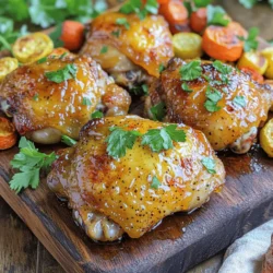 - 4 bone-in, skin-on chicken thighs - 1/4 cup honey - 1/4 cup Dijon mustard - 2 tablespoons olive oil - 3 cloves garlic, minced - 1 tablespoon apple cider vinegar - 1 teaspoon dried thyme - 1 teaspoon smoked paprika - Salt and pepper to taste - Fresh parsley, chopped (for garnish) Each serving of honey mustard chicken thighs has about 350 calories. It provides around 30 grams of protein, 20 grams of fat, and 8 grams of carbohydrates. This dish is a great source of flavor and nutrition. It offers a good balance for your meals. Using bone-in, skin-on chicken thighs keeps the meat tender and juicy. The honey adds sweetness, while the Dijon mustard gives a tangy kick. Olive oil helps brown the chicken nicely. Garlic, apple cider vinegar, thyme, and smoked paprika bring depth to the flavor. For more details, check the Full Recipe. 1. Preheat your oven to 400°F (200°C). This helps the chicken cook evenly. 2. In a medium bowl, whisk together the honey, Dijon mustard, olive oil, minced garlic, apple cider vinegar, thyme, smoked paprika, salt, and pepper. Mix well until smooth. This mixture is the star of the dish. 1. Next, place the chicken thighs in a large baking dish. Make sure the skin side is up. This helps achieve a nice crispy texture. 2. Pour the honey mustard mixture over the chicken. Coat each piece well. 3. Bake the chicken in the preheated oven for 30-35 minutes. The skin should turn golden brown. Check that the internal temperature reaches 165°F (75°C). 4. For extra crispy skin, broil the chicken for an additional 3-5 minutes at the end. Keep a close eye on it to prevent burning. 1. Once done, remove the chicken from the oven. Let it rest for about 5 minutes before serving. This helps the juices settle. 2. Garnish with fresh chopped parsley before serving. This adds a nice pop of color and flavor. You can find the full recipe above. Enjoy your meal! To make sure your chicken is fully cooked, use a meat thermometer. The safe internal temperature is 165°F (75°C). Insert it into the thickest part of the thigh, avoiding bone. This step helps you avoid undercooked meat. For crispy chicken skin, start with dry skin. Pat the chicken thighs with paper towels before you season them. This removes excess moisture. When you bake, make sure the skin faces up. Broiling at the end gives it an extra crispy finish. Just watch it closely so it doesn't burn. To boost the flavor, consider adding herbs like rosemary or oregano. These herbs pair well with honey and mustard. You can also try adding a pinch of cayenne pepper for a spicy kick. Adjusting sweetness is easy; add more honey for a sweeter dish. If you prefer tanginess, add more Dijon mustard or apple cider vinegar. For a beautiful presentation, serve the chicken on a rustic wooden board or large platter. Drizzle any leftover honey mustard sauce over the top for an elegant look. Add roasted vegetables or a fresh green salad on the side. This adds color and texture, making your meal more inviting. {{image_2}} You can switch out honey for other sweeteners. Maple syrup offers a warm flavor. Agave can add a nice sweetness too. For mustard, try whole grain for a grainy texture. Yellow mustard gives a milder taste. Both options work well in this dish. You can grill the chicken for a smoky flavor. Baking keeps the chicken juicy and tender. For slow cooking, use a crockpot. It makes the chicken very soft and full of flavor. Frying gives a crispy skin but adds more fat. Choose a method that fits your taste. Make this dish gluten-free by checking labels. Most mustard and honey are gluten-free. For keto or low-carb diets, reduce the honey. You can try a sugar-free sweetener to keep it low-carb. These changes help fit different diets while keeping the dish tasty. For the full recipe, check out the [Full Recipe]. To keep your honey mustard chicken thighs fresh, follow these tips: - Cool the chicken: Let your chicken cool to room temperature before storing it. - Use airtight containers: Store chicken in glass or plastic containers that seal well. This keeps moisture in and air out. Reheating properly helps keep the chicken tasty and juicy. Here’s how: - Oven method: Preheat your oven to 350°F (175°C). Place the chicken in a baking dish and cover it with foil. Heat for about 15-20 minutes. - Microwave method: Place chicken on a microwave-safe plate. Cover with a damp paper towel to keep it moist. Heat in short bursts, about 1-2 minutes, checking often. Freezing is a great way to save leftovers for later. Here’s how to do it right: - Wrap well: Wrap each piece of chicken in plastic wrap or foil. Then place in a freezer-safe bag. Remove as much air as possible. - Thawing: For best results, thaw chicken in the fridge overnight. If short on time, use the microwave's defrost setting. This storage info helps you enjoy your honey mustard chicken thighs longer. For the full recipe, check the earlier sections! How long does it take to cook honey mustard chicken thighs? It takes about 30 to 35 minutes to cook honey mustard chicken thighs in the oven. You should bake them at 400°F (200°C). This time ensures the chicken is juicy and cooked through. Always check the internal temperature; it should reach 165°F (75°C). Can I use boneless chicken thighs for this recipe? Yes, boneless chicken thighs work well in this recipe. They will cook a bit faster, so check them after 25 minutes. The honey mustard sauce will still coat them nicely, giving great flavor. What sides pair well with honey mustard chicken thighs? You can serve honey mustard chicken thighs with many sides. Roasted vegetables are a great choice. Mashed potatoes or a fresh green salad also pair nicely. Try garlic bread or rice for a filling meal. How to incorporate leftovers in other dishes? Leftovers can be a treasure! Chop the chicken and add it to salads or wraps. You can mix it into a stir-fry or pasta, too. Honey mustard chicken adds great flavor to any dish. Can I marinate the chicken ahead of time? Absolutely! Marinating the chicken for a few hours or overnight will enhance the flavor. Just keep it in the fridge while marinating for the best results. What is the best way to determine if chicken is cooked through? The best way to check if chicken is cooked is to use a meat thermometer. Insert it into the thickest part of the thigh. If it reads 165°F (75°C), your chicken is ready to eat. If you don't have a thermometer, cut into the thickest part. The juices should run clear, not pink. This blog shared a tasty recipe for honey mustard chicken thighs. We covered ingredients, step-by-step cooking, and storage tips. I included variations to cater to different diets and preferences. By using simple methods, you can enjoy a delicious meal. Always ensure your chicken is cooked right. Remember to try new flavors and enjoy! Happy cooking!