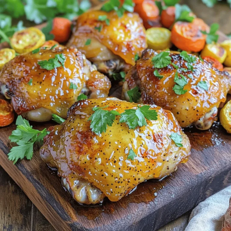 - 4 bone-in, skin-on chicken thighs - 1/4 cup honey - 1/4 cup Dijon mustard - 2 tablespoons olive oil - 3 cloves garlic, minced - 1 tablespoon apple cider vinegar - 1 teaspoon dried thyme - 1 teaspoon smoked paprika - Salt and pepper to taste - Fresh parsley, chopped (for garnish) Each serving of honey mustard chicken thighs has about 350 calories. It provides around 30 grams of protein, 20 grams of fat, and 8 grams of carbohydrates. This dish is a great source of flavor and nutrition. It offers a good balance for your meals. Using bone-in, skin-on chicken thighs keeps the meat tender and juicy. The honey adds sweetness, while the Dijon mustard gives a tangy kick. Olive oil helps brown the chicken nicely. Garlic, apple cider vinegar, thyme, and smoked paprika bring depth to the flavor. For more details, check the Full Recipe. 1. Preheat your oven to 400°F (200°C). This helps the chicken cook evenly. 2. In a medium bowl, whisk together the honey, Dijon mustard, olive oil, minced garlic, apple cider vinegar, thyme, smoked paprika, salt, and pepper. Mix well until smooth. This mixture is the star of the dish. 1. Next, place the chicken thighs in a large baking dish. Make sure the skin side is up. This helps achieve a nice crispy texture. 2. Pour the honey mustard mixture over the chicken. Coat each piece well. 3. Bake the chicken in the preheated oven for 30-35 minutes. The skin should turn golden brown. Check that the internal temperature reaches 165°F (75°C). 4. For extra crispy skin, broil the chicken for an additional 3-5 minutes at the end. Keep a close eye on it to prevent burning. 1. Once done, remove the chicken from the oven. Let it rest for about 5 minutes before serving. This helps the juices settle. 2. Garnish with fresh chopped parsley before serving. This adds a nice pop of color and flavor. You can find the full recipe above. Enjoy your meal! To make sure your chicken is fully cooked, use a meat thermometer. The safe internal temperature is 165°F (75°C). Insert it into the thickest part of the thigh, avoiding bone. This step helps you avoid undercooked meat. For crispy chicken skin, start with dry skin. Pat the chicken thighs with paper towels before you season them. This removes excess moisture. When you bake, make sure the skin faces up. Broiling at the end gives it an extra crispy finish. Just watch it closely so it doesn't burn. To boost the flavor, consider adding herbs like rosemary or oregano. These herbs pair well with honey and mustard. You can also try adding a pinch of cayenne pepper for a spicy kick. Adjusting sweetness is easy; add more honey for a sweeter dish. If you prefer tanginess, add more Dijon mustard or apple cider vinegar. For a beautiful presentation, serve the chicken on a rustic wooden board or large platter. Drizzle any leftover honey mustard sauce over the top for an elegant look. Add roasted vegetables or a fresh green salad on the side. This adds color and texture, making your meal more inviting. {{image_2}} You can switch out honey for other sweeteners. Maple syrup offers a warm flavor. Agave can add a nice sweetness too. For mustard, try whole grain for a grainy texture. Yellow mustard gives a milder taste. Both options work well in this dish. You can grill the chicken for a smoky flavor. Baking keeps the chicken juicy and tender. For slow cooking, use a crockpot. It makes the chicken very soft and full of flavor. Frying gives a crispy skin but adds more fat. Choose a method that fits your taste. Make this dish gluten-free by checking labels. Most mustard and honey are gluten-free. For keto or low-carb diets, reduce the honey. You can try a sugar-free sweetener to keep it low-carb. These changes help fit different diets while keeping the dish tasty. For the full recipe, check out the [Full Recipe]. To keep your honey mustard chicken thighs fresh, follow these tips: - Cool the chicken: Let your chicken cool to room temperature before storing it. - Use airtight containers: Store chicken in glass or plastic containers that seal well. This keeps moisture in and air out. Reheating properly helps keep the chicken tasty and juicy. Here’s how: - Oven method: Preheat your oven to 350°F (175°C). Place the chicken in a baking dish and cover it with foil. Heat for about 15-20 minutes. - Microwave method: Place chicken on a microwave-safe plate. Cover with a damp paper towel to keep it moist. Heat in short bursts, about 1-2 minutes, checking often. Freezing is a great way to save leftovers for later. Here’s how to do it right: - Wrap well: Wrap each piece of chicken in plastic wrap or foil. Then place in a freezer-safe bag. Remove as much air as possible. - Thawing: For best results, thaw chicken in the fridge overnight. If short on time, use the microwave's defrost setting. This storage info helps you enjoy your honey mustard chicken thighs longer. For the full recipe, check the earlier sections! How long does it take to cook honey mustard chicken thighs? It takes about 30 to 35 minutes to cook honey mustard chicken thighs in the oven. You should bake them at 400°F (200°C). This time ensures the chicken is juicy and cooked through. Always check the internal temperature; it should reach 165°F (75°C). Can I use boneless chicken thighs for this recipe? Yes, boneless chicken thighs work well in this recipe. They will cook a bit faster, so check them after 25 minutes. The honey mustard sauce will still coat them nicely, giving great flavor. What sides pair well with honey mustard chicken thighs? You can serve honey mustard chicken thighs with many sides. Roasted vegetables are a great choice. Mashed potatoes or a fresh green salad also pair nicely. Try garlic bread or rice for a filling meal. How to incorporate leftovers in other dishes? Leftovers can be a treasure! Chop the chicken and add it to salads or wraps. You can mix it into a stir-fry or pasta, too. Honey mustard chicken adds great flavor to any dish. Can I marinate the chicken ahead of time? Absolutely! Marinating the chicken for a few hours or overnight will enhance the flavor. Just keep it in the fridge while marinating for the best results. What is the best way to determine if chicken is cooked through? The best way to check if chicken is cooked is to use a meat thermometer. Insert it into the thickest part of the thigh. If it reads 165°F (75°C), your chicken is ready to eat. If you don't have a thermometer, cut into the thickest part. The juices should run clear, not pink. This blog shared a tasty recipe for honey mustard chicken thighs. We covered ingredients, step-by-step cooking, and storage tips. I included variations to cater to different diets and preferences. By using simple methods, you can enjoy a delicious meal. Always ensure your chicken is cooked right. Remember to try new flavors and enjoy! Happy cooking!