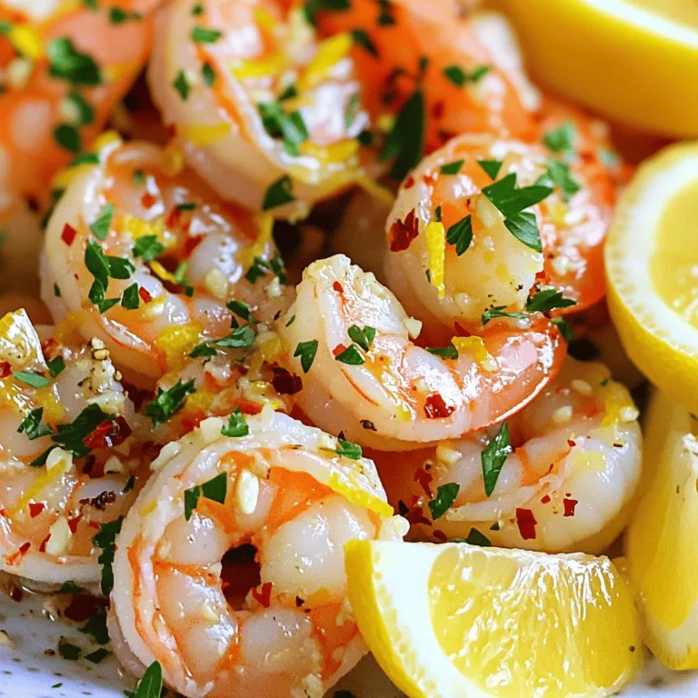 - 1 pound large shrimp, peeled and deveined - 4 tablespoons olive oil - 4 cloves garlic, minced - Zest of 1 lemon - 1/4 cup fresh lemon juice - 1/2 teaspoon red pepper flakes - Salt and pepper to taste - 2 tablespoons fresh parsley, chopped - Lemon wedges for serving The ingredients for zesty lemon garlic shrimp combine to create a bright flavor. The shrimp serve as the star of the dish, offering a sweet and tender bite. Olive oil adds richness, while garlic gives a strong, savory touch. The zest and juice from the lemon bring a sharp, fresh taste. Red pepper flakes add just the right amount of heat. You can adjust the amount based on your spice preference. Lastly, a sprinkle of parsley adds a pop of color and herbiness. This dish is simple yet effective. Each ingredient works together in harmony. You can find the full recipe to guide you through the process. Whether you are cooking for yourself or friends, this meal will impress. Start by taking your large shrimp and placing them in a bowl. Add 4 tablespoons of olive oil, 4 minced garlic cloves, the zest of one lemon, and 1/4 cup of fresh lemon juice. Toss everything well to coat the shrimp evenly. Add 1/2 teaspoon of red pepper flakes, along with salt and pepper to taste. This mix brings out the zesty flavor. Let the shrimp marinate for 15 to 30 minutes at room temperature. This step is key to infusing the shrimp with all those bright flavors. Now, heat a large skillet over medium-high heat. Once it's hot, carefully add your marinated shrimp along with the marinade. Cook the shrimp for about 2 to 3 minutes on each side. You know they are done when they turn pink and opaque. Keep an eye on them, so they don’t overcook. This quick cooking time helps keep them juicy and flavorful. Once the shrimp are cooked, remove the skillet from the heat. Sprinkle 2 tablespoons of fresh chopped parsley over the shrimp for a pop of color and flavor. Serve your zesty lemon garlic shrimp right away with lemon wedges on the side. This adds an extra zesty touch that everyone will love. For the full recipe, check out the details above! When selecting shrimp, you can choose between fresh and frozen. Fresh shrimp often have a sweet taste. However, frozen shrimp can be just as good if thawed properly. Look for shrimp that are firm, not mushy. For this recipe, I recommend using large shrimp. They hold up well to cooking and create a nice bite. To make your dish stand out, adjust red pepper flakes to your liking. If you want a little heat, start with half a teaspoon. You can always add more. Adding fresh herbs like basil or thyme can bring complexity to the dish. They enhance the lemon and garlic flavors nicely. You can cook the shrimp in a skillet or on a grill. A skillet is faster and allows for more control. If you grill, make sure to keep an eye on them. Overcooking shrimp makes them tough. Cook until they turn pink, about 2-3 minutes per side. This keeps them juicy and tender. For the full recipe, refer to the earlier section. {{image_2}} To make your dish hotter, add more red pepper flakes or a splash of hot sauce. This adds a nice kick and can elevate the flavors. Start with a pinch and taste as you go. You can always add more heat, but it's hard to take it away. If you love creamy dishes, try mixing in heavy cream. This makes the sauce richer and adds a new layer of flavor. Just pour in the cream after cooking the shrimp. Stir it gently until it warms up. This variation is perfect for those who enjoy a more decadent meal. Zesty lemon garlic shrimp pairs well with many sides. Try serving it over pasta for a hearty meal. Rice also works great, soaking up the sauce. For a lighter option, serve it on a fresh salad. Each choice brings out the shrimp's bright flavors. Check out the Full Recipe to explore more ideas. To store leftover zesty lemon garlic shrimp, place it in an airtight container. Make sure to cool the shrimp to room temperature first. This helps keep it fresh. Store it in the fridge for up to three days. When you reheat, do so gently to avoid overcooking. If you want to freeze the shrimp, follow these steps: - Let the shrimp cool completely. - Place it in a freezer-safe bag or container. - Remove as much air as possible to prevent freezer burn. - Label the bag with the date. To reheat, thaw the shrimp overnight in the fridge. Then, heat it in a skillet until warmed through. In the fridge, zesty lemon garlic shrimp lasts about three days. In the freezer, it can last up to three months. Always check for any off smells or changes in texture before eating. Proper storage keeps your meal safe and tasty! Yes, you can use frozen shrimp. To prepare, first thaw the shrimp. Place them in a bowl of cold water for about 15-20 minutes. Change the water halfway to speed up the thawing. After thawing, drain and pat them dry with a paper towel. This helps the shrimp absorb the flavors better. Zesty lemon garlic shrimp pairs well with many sides. Here are some tasty options: - Cooked rice or quinoa for a hearty base - Pasta tossed in olive oil or lemon sauce - Fresh green salad with a light dressing - Grilled vegetables for a healthy touch - Crusty bread to soak up the extra sauce You can tell shrimp are cooked when they turn pink and opaque. Here are some tips: - Look for a tight C-shape; if they curl tightly, they are done. - Cook the shrimp for 2-3 minutes on each side. - Avoid overcooking, as shrimp can become rubbery. To sum up, making zesty lemon garlic shrimp is simple and quick. You start with fresh shrimp, flavorful garlic, and lemon. Marinate for the best taste and cook until pink. Adjust spices to your liking and serve hot with lemon wedges. This dish is not just tasty but also versatile and easy to store. Whether you enjoy it spicy or with creamy twists, it will please anyone. Now, you can enjoy this delightful meal at home, impressing family and friends with your skills.