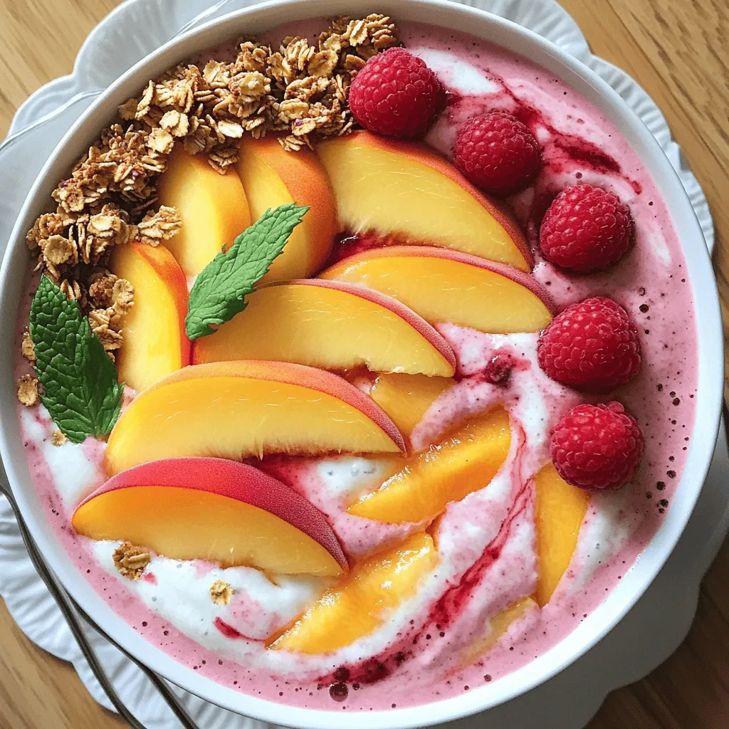 - Fresh Ingredients - 2 ripe peaches, pitted and sliced - 1 cup frozen raspberries - 1 banana, sliced - Fresh raspberries and peach slices (for garnish) - Mint leaves (for garnish, optional) - Pantry Staples - 1 cup almond milk (or any preferred milk) - 1 tablespoon honey or agave syrup - 1/2 teaspoon vanilla extract - 1/4 cup granola (for topping) Accurate measurement helps your Peach Melba Smoothie Bowl taste great. Use a kitchen scale for precision. If you don’t have one, use measuring cups. Make sure to level off dry ingredients to avoid too much sweetness or thickness. For liquids, fill your measuring cup to the line. - Dairy-Free Alternatives You can swap almond milk for oat milk, coconut milk, or soy milk. Each gives a unique flavor. If you want a creamier texture, use full-fat coconut milk. - Sweetener Options You can use maple syrup or agave nectar instead of honey. These options are vegan and still sweet. If you want less sweetness, try using ripe bananas. They add natural sugar and flavor. Feel free to check out the Full Recipe for all the steps to create this nourishing bowl! First, gather your fresh peaches and banana. Ripe peaches give the best flavor. Slice the peaches into thin wedges. This helps them blend easily. Next, take your banana and slice it into small pieces. This step makes blending smooth. For the frozen raspberries, open the bag and scoop out one cup. You don’t need to thaw them. Frozen raspberries add a nice chill to your bowl. They also give a bright color and tangy taste. Now, it’s time to blend. In your blender, add the sliced peaches, frozen raspberries, banana, and almond milk. Then, drizzle in the honey and vanilla extract. These sweeteners enhance the flavor. Blend on high until the mixture is smooth. If it seems thick, add a little more almond milk. Scrape the sides with a spatula if needed. You want a creamy texture that flows easily. Pour your blended mixture into a deep bowl. The vibrant colors should shine through. Next, it’s time to add toppings. Sprinkle granola on top for crunch. Then, place fresh raspberries and peach slices around the bowl. For a final touch, add mint leaves. They make your bowl look fresh and pretty. To present it nicely, create patterns with the fruits. Enjoy your Peach Melba Smoothie Bowl right away for the best taste! For the complete recipe, check out the Full Recipe. To boost the taste of your Peach Melba smoothie bowl, try adding extra fruits. You can use fruits like mango or strawberries. They add more sweetness and color. Using different milks can also change the flavor. Almond milk gives a nutty taste, while coconut milk adds a tropical vibe. Experiment to find what you love best! If you want your smoothie bowl to be more filling, consider adding protein. Greek yogurt is a great choice. It adds creaminess and helps you feel full. Another option is protein powder. You can blend it in for an easy boost. For fiber-rich additions, try adding chia seeds or oats. They mix well and keep you satisfied longer. A smoothie bowl is thicker than a regular smoothie. You can enjoy it with a spoon. This makes it fun to eat! The toppings add texture and crunch. In contrast, a traditional smoothie is sipped from a glass. The choice between the two depends on how you want to enjoy your flavors. {{image_2}} To make your Peach Melba Smoothie Bowl even more fun, try these twists: - Tropical Twist (Add Pineapple): Pineapple adds a sweet and tangy flavor. Just blend in 1/2 cup of fresh or frozen pineapple. It gives a fresh tropical vibe. - Berry Bliss (Substitute Mixed Berries): Instead of raspberries, you can use mixed berries. Try strawberries, blueberries, or blackberries. This change adds a burst of color and flavor. You can change this smoothie bowl with the seasons: - Summer Peach Melba: Use fresh peaches when they are in season. They taste sweeter and juicier. - Autumn Spiced Version: Add a pinch of cinnamon or nutmeg for a warm flavor. This makes your bowl cozy for fall. This smoothie bowl can fit into many diets: - Vegan Peach Melba Smoothie Bowl: Use maple syrup instead of honey. Substitute almond milk with any plant milk to keep it vegan. - Gluten-Free Options: The ingredients are naturally gluten-free. Just check your granola brand to ensure it fits your needs. With these variations, you can create a Peach Melba Smoothie Bowl that suits any taste or season. Enjoy your culinary adventure! For the full recipe, check out the [Full Recipe]. Keeping leftovers fresh is key. First, pour any extra smoothie into a clean, airtight container. Make sure to seal it tight. Place it in the fridge. Your smoothie will last for about one day. Shake or stir it well before serving again. This helps mix the ingredients that may separate. Want to save some for later? You can freeze the smoothie mix! Pour it into ice cube trays or freezer bags. If using bags, remove as much air as possible before sealing. This way, you can take out what you need later. The smoothie mix stays good for about one month in the freezer. To enjoy your frozen mix, just thaw it in the fridge overnight. If you’re in a hurry, use the microwave. Heat it in short bursts, around 30 seconds at a time. Stir in between heating. This keeps it smooth and tasty. Always check the temperature before drinking. Enjoy it fresh for the best flavor! To make a thicker smoothie bowl, focus on the fruit you use. Frozen fruit gives a nice texture. You can add less liquid too. Try reducing the almond milk to 3/4 cup. You can also add a bit of yogurt or nut butter for a creamier feel. Blend until smooth, but don’t overdo it. If it’s too thin, add more frozen raspberries or peaches. You can use fresh raspberries, but the texture will change. Fresh raspberries are softer and add less chill. If you want a cold smoothie bowl, consider adding ice. Fresh raspberries do taste great, but they may not thicken the bowl as much. If you prefer fresh, use about 1.5 cups to match the texture you want. Yes, you can prepare this smoothie bowl in advance. Make the smoothie mix and store it in a sealed container. Keep it in the fridge for up to 24 hours. Just before serving, stir well and add your toppings. If you want to freeze it, pour the mix into an ice cube tray. Once frozen, blend the cubes with a little almond milk for a quick treat. For the best taste, enjoy it fresh! Check out the Full Recipe for more details. This blog post covered how to make a delicious smoothie bowl. We discussed fresh and pantry ingredients, accurate measuring, and tasty substitutions. You learned step-by-step how to prepare, blend, and assemble your bowl. I shared tips to enhance flavor and texture, along with helpful storage info. You can customize the recipe seasonally and by dietary needs. Smoothie bowls are fun and versatile. Enjoy experimenting with different flavors and making it your own!