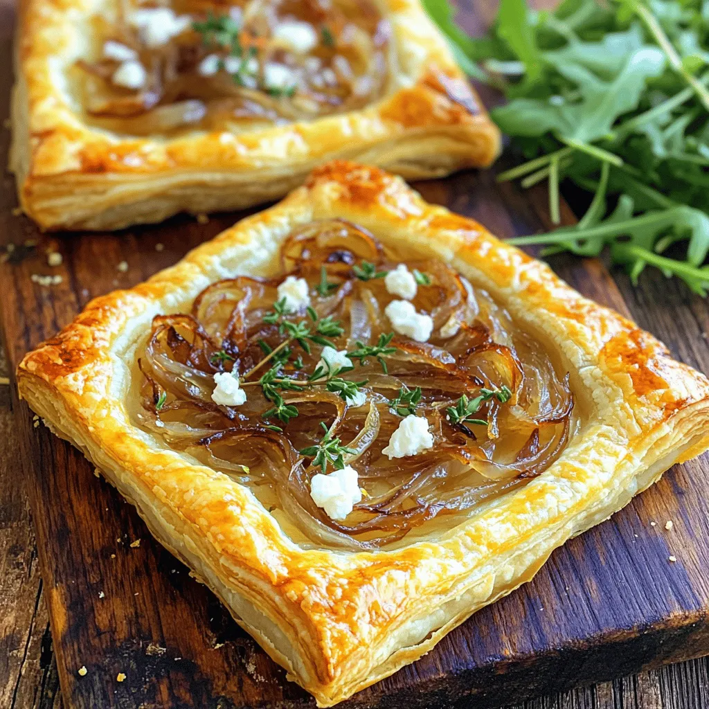 - 1 sheet of puff pastry, thawed - 4 large onions, thinly sliced - 2 tablespoons olive oil - 1 tablespoon balsamic vinegar - 1 teaspoon sugar - 6 oz goat cheese, crumbled - 1 teaspoon fresh thyme leaves - Salt and pepper to taste - 1 egg, beaten (for egg wash) - Fresh arugula for garnish (optional) - Tart pan - Large skillet - Rolling pin - Oven - Measuring cups and spoons To make this tart, you need a few simple items. The main thing is a sheet of puff pastry. You can find it in the freezer section of your store. Make sure to thaw it before use. You will use four large onions. Thinly slicing them is key. This helps the onions cook evenly. Olive oil will help caramelize the onions. Balsamic vinegar adds a nice sweet and tangy flavor. Sugar helps the onions caramelize more quickly. Goat cheese gives a creamy texture and a tangy taste. Fresh thyme leaves add a great herb flavor. Salt and pepper will bring everything together. Lastly, an egg wash makes the edges golden and pretty. Fresh arugula is optional but adds a nice touch when you serve the tart. Gather all your ingredients, and you're ready to create this delicious Caramelized Onion and Goat Cheese Tart. Remember to check out the Full Recipe for detailed steps! - Preheat the oven to 400°F (200°C). - Thaw the puff pastry and roll it out to fit the tart pan. - Heat olive oil in a skillet and add sliced onions. - Cook until softened and caramelized, adding balsamic vinegar and sugar. I love the rich flavor of caramelized onions. Start by heating the olive oil in your skillet. Make sure it's hot, but not smoking. Add the sliced onions and gently stir. You want them to soften and turn golden brown. This can take about 15 to 20 minutes. Once the onions look golden, add the balsamic vinegar and sugar. This mix brings out the sweetness. Stir well and season with salt and pepper. Cook for another 5 minutes. After that, take them off the heat and let them cool a bit. - Spread caramelized onions on the pastry. - Top with crumbled goat cheese and thyme leaves. - Brush edges with beaten egg and bake. Now comes the fun part—assembling the tart! Roll out your puff pastry until it fits your tart pan. Press it down, then prick the bottom with a fork. This step stops it from bubbling up as it bakes. Next, spread those sweet, caramelized onions evenly over the pastry. Crumble goat cheese on top for a tangy bite. Finish it off with fresh thyme leaves for a lovely aroma. Take your beaten egg and brush it along the edges of the pastry. This will give it a beautiful golden color when baked. Pop it in the oven for 25 to 30 minutes. Keep an eye on it; you want it golden brown and puffed! If you want the full recipe, check it out for more details. Enjoy your delicious creation! To make great caramelized onions, use a mix of yellow and red onions. This mix gives a nice depth of flavor. Stir occasionally but not constantly. This lets the sugars develop and brown nicely. When rolling out puff pastry, don’t overwork the dough. Overworking can make it tough. Prick the bottom with a fork to prevent bubbling. This keeps your tart flat and easy to slice. Arrange the tart on a wooden board for a rustic look. This adds charm to your dish. Garnish with fresh arugula for a pop of color. Serve at room temperature for the best flavor. You can find the full recipe for more details on this tart. {{image_2}} You can play with the cheese in this tart. Try using ricotta or feta cheese instead of goat cheese. Each brings a new flavor. If you want a smoky taste, add cooked bacon or sautéed mushrooms. These ingredients boost the flavor and make the tart more filling. Herbs can change the taste of your tart. If you prefer a different flavor, switch thyme with rosemary or oregano. Both herbs provide unique tastes and pair well with onions and cheese. Make your tart even better by adding seasonal vegetables. Zucchini and bell peppers are great choices. They add color and nutrients. Plus, you can use whatever is fresh at the market. Enjoy exploring new flavors! For the full recipe, check out the details above. Allow the tart to cool completely before storing it. Use an airtight container to keep it fresh. This helps maintain flavor and texture for later. Reheat the tart in the oven at 350°F (175°C). This method ensures a crispy crust and warm filling. Avoid using the microwave, as it can make the tart soggy. You can freeze the unbaked tart assembled for later baking. Wrap it tightly in plastic wrap, then place it in a freezer bag. When you're ready, bake it straight from the freezer at 400°F (200°C). Enjoy the deliciousness with minimal effort! For the complete recipe, check the Full Recipe section. Yes, store-bought caramelized onions can save time. They are a great option if you're busy. However, making them at home offers a richer flavor. You can control the sweetness and seasoning this way. Bake at a high temperature and ensure the bottom is pricked. This helps steam escape. Pricking prevents the crust from puffing up too much. A crispy tart is all about the preparation. Pair with a fresh salad or light soup for a complete meal. A simple green salad complements the rich flavors. A light soup can balance the tart’s creaminess. It can last 3-4 days in the refrigerator when stored properly. Make sure to cover it well. This keeps the flavors fresh and the crust from getting soggy. Yes, you can prepare it a day ahead and reheat before serving. This is perfect for gatherings. Just store it in the fridge and warm it up when ready to enjoy. For the full recipe, check out the instructions above. You now have a clear path to making a delicious Caramelized Onion and Goat Cheese Tart. We covered all the key ingredients and tools. Following the step-by-step instructions will help you achieve perfectly caramelized onions and a flaky crust. Remember to experiment with variations to fit your taste. Proper storage will keep leftovers fresh. This dish is perfect for any occasion, making it easy to impress friends and family. Enjoy your cooking adventure and serve this delightful tart with pride!