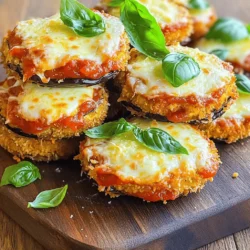 - 2 medium eggplants, sliced into 1/2 inch rounds - Salt for sweating eggplants - 1 cup all-purpose flour - 3 large eggs, beaten - 2 cups breadcrumbs (preferably Italian seasoned) - 1 cup marinara sauce - 2 cups shredded mozzarella cheese - 1 cup grated Parmesan cheese - 1 tablespoon dried oregano - 1 tablespoon fresh basil, chopped (or 1 teaspoon dried basil) - Olive oil spray or a few tablespoons of olive oil for frying To make the best Eggplant Parmesan Bites, start with fresh eggplants. Choose firm ones without blemishes. The salt helps remove bitterness from the eggplant. It also improves the taste. After sweating the eggplant, rinse it well and pat it dry. This step is key for crispy bites. You will need a breading station for coating the eggplant. Set out three shallow bowls: one with flour, one with beaten eggs, and one with breadcrumbs mixed with oregano. This setup makes breading easy and quick. As you prepare the other ingredients, preheat your oven to 375°F (190°C). This ensures it’s hot when you're ready to bake your bites. Gather your marinara sauce, cheeses, and herbs for layering. You will love how these flavors come together! Using mozzarella and Parmesan gives the bites a rich and creamy taste. Fresh basil adds a nice touch. If you want a little more flavor, feel free to add spices to the breadcrumbs. For frying, you can use olive oil spray or pour a few tablespoons into a skillet. This helps the eggplant become crispy and golden. These ingredients work together to create a delicious snack that everyone will enjoy. For the full recipe, check out the detailed instructions and enjoy making these savory Eggplant Parmesan Bites! - Sprinkle salt on the eggplant slices and let them sweat. This step helps draw out moisture and bitterness. - After 30 minutes, rinse the slices under cold water and pat them dry with paper towels. - Arrange three bowls in a row. - Fill one with flour, another with beaten eggs, and the last with breadcrumbs mixed with dried oregano and a pinch of salt. - Take each eggplant slice and dip it into the flour first. Shake off any extra flour. - Next, dip it into the egg to coat it. - Finally, press it into the breadcrumbs, ensuring it is well covered. - Heat olive oil in a skillet over medium heat. - Once hot, fry the breaded eggplant slices in batches. Cook until they are golden brown and crisp on both sides, about 4-5 minutes per side. - Drain them on paper towels to absorb any excess oil. - Preheat your oven to 375°F (190°C). - In a large baking dish, spread a layer of marinara sauce on the bottom. - Place a layer of fried eggplant bites over the sauce. - Top each slice with a spoonful of marinara, shredded mozzarella, and a sprinkle of Parmesan cheese. - Repeat layering until all eggplant slices are used. - Finish with a generous layer of mozzarella and Parmesan on top. - Sprinkle fresh basil for added flavor. - Bake in the preheated oven for about 20-25 minutes, until the cheese is bubbly and golden. Following this simple guide will help you create delicious Eggplant Parmesan Bites. For the full recipe, refer to the earlier section. To get the best breading on your eggplant bites, start with the right technique. Make sure you coat each slice evenly. First, dip it in flour. This helps the egg stick better. Then, cover it with the beaten egg. Finally, roll it in the breadcrumbs. Press gently to ensure it sticks well. This process gives you that perfect crispy crust. Frying can be tricky. Keep the oil at the right temperature. If the oil is too hot, the outside burns before the inside cooks. If it’s too cool, the bites soak up oil and get soggy. Aim for medium heat. You can test the oil by dropping in a small piece of bread. If it bubbles and sizzles, you’re ready to fry your eggplant bites. Want to add a twist? Try mixing in spices or herbs with your breadcrumbs. Oregano adds a nice touch, but you can also experiment with garlic powder or crushed red pepper for heat. Fresh herbs like basil can add a burst of flavor. These simple tweaks can transform your eggplant bites into a unique snack that everyone will love. For the full recipe, check out the details above. {{image_2}} You can easily make these bites gluten-free. Simply swap out the all-purpose flour and breadcrumbs. Use almond flour or a gluten-free flour blend instead of regular flour. For the breadcrumbs, try crushed gluten-free crackers or gluten-free panko. This keeps the texture crisp while being safe for those with gluten sensitivities. Want a plant-based twist? Replace the eggs and cheese with vegan options. Use a flaxseed egg made from one tablespoon of ground flaxseed mixed with three tablespoons of water. Let it sit for a few minutes to thicken. For cheese, try vegan mozzarella or cashew cheese. This way, you enjoy the same great taste without animal products. Eggplant Parmesan Bites are great on their own, but you can enhance them further. Serve them with a side of marinara for dipping. A fresh salad pairs well too. For a twist, try adding a sprinkle of red pepper flakes for a spicy kick. Each option brings a unique flavor to your snack. To keep your Eggplant Parmesan Bites fresh, store them in airtight containers. This helps avoid sogginess. Place a paper towel in the container to absorb moisture. Seal it tightly and put it in the fridge. They stay good for about 3 to 4 days. To reheat without losing crispiness, use the oven. Preheat it to 350°F (175°C). Place the bites on a baking sheet. Heat for about 10 to 15 minutes. You can also use an air fryer. This method keeps them crispy and warm. Avoid using a microwave. It makes them soggy. You can freeze Eggplant Parmesan Bites for later. Let them cool completely first. Arrange them in a single layer on a baking sheet. Freeze for 1 to 2 hours until firm. Then, transfer them to a freezer bag. This way, they won't stick together. To thaw, place them in the fridge overnight. Reheat in the oven or air fryer for best results. Eggplant Parmesan Bites can last about three to four days in the fridge. To store them, place the bites in an airtight container. This keeps them fresh and safe to eat. When you're ready to enjoy them again, just reheat. Yes, you can make Eggplant Parmesan Bites ahead of time. You can prepare the eggplant and bread it a day before. Just store the breaded bites in the fridge until you are ready to fry or bake them. This saves time for a busy day. Eggplant Parmesan Bites can be healthy. Eggplants are low in calories and high in fiber. They also have vitamins like B6 and K. However, frying increases the fat content, so consider baking for a lighter option. The best dipping sauce is marinara sauce. It adds a nice, tangy flavor that complements the bites. You can also try pesto or a creamy garlic sauce for a twist. These options enhance the overall taste. Yes, you can bake Eggplant Parmesan Bites for a healthier version. Preheat your oven to 375°F (190°C). Place the breaded bites on a baking sheet lined with parchment paper. Spray them lightly with olive oil. Bake for about 20-25 minutes, until golden and crisp. Enjoy a guilt-free snack! For the full recipe, check out the detailed instructions on how to make these tasty bites. Eggplant Parmesan Bites are simple yet delicious. We discussed the key ingredients, from eggplants to cheese. Following the step-by-step guide, you learned how to prepare, bread, and fry them. Tips for crispiness and flavor add extra value. Variations show options for gluten-free and vegan diets, making this dish flexible. Finally, proper storage and reheating keep leftovers tasty. Enjoy your cooking adventure, and remember: these bites are both fun to make and eat!