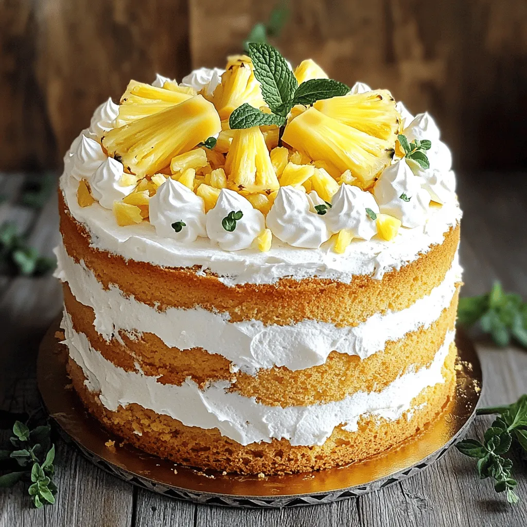 - 1 cup all-purpose flour - 1/2 cup granulated sugar - 1/4 cup unsalted butter, softened - 1/2 cup milk - 1 teaspoon baking powder - 1/4 teaspoon salt - 1/2 teaspoon vanilla extract - 1 cup crushed pineapple, drained - 1 cup heavy cream - 2 tablespoons powdered sugar - Fresh pineapple slices and mint leaves for garnish You need these ingredients to make the cake. Each one plays a key role. The flour gives structure. The sugar adds sweetness. Butter keeps it moist, and milk helps bind it all together. Baking powder makes the cake rise, while salt enhances the flavors. Vanilla adds warmth. The crushed pineapple brings a tropical twist and moisture. Heavy cream is for the whipped topping. The powdered sugar sweetens the cream. Finally, fresh pineapple and mint add a lovely touch for presentation. - Nuts (e.g., walnuts or pecans) - Coconut flakes - Different flavor extracts (e.g., almond or coconut) These optional ingredients can add fun twists to your cake. Nuts bring crunch and depth. Coconut adds a hint of the tropics. Different extracts can change the flavor profile. Feel free to mix and match! You can create a cake that suits your taste. For the full recipe, check out the details above. 1. Preheat your oven to 350°F (175°C). Grease an 8-inch round cake pan. This helps the cake come out easily. 2. In a large mixing bowl, cream together 1/4 cup of softened butter and 1/2 cup of granulated sugar. Mix until it looks light and fluffy. This makes the cake soft. 3. Add 1/2 cup of milk and 1/2 teaspoon of vanilla extract. Mix well until combined. This adds flavor and moisture. 4. In another bowl, whisk together 1 cup of all-purpose flour, 1 teaspoon of baking powder, and 1/4 teaspoon of salt. This is your dry mix. 5. Gradually add the dry mix to the wet mix. Mix until just combined. Over-mixing can make the cake tough. 1. Gently fold in 1 cup of drained crushed pineapple. Make sure it is well spread in the batter. This gives the cake its fruity taste. 2. Pour the batter into your prepared cake pan. Smooth the top. Bake for 25-30 minutes. Check if it's done by inserting a toothpick. It should come out clean. 1. While the cake cools, whip 1 cup of heavy cream with 2 tablespoons of powdered sugar. Whip until you see stiff peaks. This will be your topping. 2. Once the cake is cool, add a thick layer of whipped cream on top. You can also slice the cake in half to add whipped cream between the layers. 3. For a beautiful finish, decorate with fresh pineapple slices and a few mint leaves. This makes the cake look festive. You can find the full recipe [here](#). - Ensuring proper ingredient temperatures: Always use room-temperature butter and eggs. This helps the batter mix well, creating a light and fluffy cake. Take butter out of the fridge at least an hour before you start. Eggs should sit out for about 30 minutes. - Testing cake doneness with a toothpick: To check if your cake is done, insert a toothpick into the center. If it comes out clean or with just a few crumbs, your cake is ready. If it has wet batter on it, bake for a few more minutes. - Suggested pairings for Pineapple Cream Cake: This cake pairs well with a scoop of vanilla ice cream. You can also serve it with a fresh fruit salad for a refreshing touch. If you like a bit of crunch, try adding some toasted nuts on the side. - Serving portions and presentation ideas: Cut the cake into 8 equal slices for serving. For a beautiful presentation, place each slice on a colorful plate. Add a dollop of whipped cream on the side. Garnish with fresh pineapple slices and mint leaves for a pop of color. Serve it at room temperature for the best flavor. For a complete guide, check the Full Recipe. {{image_2}} You can make your pineapple cream cake even more fun! Try adding other fruits. Mango, strawberries, or blueberries can bring new flavors. Just chop them up and mix them into the batter. They add color and taste! You can also switch up the frosting. Instead of whipped cream, use cream cheese frosting. It gives a tangy twist that pairs well with the sweet cake. You can make it by mixing cream cheese, butter, and powdered sugar until smooth. If you need a gluten-free cake, use almond flour instead of all-purpose flour. Almond flour keeps the cake moist and tasty. It works just as well with the other ingredients. For those who want a dairy-free option, swap the heavy cream for coconut cream. Just chill a can of coconut milk overnight. Scoop the solid part and whip it up like whipped cream. It adds a lovely flavor to your cake without dairy. With these variations, your pineapple cream cake can fit any taste or diet! Check the Full Recipe for all the steps to make this delightful treat. To keep your leftover cake fresh, put it in the fridge. First, slice the cake into pieces. Then, wrap each piece tightly in plastic wrap. This keeps the cake moist. You can also place the slices in an airtight container. The cake stays fresh for about 3 to 5 days in the fridge. If you see any mold or it smells off, toss it away. If you want to store the cake for a longer time, freezing is a great option. Start by slicing the cake into portions. Wrap each piece in plastic wrap. Make sure to wrap it tightly to avoid freezer burn. After that, put the wrapped slices in a freezer bag. You can freeze the cake for up to three months. When you’re ready to enjoy it, take a slice out of the freezer. Place it in the fridge overnight to thaw. For the best texture, let it come back to room temperature before serving. This will help keep the cake soft and tasty. Pineapple Cream Cake can last for about 3 to 5 days in the fridge. Make sure to cover it well. Use plastic wrap or an airtight container. This will keep the cake moist and fresh. If you want to store it longer, consider freezing it. Properly wrapped, it can last for up to 3 months in the freezer. Just remember to thaw it in the fridge overnight before serving. Yes, you can use fresh pineapple! Fresh pineapple has a bright flavor and nice texture. It can make your cake taste even better. However, fresh pineapple has more juice than canned. Drain it well before adding to your batter. This way, you’ll keep your cake from getting too wet. Canned pineapple is often easier to use and already prepped. Both options work well, so pick what you prefer. If your cake turns out too dry, don't worry! Here are some tips to help. First, ensure you measure your ingredients correctly. Too much flour can dry the cake out. You can also add a bit more crushed pineapple to the batter. This adds moisture and flavor. If your cake is baked, try adding a simple syrup. Mix equal parts water and sugar, then soak the cake lightly. This will help bring back some moisture. This blog post covered all you need to know about making Pineapple Cream Cake. You learned the required and optional ingredients, step-by-step instructions, and tips for great results. We also discussed variations, storage, and answered common questions. Baking this cake is fun and easy. You can customize it to fit your taste. Enjoy your baking, and share your creation with friends and family!