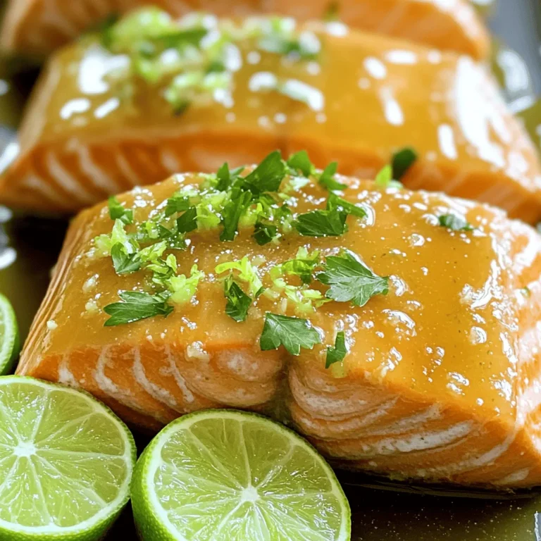 To make your Honey-Lime Garlic Butter Baked Salmon, gather these simple ingredients: - 4 salmon fillets - 1/4 cup unsalted butter, melted - 1/4 cup honey - 2 tablespoons lime juice - 4 cloves garlic, minced - Zest of 1 lime - Salt and pepper to taste - Fresh parsley or cilantro, chopped, for garnish - Lime slices for serving Each ingredient plays a key role in creating a delicious dish. The salmon fillets are the star, providing a rich source of protein and omega-3 fatty acids. The melted butter adds a creamy richness, while honey brings a touch of sweetness. Lime juice and zest give a bright, zesty flavor that perfectly balances the dish. Garlic adds depth and aroma, making your meal truly mouthwatering. You can adjust the salt and pepper to fit your taste. The fresh herbs at the end add a pop of color and freshness. The lime slices not only look nice but also boost the dish's lime flavor when served. For the full recipe, check out the [Full Recipe]. Prepare these ingredients, and you’re ready to create a healthy delight that’s sure to impress! - Preheat the oven to 375°F (190°C). - Prepare the baking sheet with parchment paper. - Combine melted butter, honey, lime juice, minced garlic, and lime zest. - Whisk until well blended. - Season salmon with salt and pepper. - Drizzle the sauce over the salmon. - Bake for 15-20 minutes. This method makes the salmon tender and tasty. The honey-lime garlic butter keeps the fish moist. You will love the mix of sweet and tangy flavors. The salmon should flake easily when done. For a full recipe, check out the details above. Enjoy your cooking! How do I test for doneness? You can test salmon by using a fork. Gently poke the thickest part. If it flakes easily, it's done. You can also check the internal temperature. It should reach 145°F (63°C). Use a meat thermometer for best results. What are the best cooking methods? Baking works great for this recipe. It keeps the salmon moist and allows flavors to blend. You can also grill the salmon for a smoky taste. Just make sure to keep an eye on it. Grilling can cook salmon faster than baking. What spices can I add? You can add paprika or cayenne for a kick. Dill or thyme can also boost the flavor. Fresh herbs like basil or rosemary work well too. Just sprinkle them on top before baking. What are some substitutions for honey and butter? Maple syrup can replace honey for a different sweetness. Coconut oil is a great butter substitute. It adds a nice tropical twist to the dish. If you need a vegan option, use agave syrup and plant-based butter. For the full recipe, check out the details above. {{image_2}} You can swap out salmon for other fish like trout or tilapia. These fish work well with the honey-lime garlic butter. They have a mild taste that allows the sauce to shine. If you prefer chicken, use boneless, skinless chicken breasts. The baking time will change, so check for doneness. For a plant-based option, try firm tofu. Slice it into thick pieces and follow the same steps. The sauce will give it great flavor. To change up the taste, consider adding fresh herbs. Chopped dill or thyme can add a nice twist. You could also sprinkle in some red pepper flakes for heat. If you want a different citrus flavor, try lemon or orange juice. Each fruit brings its own zest and aroma. These easy swaps make the dish your own. You can play around and find your favorite combination. For more details, you can check the Full Recipe. To keep your Honey-Lime Garlic Butter Baked Salmon fresh, you need proper storage. First, let the salmon cool down. Once cool, place it in an airtight container. This helps keep moisture in and prevents drying. Store it in the fridge for up to three days. If you want to keep it longer, freezing is a great option. Wrap each fillet tightly in plastic wrap, then place it in a freezer-safe bag. This method prevents freezer burn and keeps the flavor intact. You can freeze it for up to three months. When it comes to reheating, the goal is to keep the salmon moist and flavorful. A great method is to use the oven. Preheat it to 300°F (150°C). Place the salmon on a baking sheet and cover it with foil. Heat for about 10-15 minutes. This method warms the fish without drying it out. You can also use a microwave, but be careful. Heat in small bursts to avoid overcooking, which can make it tough. Enjoy your leftovers just as much as the first serving! For the full recipe, click here. Bake salmon for 15 to 20 minutes. The time depends on the thickness of the fillets. Thinner fillets cook faster, while thicker ones need more time. A good rule is to bake for about 4 to 6 minutes per half-inch of thickness. Check for doneness by using a fork; the salmon should flake easily. Overcooking can dry it out, so keep an eye on it. Yes, you can make the sauce ahead of time. Combine melted butter, honey, lime juice, minced garlic, and lime zest. Store it in the fridge for up to three days. When ready to use, simply warm it slightly before drizzling it over the salmon. This saves time on busy days and still gives you that fresh flavor. Serve your salmon with a side of steamed vegetables, like broccoli or asparagus. A light salad with mixed greens is also great. For a heartier option, consider quinoa or brown rice. These pair well and create a balanced meal. Don't forget to add lime wedges for extra zest! For the full recipe, check the section above. This recipe for Honey-Lime Garlic Butter Baked Salmon is simple and full of flavor. We covered the ingredients, preparation steps, and baking instructions to ensure your salmon comes out perfectly. Remember to test for doneness and feel free to try different proteins or flavors. With proper storage and reheating methods, your leftovers can also taste great. Enjoy this dish with your favorite sides for a complete meal. You’ll impress your family and friends with this tasty recipe!