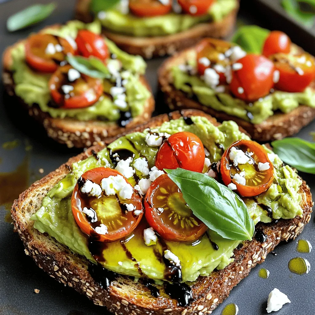 Here is what you need to make savory avocado toast with feta and tomatoes: - 2 ripe avocados - 1 cup cherry tomatoes, halved - 1/2 cup crumbled feta cheese - 1 tablespoon olive oil - 1 tablespoon balsamic vinegar - 1 teaspoon dried oregano - Salt and pepper to taste - 4 slices of whole-grain bread - Fresh basil leaves for garnish (optional) Using fresh ingredients makes the most difference in flavor. Choose ripe avocados for a creamy texture. The tomatoes should be bright and juicy, adding a pop of color. Feta cheese brings saltiness and a tangy bite that balances the creamy avocado. Whole-grain bread adds a nutty flavor and a nice crunch. Gathering these ingredients will set you up for success in making a delicious and visually appealing dish. I recommend using high-quality olive oil and balsamic vinegar for the best taste. If you want to add a personal touch, consider fresh herbs like basil or cilantro for garnish. For the full recipe, follow these simple steps to create a meal that is both satisfying and nourishing. To start, I toast whole-grain bread for this recipe. Use a toaster or a grill. Aim for a golden brown color. This creates a nice, crispy base for the toppings. For the perfect crispness, keep an eye on the bread. Don't let it burn! You want it crunchy but not too dark. Next, we make the avocado spread. I take two ripe avocados and cut them in half. Scoop out the green flesh into a bowl. Use a fork to mash it up until it's creamy. Be gentle; you want a smooth texture. To enhance the flavor, add a pinch of salt and pepper. I also mix in half of the dried oregano. This adds a lovely taste to the spread. Now it's time to assemble the toast! Start by spreading a generous layer of the avocado mixture on each slice of toast. Make sure to cover it well. Then, layer the cherry tomatoes on top. I like to ensure an even distribution for color and taste. Finally, sprinkle crumbled feta cheese over the tomatoes. This adds a nice contrast to the creamy avocado and juicy tomatoes. If you want, garnish with fresh basil leaves for extra flavor. For the full recipe, check out the [Full Recipe]. Enjoy your savory avocado toast with feta and tomatoes! To make your avocado toast truly shine, use the right seasonings. Start with salt and pepper; they elevate the taste. A dash of lemon juice adds brightness and helps prevent browning. Mix in some crushed red pepper for a subtle kick. Balancing flavors is key too. Creamy avocado pairs well with tangy feta and sweet cherry tomatoes. Aim for a mix that excites your taste buds. Garnishing your toast makes it more appealing. Fresh basil leaves add color and aroma. You can place whole leaves on top or chop them for a sprinkle. For a striking plate, use colorful cherry tomatoes. Arrange them in a circle or scatter them evenly. Use a drizzle of balsamic reduction for a gourmet touch. This not only enhances the look but adds flavor too. A few common mistakes can ruin your toast. First, don’t over-mash your avocado. Leave some small chunks for texture. Using the wrong tomatoes can also affect taste. Choose ripe cherry tomatoes for sweetness. Avoid bland or mealy tomatoes; they won’t provide the flavor you want. With these tips, your avocado toast will be a delicious hit! {{image_2}} You can easily change the flavors in your avocado toast. Adding spices or herbs can bring a new twist. I like to sprinkle chili flakes for some heat. Fresh cilantro also adds a bright taste. If you want to switch up the cheese, consider using goat cheese instead of feta. It has a creamy texture that pairs well with the other ingredients. For those who need gluten-free options, try gluten-free bread. There are many brands available that taste great. If you're looking for vegan substitutes, you can use a plant-based feta. It mimics the texture and flavor of traditional feta well. This way, you can enjoy the dish without dairy. Using seasonal vegetables can freshen up your toast. Try adding sliced radishes in the spring or roasted squash in the fall. You can also adapt this recipe for holidays or events. For a festive touch, add pomegranate seeds during winter celebrations. They add color and a burst of flavor. For the complete details and steps, check the Full Recipe. To keep your avocado toast fresh, store it in an airtight container. This helps prevent the bread from getting soggy. If you have leftover avocado spread, cover it tightly with plastic wrap. This reduces air exposure and slows browning. For the cherry tomatoes, keep them in a separate container. This keeps their flavor intact. When you want to enjoy leftover toast, use a toaster or an oven. A toaster brings back that crispy texture. Preheat your oven to 350°F (175°C) for about 5 to 10 minutes. This method keeps the toast from becoming rubbery. Avoid the microwave, as it often makes bread chewy. The avocado spread lasts about 1 to 2 days in the fridge. However, it's best when fresh. Whole-grain bread can stay fresh for about a week. Check for mold or a stale smell; these are signs of spoilage. Cherry tomatoes can last up to a week in the fridge. If they become mushy or change color, it's time to toss them. Always trust your senses! Enjoying fresh ingredients makes a big difference in taste. For the full recipe, check the section above! Yes, you can prepare some parts in advance. You can mash the avocados and store them. Keep the mashed avocado in an airtight container. Add a splash of lemon juice to stop browning. You can also mix the cherry tomatoes with oil and vinegar a few hours early. Toast the bread just before serving for the best taste. Whole-grain bread is my top pick. It adds a nice crunch and flavor. You can also use sourdough or rye bread. These types hold the toppings well without getting soggy. Choose a bread you love for the best experience. You can add extras to make it special. Try a sprinkle of chili flakes for heat. A drizzle of honey balances the flavors nicely. You can also serve it with a side of poached eggs for protein. Fresh herbs, like cilantro or chives, add a nice touch, too. This blog post provided a clear guide to making delicious avocado toast. You learned the key ingredients, step-by-step instructions, and tips for great flavor. We covered variations and storage ideas to keep your toast fresh. Remember, using the right ingredients and techniques makes all the difference. Try your unique twist on this dish and enjoy! Your perfect avocado toast awaits, and with these tips, you can impress anyone who joins you for a meal. Happy cooking!
