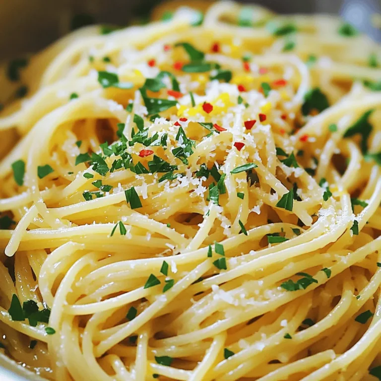 To make a great Spaghetti Aglio e Olio, you need just a few key ingredients: - 400g spaghetti - 6 cloves garlic, thinly sliced - 1/2 cup extra-virgin olive oil - 1 teaspoon red pepper flakes (adjust to taste) - 1/2 cup fresh parsley, finely chopped - Salt to taste These ingredients create a simple yet tasty dish. The garlic gives a strong flavor, while the olive oil adds richness. You can elevate your dish with a few extra ingredients: - Zest of 1 lemon - Freshly grated Parmesan cheese (optional) Lemon zest brings a nice freshness. It balances the oil and garlic. Parmesan adds creaminess and depth. If you don't have something on hand, here are some swaps: - Use whole wheat or gluten-free spaghetti for a healthier option. - Substitute garlic with shallots for a milder taste. - Swap red pepper flakes with fresh chili for more heat. These substitutions can help you customize your meal. Always adjust the flavors to match your taste. Experiment and make it your own! For the full recipe, check out the link to the complete Spaghetti Aglio e Olio recipe. To start, gather your ingredients. You need 400g of spaghetti, 6 cloves of garlic, and 1/2 cup of extra-virgin olive oil. Also, grab 1 teaspoon of red pepper flakes, 1/2 cup of fresh parsley, and salt. Finally, get the zest of 1 lemon and some Parmesan cheese if you like. Next, bring a large pot of salted water to a boil. While the water heats up, slice the garlic into thin pieces. This will help it cook evenly and release its lovely flavor. Once the water is boiling, add the spaghetti. Cook it according to the package instructions until it is al dente. This usually takes about 8 to 10 minutes. Remember to reserve 1 cup of pasta water before draining the spaghetti. In a large skillet, heat the olive oil over medium heat. Add the sliced garlic to the oil. Sauté it for about 2-3 minutes until it turns golden brown. Watch closely! You do not want to burn the garlic. Now, add the red pepper flakes to the skillet. Sauté for another 30 seconds. This step adds heat to the oil. It makes the dish exciting! Next, toss the drained spaghetti into the skillet. Pour in a splash of the reserved pasta water to help mix everything. Stir well to coat the spaghetti with the garlic oil. Remove the skillet from heat. Stir in the chopped parsley, lemon zest, and salt to taste. If the sauce seems too thick, add more reserved pasta water until it reaches your desired consistency. Now, serve the spaghetti hot. If you want, sprinkle freshly grated Parmesan cheese on top. Enjoy your simple and flavorful Spaghetti Aglio e Olio! When making spaghetti aglio e olio, avoid overcooking the garlic. Burnt garlic can ruin the dish. Also, do not skip the reserved pasta water. It helps bring the sauce together. Use enough salt in the boiling water. This step flavors the pasta right from the start. To cook perfect spaghetti, use a large pot. Bring plenty of salted water to a rolling boil. Add the spaghetti and stir it occasionally. Follow the package time for al dente, but taste it a minute early. Drain the pasta but keep some water. It’s key for a creamy sauce. Fresh herbs can elevate your dish. I love adding parsley for a fresh touch. Lemon zest adds brightness without overpowering the garlic. Adjust the red pepper flakes to control heat. For extra depth, try adding a pinch of black pepper. Each choice enhances the dish and makes it unique. For the full recipe, check out the link above. {{image_2}} Spaghetti Aglio e Olio is simple but has room for fun twists. You can easily add protein or veggies to the dish. For a classic touch, try adding sautéed shrimp or chicken. They pair well with the garlic and oil. You can also toss in some cherry tomatoes, which add freshness and color. Another option is to mix in olives for a briny kick. Each variation keeps the core flavors but gives you something new. Want to spice it up? Consider adding roasted red peppers or sun-dried tomatoes. Both add rich flavors. You could also add a splash of white wine while cooking the garlic. This gives a depth that is hard to beat. For a nutty taste, sprinkle in some toasted pine nuts or walnuts. They add crunch and warmth. Each twist lets you change the dish to fit your mood or your guests’ tastes. The beauty of Aglio e Olio is its base for many dishes. Use the same garlic and oil mix in a vegetable stir-fry. Just add your favorite veggies and cook them in the oil. You can also create a delicious pizza by using the oil as a sauce base. Add mozzarella, garlic, and any toppings you love. For a heartier option, mix the flavors in risotto. Each spin-off keeps the spirit of Aglio e Olio while offering something new. To keep your Spaghetti Aglio e Olio fresh, store it in an airtight container. Make sure the pasta is cool before sealing it. This helps prevent moisture buildup. You can keep it in the fridge for up to three days. If you want to keep it longer, consider freezing it. When reheating your leftovers, use a skillet. Add a splash of olive oil or a bit of the reserved pasta water. This helps to keep the dish moist. Heat it on low to medium until warmed through. Stir often to prevent sticking. It brings back that fresh taste! To freeze Spaghetti Aglio e Olio, place it in a freezer-safe container. It can last for up to three months in the freezer. When ready to eat, thaw it overnight in the fridge. Then, reheat it using the tips above. Enjoy your meal without losing flavor! Spaghetti Aglio e Olio comes from Naples, Italy. It is a simple dish. It uses few ingredients: garlic, olive oil, and spaghetti. This dish shows how great food can be made with little. Many chefs love to make it because of its bright flavors. You can make it without garlic, but it changes the dish. Garlic gives Aglio e Olio its strong taste. If you skip it, try adding other flavors. You can use shallots or onions for a different base. You can also add herbs like basil or thyme. To change the heat, add or reduce red pepper flakes. If you like it mild, use less. If you want it spicy, add more. Remember, you can always add more, but you can't take it out! Try starting with a small amount and taste as you go. You can find the full recipe [here](#). This recipe has all the steps and tips to make it perfect. Enjoy making this easy and tasty dish! Spaghetti Aglio e Olio is simple yet flavorful. We covered essential ingredients, cooking steps, and tips for perfect pasta. I shared common mistakes to avoid and ways to add more flavor. You learned about classic variations and creative twists to try. Plus, you got your storage and reheating tips. In closing, this dish is easy to make and fun to customize. Enjoy this Italian favorite, and don't hesitate to experiment with your own ideas!