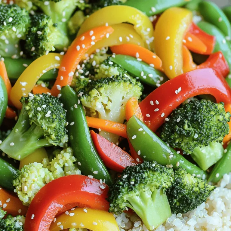 For a tasty vegetable stir-fry, gather these fresh ingredients: - 1 cup broccoli florets - 1 cup bell peppers (red, yellow, and green), sliced - 1 cup snap peas, trimmed - 1 medium carrot, julienned - 1 small zucchini, sliced These condiments and oils add flavor to your dish: - 3 cloves garlic, minced - 1 inch ginger, grated - 2 tablespoons soy sauce (low sodium) - 1 tablespoon sesame oil - 1 tablespoon olive oil Want to boost the flavor? Try these optional ingredients: - 1 tablespoon sesame seeds (for garnish) - Salt and pepper to taste - Cooked rice or quinoa for serving With these ingredients ready, you can whip up a colorful crunchy vegetable stir-fry. For the full recipe, check out the details above. To start, wash all the vegetables well. This helps remove dirt and pesticides. Chop the broccoli into bite-sized florets. Slice the bell peppers into strips. Trim the snap peas and julienne the carrot. For the zucchini, slice it into half-moons. Mince the garlic and grate the ginger. Having everything ready will make cooking quick and easy. Next, heat olive oil and sesame oil in a large skillet. Use medium-high heat until the oil shimmers. Add the minced garlic and grated ginger. Sauté them for about 30 seconds. You want the kitchen to smell great! Now, add the broccoli and carrots first. Stir-fry these for about 2-3 minutes. They should be bright and a bit tender. Then, toss in the bell peppers, snap peas, and zucchini. Keep stir-frying for another 3-4 minutes. The veggies should be vibrant and still crisp. Pour the soy sauce over the stir-fry. Season with salt and pepper. Stir well to mix everything. Cook for another minute to let the flavors combine. Once done, remove the skillet from the heat. Transfer the stir-fry to a serving dish. Sprinkle sesame seeds on top for some crunch. Serve this colorful dish hot over cooked rice or quinoa. For the full recipe, check the details above. Enjoy your quick and tasty meal! To get crisp vegetables, keep the heat high. Use a large skillet or wok. When the pan is hot, add the oil. Then, add the garlic and ginger first. This will bring out their flavors. Next, add your veggies in stages. Start with the harder ones, like broccoli and carrots. After a few minutes, add the softer ones, like zucchini and snap peas. This method ensures each vegetable stays bright and crunchy. For a great stir-fry, you need the right tools. A large skillet or wok is best. The wide surface area allows for even cooking. Use a spatula or wooden spoon for stirring. A good cutting board and sharp knife will speed up prep time. If you have a lid, keep it handy. Covering the pan briefly can help steam the veggies without overcooking them. Prep your vegetables ahead of time. Wash and chop them the night before. Store them in airtight containers in the fridge. You can also use frozen veggies for quick meals. They are pre-washed and chopped, saving you time. Keep a stash of cooked rice or quinoa ready. This way, you can serve your stir-fry right away. Follow the [Full Recipe] for a quick meal that comes together in just 20 minutes. {{image_2}} You can add protein to your stir-fry to make it filling. Chicken, shrimp, or tofu work well. For chicken, cut it into small pieces and cook it first. For shrimp, add them after the garlic and ginger. If you prefer tofu, use firm tofu and cube it. Sauté it until golden before adding veggies. This adds flavor and makes your meal more balanced. Feel free to mix up the vegetables based on what you have. Cauliflower, green beans, or mushrooms are great choices. You can also try bok choy or eggplant for a twist. Just remember to cut them into similar sizes. This helps them cook evenly. Use whatever is fresh and in season for the best taste. You can change the sauce for a new flavor each time. Try teriyaki sauce for a sweeter taste. If you like heat, add sriracha or chili paste. You can also use oyster sauce for a rich flavor. Mix a little lime juice for brightness. Just remember to adjust the salt since some sauces can be salty. These changes keep your stir-fry exciting and delicious. For the full recipe, check out the details above. After you enjoy your colorful crunchy vegetable stir-fry, save any leftovers. Let the stir-fry cool to room temperature first. Then, place it in an airtight container. You can keep it in the fridge for up to three days. This way, you can enjoy a quick meal later in the week. When you're ready to eat your leftovers, reheating is easy. Use a skillet over medium heat. Add a splash of water or oil to help steam the veggies. Stir often until heated through, about five minutes. You can also use the microwave. Heat in short bursts, stirring in between. This keeps the veggies crisp. If you want to prep meals for later, freezing works well too. Freeze the stir-fry in single servings. Use freezer-safe bags or containers. It will last up to three months in the freezer. To reheat, let it thaw in the fridge overnight. Then, use the skillet method to warm it up. This makes busy nights easier! Check out the full recipe for more tips. Yes, you can make this stir-fry ahead of time. Cook it, let it cool, then store it in the fridge. To keep the veggies fresh, use an airtight container. You can reheat it in a pan or microwave when you're ready to eat. Just remember, fresh veggies taste best! Stir-fry pairs well with many side dishes. Here are a few ideas: - Steamed jasmine rice - Quinoa for a nutty flavor - Noodles for a heartier meal - Simple salad with light dressing - Spring rolls for a crunchy bite These sides complement the veggies and add different textures. To make this stir-fry gluten-free, switch soy sauce with tamari or coconut aminos. Both options taste great and are safe for those with gluten issues. Always check the labels to ensure no hidden gluten in your ingredients. Enjoy your meal worry-free! This blog post walked you through making a delicious stir-fry. We covered fresh produce, essential condiments, and optional add-ons for flavor. You learned step-by-step instructions on prepping, cooking, and serving. I shared tips for perfect crispness and time-saving tricks. We explored variations for proteins and vegetables and discussed storage methods. Stir-fry is fun and quick. It lets you be creative with your favorite ingredients. Enjoy making it your own!