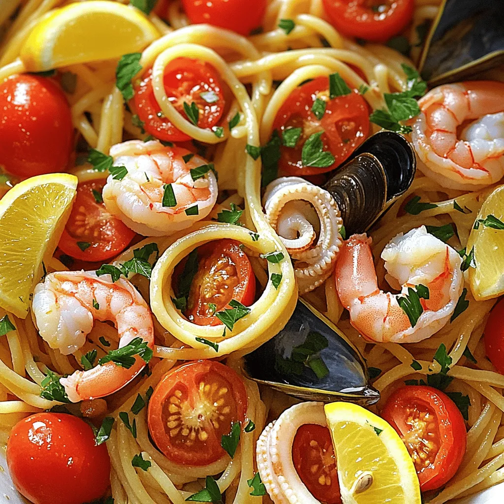 - 300g spaghetti or linguine - 200g shrimp, peeled and deveined - 200g mussels, cleaned and debearded - 200g calamari, sliced into rings - 4 cloves garlic, minced - 1 small red chili, deseeded and finely chopped - 1 cup cherry tomatoes, halved - 1/2 cup fish or seafood stock - 2 tablespoons olive oil - 1 teaspoon lemon zest - 2 tablespoons fresh parsley, chopped - Salt and pepper to taste - Lemon wedges for serving I love how fresh seafood adds flavor to pasta. You can mix and match seafood. Shrimp, mussels, and calamari are my favorites. They all cook well together and taste amazing. You need fresh ingredients for the best taste. Look for bright cherry tomatoes and firm shrimp. Clean mussels should open when cooked. If they don’t, toss them out. Olive oil is key for sautéing garlic and chili. Use fresh garlic for a strong taste. The chili adds a nice kick but can be adjusted to your liking. I recommend using seafood stock. It gives the dish a rich flavor. If you don’t have stock, you can use water, but the taste will change. Don’t forget the lemon zest! It brightens the dish. Fresh parsley adds color and freshness. Gathering your tools is also important. You will need a large pot, a skillet, and a colander. Having everything ready makes cooking easier. You can find the full recipe in the previous section. Happy cooking! First, boil a large pot of salted water. Add the spaghetti or linguine and cook it until it is al dente, following the package instructions. This usually takes about 8 to 10 minutes. When it's done, reserve a cup of the pasta water before draining it. This water helps with the sauce later. Next, heat two tablespoons of olive oil in a large skillet over medium heat. Add four cloves of minced garlic and one small chopped chili. Sauté these for about 1 to 2 minutes, just until they smell good. Be careful not to let them brown, as that can change the flavor. Now, it's time to add the seafood. Toss in 200 grams each of shrimp, cleaned mussels, and sliced calamari. Cook these for about 3 to 4 minutes. The shrimp will turn pink, and the mussels will open. Discard any mussels that do not open. Then, stir in 1 cup of halved cherry tomatoes and 1/2 cup of seafood stock. Let this simmer for 5 to 7 minutes, so the tomatoes soften. Once the seafood is cooked, add the drained pasta to the skillet. Gently mix everything together, adding some reserved pasta water if the dish seems dry. Stir in 1 teaspoon of lemon zest and season with salt and pepper. Cook for one more minute to blend the flavors. Finally, plate your seafood pasta and garnish with chopped parsley and lemon wedges. Enjoy this easy and delicious dish from the Full Recipe! To make a creamy sauce, add some reserved pasta water. This water has starch that helps bind the sauce. It will give your dish a nice texture. Allow the sauce to reduce to concentrate the flavors. This step adds depth and makes each bite more flavorful. Each type of seafood cooks at a different time. Shrimp takes about 3-4 minutes. Mussels should open up quickly. If any mussels stay closed, toss them out. They are not safe to eat. This step ensures you serve fresh seafood. Adding herbs and spices can boost the taste. Fresh parsley adds brightness. Try using a bit of basil or oregano. If you want more depth, consider adding white wine. A splash can elevate the dish and add a rich flavor. {{image_2}} You can mix up the seafood in this dish. Try using scallops or crab. Their different textures add fun to the meal. You can also customize with what is fresh or in season. This keeps your dish exciting and tasty. If you need a gluten-free option, use gluten-free pasta. It cooks up nicely and tastes great. Whole wheat pasta is another option. It adds a nutty flavor and more fiber, making it a healthier choice. For a rich sauce, add heavy cream. This makes the dish creamy and smooth. You can also change the heat level. Use a milder or spicier chili to suit your taste. Just adjust the amount you add to get the heat you like. After enjoying your seafood pasta, store any leftovers in airtight containers. This keeps the dish fresh. It’s best to eat it within 2-3 days. This way, you can enjoy the flavors without losing quality. When you are ready to eat your leftovers, reheat them gently. Use a stovetop for the best results. Add a splash of extra stock to keep the seafood moist. Avoid using a microwave. This can make the seafood rubbery and less tasty. Enjoy your meal just like the first time! Yes, you can use frozen seafood. Just ensure to thaw it properly before cooking. Thawing helps keep the seafood tender and flavorful. Place the seafood in the fridge overnight or run it under cold water for a quick defrost. You can pair it with a fresh salad or garlic bread. A light salad adds a nice crunch and balances the meal. Garlic bread brings extra flavor and is perfect for soaking up any sauce. Yes, this recipe can be prepared in advance. However, it is best eaten fresh for optimal texture. If you want to meal prep, cook the seafood and sauce ahead of time. Store them separately from the pasta. When ready to eat, just combine and heat. For the full recipe, check out Ocean's Delight Seafood Pasta. This blog post guides you through making a delicious seafood pasta. We covered essential ingredients like shrimp, mussels, and calamari. You learned the best tools and steps to cook this dish perfectly. Helpful tips also show how to enhance flavor and store leftovers. Final thoughts: Enjoy the process and feel free to experiment. Cooking should be fun! Dive into new flavors and make it your own.