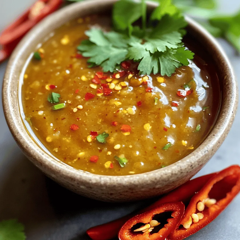 To make delicious sweet chili sauce, you need these main ingredients: - 1 cup water - 1/2 cup rice vinegar - 1/2 cup brown sugar - 1/4 cup honey - 2 tablespoons soy sauce - 4 teaspoons crushed red chili flakes - 2 cloves garlic, minced - 1 tablespoon grated ginger - 1 teaspoon sesame oil - Salt to taste - 2 teaspoons cornstarch mixed with 2 tablespoons water (slurry) Each ingredient brings its own perks: - Water: Acts as the base and helps blend flavors. - Rice vinegar: Adds tanginess and balances sweetness. - Brown sugar: Provides rich flavor and depth. - Honey: Offers natural sweetness and a smooth texture. - Soy sauce: Adds umami and saltiness. - Crushed red chili flakes: Gives heat and spice. - Garlic: Adds aromatic depth. - Ginger: Provides warmth and brightness. - Sesame oil: Adds a nutty flavor. - Cornstarch: Thickens the sauce for a perfect consistency. You can enhance your sweet chili sauce with these optional ingredients: - Fresh herbs: Try cilantro or basil for a fresh taste. - Alternative sweeteners: Use agave syrup or maple syrup if needed. - Different spices: Add cayenne pepper for more heat or smoked paprika for depth. Feel free to mix and match! Adjust the spice level by adding more or fewer chili flakes. This way, you can make the sauce just right for your taste. For the full recipe, check out the Sweet & Spicy Perfection Chili Sauce . To make sweet chili sauce from scratch, gather all your ingredients first. This makes the process smooth and fun. Here’s what you need: - 1 cup water - 1/2 cup rice vinegar - 1/2 cup brown sugar - 1/4 cup honey - 2 tablespoons soy sauce - 2 teaspoons cornstarch mixed with 2 tablespoons water (slurry) - 4 teaspoons crushed red chili flakes - 2 cloves garlic, minced - 1 tablespoon grated ginger - 1 teaspoon sesame oil - Salt to taste Start by measuring the water, rice vinegar, brown sugar, and honey. Pour these into a medium saucepan. Stir them well over medium heat. The sugar and honey should dissolve completely. I find that stirring gently helps the mixture blend nicely. Next, add the soy sauce, crushed red chili flakes, minced garlic, grated ginger, and sesame oil. This mix is what gives the sauce its sweet and spicy kick. Bring it to a gentle simmer. It smells so good at this point! Allow the sauce to simmer for about 5-7 minutes. Stir occasionally. You want it to thicken slightly. Keep an eye on it. If you want a thicker sauce, you will need to stir in the cornstarch slurry. Mix cornstarch with water in a small bowl first, then add it to the pan. Continue cooking for another 2-3 minutes. This is the time to get the sauce to your desired thickness. Taste the sauce after this step. If it needs salt, add some. Once done, remove the sauce from heat and let it cool. The flavors will meld beautifully as it cools. Transfer the sauce to a clean jar or container. Refrigerate it for at least 30 minutes. This cooling time makes a big difference in flavor. For the full recipe, check out the section above. Enjoy your sweet chili sauce as a dip or a drizzle over your favorite dishes! You can easily personalize your sweet chili sauce. Fresh herbs like cilantro or basil add bright notes. If you want more heat, try adding more crushed red chili flakes. For a deeper flavor, consider using smoked paprika. The key is to balance sweetness and heat. Aim for a sweet taste that lingers and a heat that warms but doesn't overpower. To test this balance, taste the sauce as it cooks. If it's too sweet, add a splash of rice vinegar. If it needs more heat, add a bit more chili flakes. Adjust little by little to get it just right. Making sweet chili sauce is simple with the right tools. You need a medium saucepan to mix your ingredients. A whisk helps combine everything evenly, while a spoon is good for stirring. For storage, use a clean, airtight jar. This keeps the sauce fresh and flavorful. After cooking, clean your pots right away. Soak them in warm, soapy water to avoid tough stains. For stubborn bits, a gentle scrub with a sponge works well. Keeping your tools clean makes cooking fun and easy! {{image_2}} You can have fun with sweet chili sauce by mixing in unique ingredients. Try adding mango or pineapple for a tropical twist. This gives your sauce a fruity flavor that pairs well with grilled meats. For a spicy version, mix in fresh chopped jalapeños or habaneros. This adds heat and a fresh kick to your sauce. You can also play with herbs. Adding cilantro or basil can change the flavor profile. These herbs add freshness and depth to the sauce. If you want a smoky taste, try adding smoked paprika or chipotle powder. Each twist makes the sauce your own. Sweet chili sauce works great with many dishes. It's perfect for Asian meals, like spring rolls or stir-fries. You can also use it as a glaze on grilled chicken or fish. Drizzle it over salads for a zesty kick. For appetizers, serve it with chicken wings, shrimp, or veggie skewers. You can create a dipping station with sweet chili sauce, some soy sauce, and a squeeze of lime. This makes for a fun and tasty experience. You can also use sweet chili sauce in tacos or burritos. Just a spoonful adds flavor and excitement to your meal. The possibilities are endless! For the full recipe, follow the steps to make your own sweet chili sauce and explore these fun variations. To keep your sweet chili sauce fresh, follow these steps: - Refrigeration: Store the sauce in a clean jar. Seal it tightly. It lasts about 2 to 3 weeks in the fridge. - Freezing: For longer storage, pour the sauce into an ice cube tray. Freeze until solid, then transfer cubes to a freezer bag. This way, it lasts up to 6 months. Keeping the sauce airtight prevents it from absorbing other odors. Always check for any changes in smell or color before using it. When it's time to enjoy your sauce again, follow these tips: - Reheat slowly: Place the sauce in a small saucepan. Warm it over low heat, stirring often. This keeps the flavors intact and prevents burning. - Microwave option: You can also use a microwave. Heat in short bursts, stirring in between to ensure even warming. If you have leftover sauce, consider these ideas: - Drizzle on grilled meats: It adds a tasty kick. - Mix into stir-fries: A perfect way to enhance flavors in your dishes. - Use as a salad dressing: Mix it with a bit of oil for a sweet dressing. With these tips, your sweet chili sauce will stay tasty and versatile for many meals. For the complete recipe, check out the Full Recipe section. What is Sweet Chili Sauce made of? Sweet chili sauce has simple ingredients. You need water, rice vinegar, brown sugar, honey, soy sauce, crushed red chili flakes, garlic, ginger, sesame oil, and cornstarch. Each ingredient brings a unique flavor. The mix of sweet and spicy makes it special. Can I adjust the spice level of Sweet Chili Sauce? Yes, you can easily change the spice level. If you want it milder, use fewer chili flakes. For more heat, add more chili flakes or fresh chilies. Taste as you go, so you get it just right. What foods pair well with Sweet Chili Sauce? Sweet chili sauce goes well with many foods. It’s great with spring rolls, chicken wings, and grilled shrimp. You can also drizzle it on stir-fried veggies or rice. It adds a zesty kick to ordinary dishes. How can I use Sweet Chili Sauce in cooking beyond dipping? You can use sweet chili sauce in many ways. Mix it into marinades for meats or toss it with cooked noodles. Use it as a glaze for roasted vegetables. The options are endless and fun to explore. Is Sweet Chili Sauce vegan-friendly? Yes, sweet chili sauce is vegan-friendly. All the ingredients come from plants. You can enjoy it without worry if you follow a vegan diet. Where can I buy pre-made Sweet Chili Sauce if I don't want to make it? You can buy sweet chili sauce at most grocery stores. Look in the international aisle or the condiment section. Many brands make tasty options, so you won’t have trouble finding one. Making Sweet Chili Sauce is simple and fun. You learned about the key ingredients and their benefits. The optional ingredients let you customize the flavors to suit your taste. Then, I shared steps to create the sauce, tips to enhance its flavor, and kitchen tools to use. You discovered unique variations and serving ideas. Lastly, proper storage and reheating tips ensure your sauce lasts. Now, it’s time to make your own. Enjoy your tasty Sweet Chili Sauce and impress your friends with your skills!