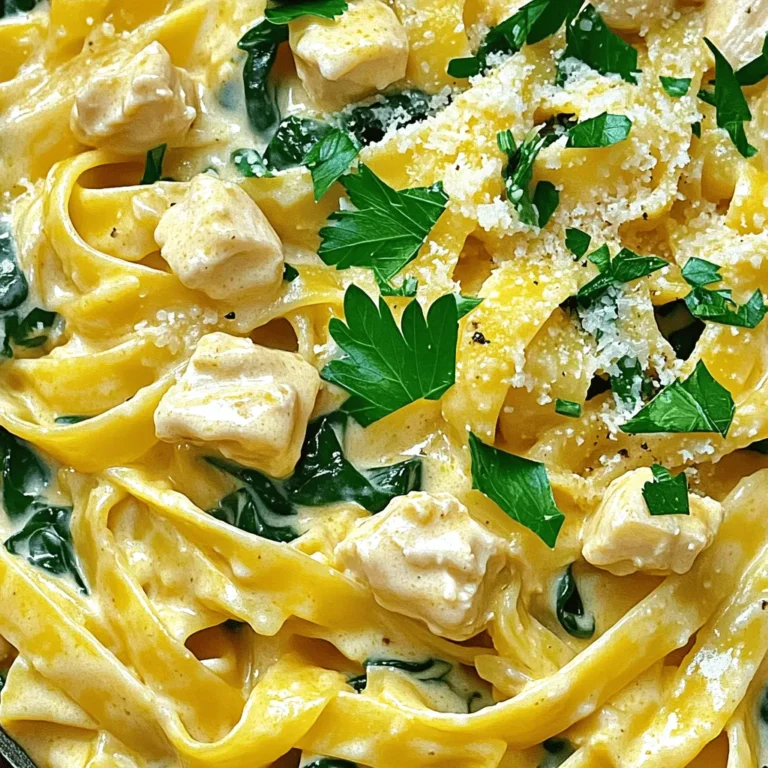 - 2 chicken breasts, diced - 8 oz pasta (fettuccine or penne) - 4 cloves garlic, minced - 1 cup heavy cream - 1 cup chicken broth - 1 cup spinach (fresh or frozen) - 1/2 cup grated Parmesan cheese - 2 tablespoons olive oil - Salt and pepper to taste - 1 teaspoon Italian seasoning - Fresh parsley for garnish When measuring your ingredients, be precise. Use a kitchen scale for chicken. For pasta, a standard 8 oz package works well. Use a measuring cup for liquids like cream and chicken broth. Remember to adjust seasonings to fit your taste. If you prefer a stronger garlic flavor, feel free to add more minced garlic. If you need alternatives, here are some options: - Chicken: Swap for turkey or tofu for a vegetarian dish. - Pasta: Use whole wheat or gluten-free pasta if preferred. - Cream: Substitute with coconut cream for a dairy-free option. - Spinach: Kale or arugula can replace spinach in this recipe. This recipe is versatile and allows for many adjustments. For more details, refer to the Full Recipe. To start, boil a large pot of salted water. Once it bubbles, add 8 oz of pasta. I love using fettuccine or penne, but you can choose your favorite. Cook until it’s al dente, which usually takes about 8-10 minutes. Don’t forget to reserve 1/2 cup of that pasta water. Drain the pasta and set it aside. Next, grab a large skillet and heat 2 tablespoons of olive oil over medium heat. Add 2 diced chicken breasts to the pan. Season them with salt, pepper, and 1 teaspoon of Italian seasoning. Cook the chicken for 5-7 minutes until it turns golden brown and is cooked through. Once done, remove it from the pan and set it aside. In the same skillet, toss in 4 minced garlic cloves. Sauté them for about 30 seconds. You want them fragrant but watch out! Garlic burns quickly. Now, pour in 1 cup of chicken broth and bring it to a simmer. Let it bubble for 2-3 minutes, allowing it to reduce a bit. Then, stir in 1 cup of heavy cream. Let this simmer for about 5 minutes until it thickens slightly. Add 1 cup of spinach and the cooked chicken back into the pan. Stir until the spinach wilts. Mix in 1/2 cup of grated Parmesan cheese until it melts and makes the sauce creamy. If it’s too thick, add some of that reserved pasta water to make it just right. Time to bring it all together! Add the drained pasta into the skillet and toss everything well. You want every piece of pasta coated in that creamy sauce. Taste and adjust the seasoning with more salt and pepper if needed. Divide the creamy garlic chicken pasta onto plates or bowls. For a fresh touch, garnish with chopped parsley. You can also serve it with garlic bread or a simple salad on the side. Enjoy the rich flavors! For the complete guide, check out the Full Recipe. To get the ideal creaminess, use heavy cream. It makes the sauce rich and smooth. When you mix in the Parmesan cheese, it adds flavor and thickness. If the sauce feels too thick, add some pasta water. This keeps everything creamy without making it too runny. Herbs can change the dish's taste. Fresh parsley adds a nice touch when you serve it. You can also try basil or thyme. These herbs will give a fresh note to your dish. If you have Italian seasoning, use it while cooking the chicken. This will help build layers of flavor. Many people overcook the garlic. This can make it bitter. Always sauté it just until fragrant, about 30 seconds. Another mistake is not reserving pasta water. This water helps adjust the sauce's thickness later. Lastly, don't skip the seasoning. Properly seasoning your dish makes all the difference. For more detailed steps, check the Full Recipe. {{image_2}} You can easily add more veggies to this dish. Spinach is a great choice, but try others too. Bell peppers, broccoli, or peas add color and nutrients. Just chop them small and add them when you mix in the chicken. Cook until the veggies are tender. This makes the dish more balanced and tasty. If you want to switch up the protein, you have options. Shrimp is a quick and tasty choice. Cook it in the same way as chicken. You can also use turkey or tofu for a lighter meal. Each protein brings its own flavor, so feel free to experiment. To make this dish gluten-free, choose a gluten-free pasta. There are many good options available now. For a dairy-free version, swap the heavy cream for coconut milk. Use nutritional yeast instead of Parmesan for that cheesy flavor. These swaps keep the dish creamy and delicious, while suiting your needs. For the full recipe, check out the details above! To store your creamy garlic chicken pasta, let it cool first. Place it in an airtight container. This helps keep it fresh. Store it in the fridge for up to three days. Make sure to label the container with the date. This way, you’ll know when to eat it. When you're ready to enjoy your leftovers, take them out. You can reheat them on the stove or in the microwave. If using the stove, add a splash of chicken broth or water. This keeps it moist. Heat it slowly over medium heat. Stir often to avoid burning. If using a microwave, cover the bowl with a lid or plate. Heat it in short bursts, stirring in between. This ensures even heating. If you want to store it longer, freezing is an option. Use a freezer-safe container or freezer bags. Leave some space at the top, as the pasta expands. Label the bags with the date and contents. You can freeze it for up to three months. To thaw, place it in the fridge overnight. Reheat it as mentioned earlier. For a full recipe, check the linked section. To make this dish dairy-free, swap heavy cream with coconut cream or cashew cream. Use dairy-free cheese instead of Parmesan. You still get a rich flavor without any dairy. Yes, you can use any pasta you love. Fettuccine and penne work great, but spaghetti, rotini, or even whole wheat pasta can work too. Just follow cooking times on the package. This pasta pairs well with a fresh salad or garlic bread. You can also add steamed veggies for more color and nutrition. A light white wine can make a great drink pairing. The dish can last up to three days in the fridge. Make sure to store it in an airtight container. Reheat it on low heat to keep it creamy. Yes, you can prep the chicken and sauce ahead. Cook the pasta fresh when ready to serve. This keeps the pasta from getting mushy. The full recipe guides you through it. This blog post gives you all the info for making Creamy Garlic Chicken Pasta. We covered ingredients, measurements, and substitutions. You learned step-by-step cooking methods for tasty pasta. I shared tips for the perfect creamy texture and flavor boosts. Remember, you can customize it with veggies or protein choices. Store leftovers correctly and reheating is easy. Use this recipe to impress, and don’t shy away from making it your own! Enjoy cooking!