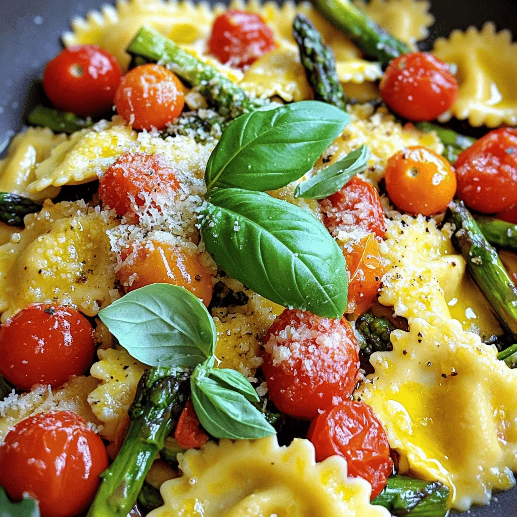 - Fresh or frozen cheese ravioli - Cherry tomatoes - Asparagus - Olive oil - Garlic For this dish, you need a few key items to create a tasty meal. First, get fresh or frozen cheese ravioli. You can find this at most grocery stores. Next, grab some cherry tomatoes. Their sweetness adds a great flavor boost. A bunch of asparagus brings crunch and color to the mix. Don't forget olive oil. It helps cook the veggies and adds richness. Lastly, garlic is a must. It gives the dish a warm, inviting aroma. - Dried basil - Dried oregano - Salt and pepper - Grated Parmesan cheese - Fresh basil leaves Now, let’s talk about seasoning. Dried basil and oregano add depth to the dish. You’ll want to sprinkle in salt and pepper to enhance the flavors. For a finishing touch, use grated Parmesan cheese. It melts beautifully and makes everything taste amazing. Fresh basil leaves are great for garnish too. They add a pop of color and freshness. For the full recipe, check out the [Full Recipe]. Start by bringing a large pot of salted water to a boil. The salt helps add flavor. Once the water is bubbling, gently add your ravioli. If you use fresh ravioli, it usually cooks for about 3-5 minutes. If you go with frozen, it can take a bit longer, around 7-10 minutes. Watch closely, as overcooked ravioli can become mushy. While the ravioli cooks, heat 2 tablespoons of olive oil in a large skillet over medium heat. Add 2 minced garlic cloves. Sauté them for about 30 seconds until they smell great. Next, toss in the asparagus pieces. Cook them for about 3-4 minutes. You want them tender but still a little crisp. After that, add 1 cup of halved cherry tomatoes, 1 teaspoon of dried basil, and 1 teaspoon of dried oregano. Season with salt and pepper to taste. Cook everything for another 3-4 minutes until the tomatoes soften slightly. When your ravioli finishes cooking, use a slotted spoon to transfer it to the skillet with your veggies. Gently toss everything together. This allows the ravioli to soak up all the delicious flavors. Once combined, remove from heat. Serve it in a bowl and sprinkle with grated Parmesan cheese. Garnish with fresh basil leaves for that extra touch. For the full recipe, check the section above. To get the best texture from your vegetables, time is key. Cook the asparagus until it is bright green and tender but still a bit crisp. This usually takes about 3-4 minutes in the skillet. Don’t forget to add the tomatoes after the asparagus! They only need a few minutes to soften. When cooking ravioli, follow the package instructions closely. Fresh ravioli cooks fast, usually in 3-5 minutes. Frozen ravioli takes longer, around 7-10 minutes. Keep an eye on them to avoid overcooking. Overcooked ravioli can become mushy and lose their charm. Adding herbs can boost the taste of your dish. Consider using fresh basil or parsley for a vibrant touch. You can also try a pinch of red pepper flakes for some heat. This adds a nice kick without overpowering the dish. Flavor pairings can change the whole meal. Lemon zest brightens the taste, while toasted pine nuts add crunch. You can also mix in some sautéed mushrooms for earthiness. These additions make the dish more exciting and unique. When serving, presentation matters. Use a large bowl and gently toss the ravioli with the veggies. This helps distribute the flavors evenly. Sprinkle the grated Parmesan cheese on top, and add fresh basil leaves for color. For sides, a light salad pairs well with this dish. A simple arugula salad with lemon vinaigrette refreshes the palate. Garlic bread also makes a great side and complements the flavors. If you want to explore more, check the Full Recipe for step-by-step details! {{image_2}} You can make this dish even better with protein. Here are two tasty options: - Adding grilled chicken: Slice cooked chicken breast into strips. Toss the chicken with the ravioli, asparagus, and tomatoes. This adds flavor and makes it heartier. - Incorporating shrimp: Sauté shrimp in the skillet after the garlic. Cook them until they turn pink, then add the asparagus and tomatoes. Shrimp pairs well with the dish and adds a nice touch. You can easily adjust this dish for different diets: - Cheese alternatives for a vegan recipe: Use vegan cheese or nutritional yeast instead of Parmesan. This keeps the flavor while making it vegan. - Alternative vegetable combinations: You can swap asparagus for zucchini or bell peppers. Try mixing in spinach or kale for extra nutrients and color. The sauce makes a big difference in flavor. Here are two ideas: - Creamy sauce suggestions: Add heavy cream or a plant-based cream to the skillet. Stir it in after the veggies cook. This creates a rich and smooth sauce that coats the ravioli perfectly. - A light lemon vinaigrette: Mix olive oil, lemon juice, salt, and pepper in a bowl. Drizzle this over the finished dish for a fresh, zesty taste. It brightens the flavors and adds a refreshing twist. For the full recipe of Ravioli with Tomatoes & Asparagus, check out the details above. After enjoying your ravioli, you may have some leftovers. Store them in an airtight container. Glass or plastic containers work well. Make sure to cool the dish before sealing. This helps keep the ravioli fresh. You can store it in the fridge for up to three days. When it's time to enjoy your leftovers, reheating is key. The best way is to use a skillet. Heat on low and add a splash of water. This will help steam the ravioli. Stir gently to avoid mushy pasta. You can also use the microwave. Use a microwave-safe dish and cover it loosely. Heat in short bursts, stirring in between. If you want to save your ravioli longer, freezing is a great option. First, let the dish cool completely. Then, transfer it to a freezer-safe bag or container. Remove any excess air to prevent freezer burn. Ravioli can last up to three months in the freezer. When you're ready to eat frozen ravioli, thaw it in the fridge overnight. For reheating, follow the skillet method to keep it tasty. Enjoy your delicious meal again! For the complete recipe, check out the Full Recipe. Cooking cheese ravioli usually takes about 3 to 5 minutes. If you use frozen ravioli, it may take a little longer. Always check the package for exact times. Fresh ravioli cooks quickly, while dried ravioli needs more time. You want them soft but not mushy. Yes, you can use different ravioli types. Try meat or vegetable ravioli for a twist. Each type will add new flavors. Just adjust the cooking time if necessary. The key is to enjoy what you like. You can use green beans or broccoli instead of asparagus. Both give nice crunch and taste. You can also try zucchini or peas for a different flavor. Just make sure to adjust cooking times as needed. This recipe is great for meal prep! You can make it ahead and store it. Keep the ravioli and sauce separate to avoid sogginess. Store in airtight containers in the fridge for up to four days. Reheat gently to keep flavors fresh. To make this dish gluten-free, use gluten-free ravioli. Many stores offer this option today. You can also make your own from rice flour or other gluten-free grains. Just ensure all other ingredients, like broth and seasonings, are gluten-free too. Check the labels for safety. For the full recipe, check out Ravioli Delight with Fresh Tomatoes & Asparagus. This recipe for ravioli with tomatoes and asparagus is simple yet flavorful. You learned about the main ingredients, how to cook, and tips for perfecting your dish. Customizing your meal adds fun and variety. Feel free to play with proteins or sauces to match your taste. Store your leftovers properly and enjoy later. Cooking can be easy and enjoyable. Trust these methods to create a dish that pleases everyone. Now, gather your ingredients and start cooking!