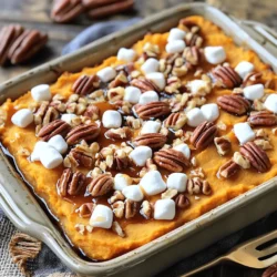 To make the Maple Pecan Sweet Potato Casserole, gather these ingredients: - 4 large sweet potatoes, peeled and cubed - ¼ cup maple syrup - ½ cup milk (or almond milk for a dairy-free option) - 1 teaspoon vanilla extract - ½ teaspoon ground cinnamon - ¼ teaspoon nutmeg - Salt to taste - 1 cup pecans, chopped - ½ cup brown sugar - 2 tablespoons unsalted butter, melted - 1 cup mini marshmallows (optional) You can swap ingredients to suit your taste or needs. Here are some ideas: - Use honey instead of maple syrup for a different sweetness. - Almond milk works great, but coconut milk adds a nice flavor too. - If you want, skip the mini marshmallows for a less sweet dish. - For a nut-free option, use sunflower seeds in place of pecans. - Use coconut oil instead of butter for a dairy-free choice. Selecting the best sweet potatoes is key for this dish. Here’s how to pick them: - Look for firm, smooth skin without bruises or soft spots. - Choose medium-sized sweet potatoes for even cooking. - The color should be bright orange or deep purple, indicating freshness. - Check for heavy ones; they usually have more flavor and moisture. - Avoid potatoes with sprouts or wrinkles, as they are past their prime. By following these steps, you will set a solid base for your Maple Pecan Sweet Potato Casserole. For the full recipe, check the instructions above! First, gather all your ingredients. You will need sweet potatoes, maple syrup, milk, and spices. Start by peeling and cubing 4 large sweet potatoes. Place them in a large pot. Fill the pot with salted water and bring it to a boil. Add the sweet potatoes and cook for about 15 minutes until they are tender. Drain the sweet potatoes and let them cool for a bit. Now, mash the sweet potatoes in a large mixing bowl until smooth. Mix in ¼ cup maple syrup, ½ cup milk, 1 teaspoon vanilla extract, ½ teaspoon ground cinnamon, and ¼ teaspoon nutmeg. Add a pinch of salt to enhance the flavor. Stir everything together until well combined. Preheat your oven to 350°F (175°C). Grease a 9x13 inch baking dish. Transfer the sweet potato mixture into the dish and spread it out evenly. In a separate bowl, mix 1 cup chopped pecans, ½ cup brown sugar, and 2 tablespoons melted butter. Coat the pecans well with the mixture. Sprinkle the pecan topping evenly over the sweet potato layer. If you like extra sweetness, add 1 cup mini marshmallows on top. Bake in the oven for 30 to 35 minutes. Keep an eye on it until the topping turns golden brown and crunchy. Once out of the oven, let the casserole cool for a few minutes. This dish is best served warm. For a beautiful finish, garnish each serving with extra chopped pecans and a drizzle of maple syrup. You can enjoy this casserole as a side dish or a sweet treat during special meals. To get the best texture, mash the sweet potatoes well. Use a potato masher or a fork. You want them creamy and smooth. If you want a fluffier mix, add a bit more milk. This helps to keep the casserole light and airy. Avoid over-mixing, as that can make the texture gummy. You can boost the flavor by adding a pinch of sea salt. This brings out the sweetness. If you enjoy a hint of spice, try adding ginger or cloves. You can also mix in some orange zest for a fresh twist. For those who love a nutty flavor, adding more chopped pecans is a great choice. Always preheat your oven to 350°F (175°C) before baking. This ensures even cooking. Bake your casserole for 30-35 minutes. Keep an eye on the top; it should be golden brown. If you want extra crunch, turn on the broiler for the last few minutes, but watch closely to avoid burning. Let it cool for a few minutes before serving. This helps the flavors meld together nicely. For the full recipe, refer to the earlier section. {{image_2}} To make this dish dairy-free, you can use almond milk instead of regular milk. Almond milk adds a nice touch without changing the dish's flavor much. You can also try coconut milk for a richer taste. Just make sure to check the label for any added sugars. This keeps the sweet potato casserole creamy and delicious. While pecans are a classic choice, you can switch things up. Walnuts or hazelnuts work well too. Both give a nice crunch and rich flavor. If you prefer a nut-free option, try using pumpkin seeds. They add a different texture and are safe for those with nut allergies. You can play with seasonal ingredients to make this dish unique. In the fall, add cranberries for a tart kick. In spring, try adding diced apples for a fresh twist. You can even mix in spices like ginger or cloves for added warmth. These changes keep the casserole exciting throughout the year. For the full recipe, check the details above. To keep your Maple Pecan Sweet Potato Casserole fresh, let it cool first. Then, place leftovers in an airtight container. Store it in the fridge for up to four days. If you want to keep it longer, freezing is a great option. If you want to freeze your casserole, make sure it is cool. Cover it tightly with plastic wrap or aluminum foil. You can also use a freezer-safe container. It will last for up to three months. To prevent freezer burn, try to remove as much air as possible. When you're ready to eat your casserole, preheat your oven to 350°F (175°C). Remove the casserole from the fridge or freezer. If it's frozen, let it thaw in the fridge overnight. Cover it with foil to keep it moist while reheating. Bake for about 25-30 minutes or until heated through. You want it warm and the topping to be crunchy. For extra flavor, drizzle a bit of maple syrup before serving. You can prepare this dish ahead of time. First, cook and mash the sweet potatoes. Then, mix in the maple syrup, milk, vanilla, cinnamon, nutmeg, and salt. Transfer this mixture to a baking dish. Next, make the pecan topping by mixing pecans, brown sugar, and melted butter. Store both parts in the fridge for up to two days. When you’re ready to bake, simply combine them and bake as usual. This makes serving easy and fast. Yes, you can use different sweet potatoes. White sweet potatoes or Japanese sweet potatoes are great options. They have a similar taste but vary in texture. Each type will give your casserole a unique twist. Just ensure they are tender when cooked. This way, your dish remains creamy and smooth. This casserole pairs well with many dishes. You can serve it alongside roasted turkey or glazed ham for a festive meal. It also goes great with green beans or a fresh salad. Add some cranberry sauce for a sweet contrast. Each side brings out the warm flavors of the casserole, making your meal feel complete. For the full recipe, check the section above. In this post, we explored how to make a tasty Maple Pecan Sweet Potato Casserole. We covered the ingredients, preparation steps, and storage tips. You learned to enhance flavor, choose fresh sweet potatoes, and try fun variations. Remember, small changes can make your dish special. Making this casserole is easy and rewarding. Enjoy your cooking and share your results with others!