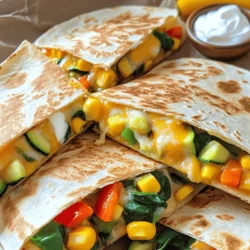 To make easy veggie quesadillas, you need a few key ingredients. Here’s what you will need: - 4 large flour tortillas - 1 cup shredded cheddar cheese - 1 cup shredded mozzarella cheese - 1 bell pepper (any color), diced - 1 small zucchini, diced - 1 cup fresh spinach, chopped - 1/2 cup corn (canned or frozen) - 1 teaspoon cumin - 1 teaspoon paprika - Salt and pepper to taste - 2 tablespoons olive oil - Sour cream or salsa for serving (optional) Using fresh vegetables gives a bright taste and better texture. Frozen veggies can also work well. They are quick and easy. Just thaw them before cooking. Choosing the right cheese is key. Cheddar adds a sharp flavor, while mozzarella melts beautifully. Combining both gives you a rich, gooey filling that everyone loves. You can add more flavors and textures to your quesadillas. Here are some ideas: - Black beans or pinto beans for extra protein - Mushrooms for a savory, earthy taste - Onions for sweetness - Jalapeños for a spicy kick You can also explore spices. Try adding chili powder or garlic powder for depth. A pinch of oregano can add an herbaceous note. Mix and match to find your favorite blend! For the full recipe, check out the complete list of ingredients above. Enjoy this easy and tasty meal! To make these easy veggie quesadillas, start by prepping your vegetables. First, wash the bell pepper and zucchini. Next, cut the bell pepper into small, even pieces. Dice the zucchini into similar-sized chunks for even cooking. Finally, chop the fresh spinach into small bits. This helps it mix well with other veggies. Now, it's time to sauté. Heat 1 tablespoon of olive oil in a large skillet over medium heat. Add the diced bell pepper and zucchini. Cook for about 5 minutes, stirring often, until they soften. Then, add the chopped spinach and corn. Cook for an additional 2-3 minutes until the spinach wilts. Season the mix with cumin, paprika, salt, and pepper. Stir well and remove from heat. Next, let’s cook the quesadillas on the stovetop. Use a separate non-stick skillet and heat a small amount of olive oil over medium heat. Place one tortilla in the skillet. On one half, sprinkle a layer of cheddar and mozzarella cheese. Then, add a generous amount of the sautéed veggie mix on top of the cheese. Sprinkle a bit more cheese over the veggies. This helps keep everything together. Now, fold the tortilla in half. Cook for about 3-4 minutes on each side. You want the tortilla golden brown and the cheese melted. Repeat this process with the rest of the tortillas and filling. Finally, it's time to serve your quesadillas. Cut each quesadilla into wedges for easy eating. You can serve them warm with sour cream or salsa on the side. These dips add extra flavor and make the meal even better. Enjoy your delicious veggie quesadillas! For the full recipe, check out the details above. To get the perfect crispy tortilla, use a non-stick skillet. Heat it over medium heat. Add a small amount of olive oil before each quesadilla. This helps the tortilla crisp up nicely. Cook each side for about 3-4 minutes. Watch for a golden color on the outside. You can also press down lightly on the quesadilla with a spatula. This helps the cheese melt evenly and creates a nice crunch. For cooking times, keep an eye on the heat. If it’s too high, the tortilla may burn before the cheese melts. If it’s too low, the quesadilla may get soggy. Medium heat works best. Make sure to flip the quesadilla gently to avoid spills. To store leftover quesadillas, let them cool completely. Wrap them tightly in plastic wrap. You can also use an airtight container. This keeps them fresh for up to 3 days in the fridge. If you want to store them longer, freeze them. Wrap each quesadilla in foil, then place them in a freezer bag. They can last up to 3 months in the freezer. When reheating quesadillas, use the skillet again for the best results. Heat a small amount of oil over medium heat. Cook each side for about 2-3 minutes until hot. You can also use the microwave for a quick reheat, but this may make the tortilla soft. Enjoy your leftover quesadillas just like the first time! For the full recipe, check out the details above. {{image_2}} You can easily add meat to your veggie quesadillas. Chicken or shrimp work great. For chicken, use cooked and shredded pieces. For shrimp, you can use raw shrimp and cook them until pink. When adding meat, adjust your cooking times. If using raw shrimp, cook them for about 2-3 minutes before adding veggies. For chicken, ensure it’s heated through, which takes about 5 minutes. If you want a vegan option, choose dairy-free cheese and corn tortillas. Many stores sell these now. For gluten-free quesadillas, use corn tortillas instead of flour. They crisp up nicely and taste great. Always check labels to ensure they meet your needs. You can enjoy all the flavors while keeping it simple. This way, everyone can enjoy a tasty meal. Each serving of these Easy Veggie Quesadillas is packed with nutrients. You get about 15 grams of protein, 10 grams of fat, and 40 grams of carbs. The protein comes from the cheese and vegetables. The fat mainly comes from the cheese and olive oil. The carbs come from the tortillas and veggies. Eating these quesadillas gives you many health benefits. Bell peppers are rich in vitamins A and C. Zucchini adds fiber and hydration. Spinach is a superfood full of iron and antioxidants. Corn provides energy and adds a sweet crunch. Together, these veggies boost your health and taste fantastic. These quesadillas are great for vegetarians. You can easily make them vegan by swapping the cheese with plant-based options. I love using almond or coconut cheese for a creamy texture. Watch out for allergens. The main ingredients are gluten and dairy. If you have these allergies, choose gluten-free tortillas and dairy-free cheese. Always read labels to ensure your ingredients are safe. How to prevent quesadillas from getting soggy? To keep your quesadillas crispy, avoid overloading them with filling. Use less cheese and veggies. Always cook them on medium heat, so they get golden but don’t steam. If you use frozen veggies, make sure to thaw and drain them first. This helps keep moisture down. Can these be made ahead of time? Yes, you can make quesadillas ahead of time. Cook them, let them cool, and store them in the fridge. When ready to eat, reheat them in a skillet for a few minutes. This keeps them crispy and delicious. What if I don’t have certain ingredients? You can swap ingredients easily. Don’t have bell pepper? Use onion or carrots instead. No mozzarella? Try using only cheddar. Just keep the basic idea of cheese and veggies, and you’ll be fine. Can I bake these quesadillas instead of frying? Absolutely! Just preheat your oven to 400°F (200°C). Place the quesadillas on a baking sheet and brush them lightly with olive oil. Bake for about 10-15 minutes, flipping halfway through. They’ll come out crispy and tasty! For the full recipe, check the detailed instructions. In this blog post, we explored making Easy Veggie Quesadillas. We covered essential ingredients like fresh vegetables and the right cheese. Optional mix-ins, spices, and serving ideas added to the recipe's versatility. You now know how to prepare and cook perfect quesadillas, and how to store or reheat leftovers. Variations for meat and dietary needs can fit any palate. Enjoy your veggie quesadilla journey! You'll impress everyone with your delicious creations.
