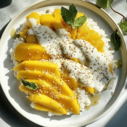 To make this sweet dish, you need a few key items. Here’s what you will need: - 1 cup glutinous rice (sticky rice) - 1 1/2 cups coconut milk - 1/2 cup sugar - 1/4 teaspoon salt - 2 ripe mangoes, peeled and sliced - 1 tablespoon sesame seeds or shredded coconut for garnish (optional) - Fresh mint leaves for garnish (optional) These ingredients come together to create a creamy, sweet, and fruity delight. You will need some basic kitchen tools to prepare this dish: - A steamer or a pot with a lid - A bowl for soaking rice - A saucepan for making the coconut sauce - A cutting board and knife for slicing mangoes - Measuring cups and spoons Having these tools ready will make your cooking process smooth and easy. Finding the right ingredients can make your dish taste even better. Here are some tips: - Glutinous Rice: Look for this at Asian grocery stores or online. Make sure it is labeled "sticky rice." - Coconut Milk: Choose a brand that is thick and creamy. You want a rich flavor. - Mangoes: Opt for ripe, sweet mangoes. Varieties like Ataulfo or Haden are great choices. Using fresh and authentic ingredients will enhance the flavor of your mango sticky rice. For the full recipe, visit the provided link. To make perfect sticky rice, start with glutinous rice. Rinse it under cold water until the water runs clear. This step removes excess starch. Next, soak the rinsed rice in water for at least three hours. For the best texture, soak it overnight. After soaking, drain the rice. Place it in a steamer lined with cheesecloth or a clean kitchen towel. Steam over boiling water for 30 to 40 minutes. The rice should be tender and sticky when done. While the rice cooks, let's make the coconut sauce. In a saucepan, combine coconut milk, sugar, and salt. Heat the mixture over medium heat. Stir it until the sugar dissolves, but do not let it boil. This sauce adds creaminess and sweetness to the dish. Once ready, set it aside until the rice is cooked. After the rice is cooked, transfer it to a bowl. Drizzle one cup of the warm coconut sauce over the rice. Gently mix to combine. Let it sit for about ten minutes to absorb the flavors. While the rice soaks up the sauce, slice the mangoes into thin strips. To serve, place a portion of sticky rice on a plate. Arrange the sliced mango beside it. Drizzle some of the remaining coconut sauce over both. For a lovely finish, sprinkle sesame seeds or shredded coconut on top. Add fresh mint leaves for color and freshness. Enjoy your Tropical Mango Sticky Rice! For the full recipe, check out the details above. To get the best sticky rice, start with glutinous rice. Rinse it well under cold water. This step removes excess starch. Then, soak it for at least three hours. Soaking overnight gives the best texture. When you steam the rice, use a steamer lined with cheesecloth. Steam for 30 to 40 minutes. The rice should be tender and sticky when done. You can enhance the flavor with a few simple tricks. Add a bit of pandan leaf while soaking the rice for a fragrant touch. Try mixing in some vanilla extract into the coconut sauce for a sweet hint. You can also use a pinch of cinnamon or nutmeg to spice it up. If you like a salty-sweet balance, add a bit more salt to the coconut sauce. Presentation matters! For a beautiful dish, use a plate with a wide rim. Place the sticky rice on one side. Artfully arrange the mango slices next to it. Drizzle some coconut sauce over both the rice and mango. Top it off with sesame seeds or shredded coconut for texture. Fresh mint leaves add a pop of color and freshness. This makes your dish not just tasty but also pleasing to the eyes! {{image_2}} You can use many fruits with mango sticky rice. Try ripe bananas for a sweet twist. Passion fruit adds a tangy punch. Pineapple chunks bring a tropical vibe. You could also use strawberries for a pop of color. Mix and match to find your favorite fruit combo! This recipe is easy to make dairy-free. Simply ensure your coconut milk is pure and free from additives. You can also skip the sugar or use alternatives like maple syrup or agave. This way, you can enjoy the dish without compromising on flavor or dietary needs. While the coconut sauce is a star, you can enhance it further. A drizzle of caramel sauce adds sweetness. You might try a hint of lime juice for brightness. A spicy chili sauce can give it a kick! Feel free to experiment and find your unique twist. Check out the [Full Recipe] for more details on making this delightful dish! After you enjoy your Tropical Mango Sticky Rice, you may have some leftovers. To store them, let the rice cool to room temperature. Then, place the sticky rice and mango in airtight containers. Make sure to keep the coconut sauce in a separate container. This helps keep the flavors fresh. You can store both in the fridge for up to three days. Remember to cover them well to prevent drying out. When it’s time to enjoy your leftovers, you’ll want to reheat them correctly. For the sticky rice, add a splash of water in a microwave-safe bowl. Cover it with a damp paper towel. Heat in short bursts, stirring in between, until warm. For the coconut sauce, pour it into a small saucepan. Warm it gently over low heat, stirring until it’s smooth. Avoid boiling it, as this can change the texture. The shelf life of your Tropical Mango Sticky Rice is about three days in the fridge. If you want to keep it longer, consider freezing it. You can freeze the sticky rice for up to one month. Wrap it tightly in plastic wrap and then place it in a freezer bag. The coconut sauce can also be frozen for a month. Just remember to label your containers with dates. When you’re ready to eat, thaw in the fridge overnight before reheating. This will help maintain the taste and texture of your dish. The best rice for sticky rice is glutinous rice, also known as sweet rice. This rice is starchy and becomes very sticky when cooked. It holds together well, making it perfect for this dish. Always rinse the rice before soaking to remove excess starch. This step helps achieve the right texture for your Tropical Mango Sticky Rice. Yes, you can prepare some parts in advance. You can soak the rice the night before. Cook the rice and make the coconut sauce a few hours ahead. Keep them separate until you’re ready to serve. This helps keep the rice sticky and the sauce fresh. Just reheat the coconut sauce gently before serving. One common mistake is not soaking the rice long enough. Soaking for at least three hours is key. Another mistake is boiling the coconut sauce. Heat it gently to dissolve the sugar, but don’t let it boil. Lastly, avoid skipping the resting time after mixing the rice with the sauce. This helps the rice absorb the flavors better. For a detailed guide, check out the Full Recipe. In this post, we explored how to make Tropical Mango Sticky Rice. We covered key ingredients, tools, and how to source them. You learned step-by-step instructions for making the rice and coconut sauce, along with tips for perfect texture and flavor. We also discussed variations and proper storage. This dish is not just sweet; it’s a fun way to impress others. Enjoy making it your own, and don’t be afraid to experiment with flavors and presentations. Happy cooking!