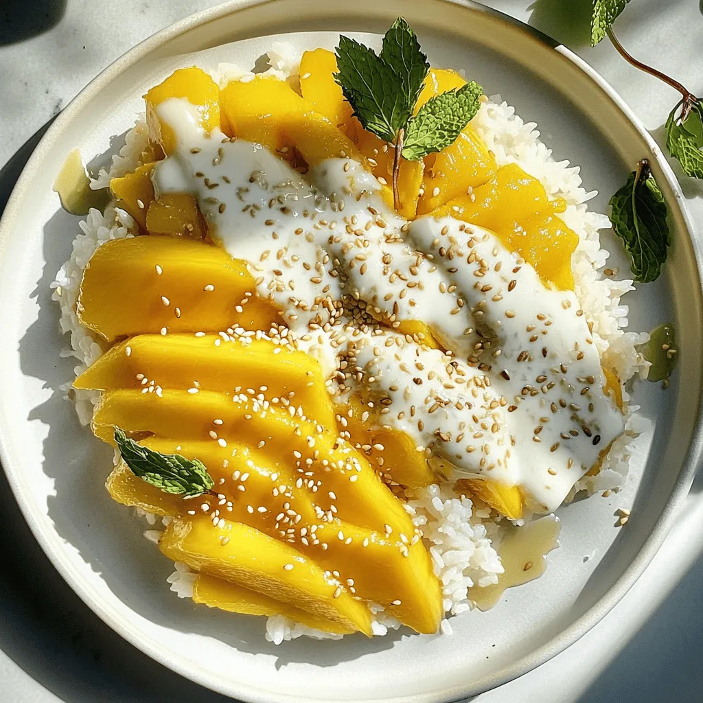 To make this sweet dish, you need a few key items. Here’s what you will need: - 1 cup glutinous rice (sticky rice) - 1 1/2 cups coconut milk - 1/2 cup sugar - 1/4 teaspoon salt - 2 ripe mangoes, peeled and sliced - 1 tablespoon sesame seeds or shredded coconut for garnish (optional) - Fresh mint leaves for garnish (optional) These ingredients come together to create a creamy, sweet, and fruity delight. You will need some basic kitchen tools to prepare this dish: - A steamer or a pot with a lid - A bowl for soaking rice - A saucepan for making the coconut sauce - A cutting board and knife for slicing mangoes - Measuring cups and spoons Having these tools ready will make your cooking process smooth and easy. Finding the right ingredients can make your dish taste even better. Here are some tips: - Glutinous Rice: Look for this at Asian grocery stores or online. Make sure it is labeled "sticky rice." - Coconut Milk: Choose a brand that is thick and creamy. You want a rich flavor. - Mangoes: Opt for ripe, sweet mangoes. Varieties like Ataulfo or Haden are great choices. Using fresh and authentic ingredients will enhance the flavor of your mango sticky rice. For the full recipe, visit the provided link. To make perfect sticky rice, start with glutinous rice. Rinse it under cold water until the water runs clear. This step removes excess starch. Next, soak the rinsed rice in water for at least three hours. For the best texture, soak it overnight. After soaking, drain the rice. Place it in a steamer lined with cheesecloth or a clean kitchen towel. Steam over boiling water for 30 to 40 minutes. The rice should be tender and sticky when done. While the rice cooks, let's make the coconut sauce. In a saucepan, combine coconut milk, sugar, and salt. Heat the mixture over medium heat. Stir it until the sugar dissolves, but do not let it boil. This sauce adds creaminess and sweetness to the dish. Once ready, set it aside until the rice is cooked. After the rice is cooked, transfer it to a bowl. Drizzle one cup of the warm coconut sauce over the rice. Gently mix to combine. Let it sit for about ten minutes to absorb the flavors. While the rice soaks up the sauce, slice the mangoes into thin strips. To serve, place a portion of sticky rice on a plate. Arrange the sliced mango beside it. Drizzle some of the remaining coconut sauce over both. For a lovely finish, sprinkle sesame seeds or shredded coconut on top. Add fresh mint leaves for color and freshness. Enjoy your Tropical Mango Sticky Rice! For the full recipe, check out the details above. To get the best sticky rice, start with glutinous rice. Rinse it well under cold water. This step removes excess starch. Then, soak it for at least three hours. Soaking overnight gives the best texture. When you steam the rice, use a steamer lined with cheesecloth. Steam for 30 to 40 minutes. The rice should be tender and sticky when done. You can enhance the flavor with a few simple tricks. Add a bit of pandan leaf while soaking the rice for a fragrant touch. Try mixing in some vanilla extract into the coconut sauce for a sweet hint. You can also use a pinch of cinnamon or nutmeg to spice it up. If you like a salty-sweet balance, add a bit more salt to the coconut sauce. Presentation matters! For a beautiful dish, use a plate with a wide rim. Place the sticky rice on one side. Artfully arrange the mango slices next to it. Drizzle some coconut sauce over both the rice and mango. Top it off with sesame seeds or shredded coconut for texture. Fresh mint leaves add a pop of color and freshness. This makes your dish not just tasty but also pleasing to the eyes! {{image_2}} You can use many fruits with mango sticky rice. Try ripe bananas for a sweet twist. Passion fruit adds a tangy punch. Pineapple chunks bring a tropical vibe. You could also use strawberries for a pop of color. Mix and match to find your favorite fruit combo! This recipe is easy to make dairy-free. Simply ensure your coconut milk is pure and free from additives. You can also skip the sugar or use alternatives like maple syrup or agave. This way, you can enjoy the dish without compromising on flavor or dietary needs. While the coconut sauce is a star, you can enhance it further. A drizzle of caramel sauce adds sweetness. You might try a hint of lime juice for brightness. A spicy chili sauce can give it a kick! Feel free to experiment and find your unique twist. Check out the [Full Recipe] for more details on making this delightful dish! After you enjoy your Tropical Mango Sticky Rice, you may have some leftovers. To store them, let the rice cool to room temperature. Then, place the sticky rice and mango in airtight containers. Make sure to keep the coconut sauce in a separate container. This helps keep the flavors fresh. You can store both in the fridge for up to three days. Remember to cover them well to prevent drying out. When it’s time to enjoy your leftovers, you’ll want to reheat them correctly. For the sticky rice, add a splash of water in a microwave-safe bowl. Cover it with a damp paper towel. Heat in short bursts, stirring in between, until warm. For the coconut sauce, pour it into a small saucepan. Warm it gently over low heat, stirring until it’s smooth. Avoid boiling it, as this can change the texture. The shelf life of your Tropical Mango Sticky Rice is about three days in the fridge. If you want to keep it longer, consider freezing it. You can freeze the sticky rice for up to one month. Wrap it tightly in plastic wrap and then place it in a freezer bag. The coconut sauce can also be frozen for a month. Just remember to label your containers with dates. When you’re ready to eat, thaw in the fridge overnight before reheating. This will help maintain the taste and texture of your dish. The best rice for sticky rice is glutinous rice, also known as sweet rice. This rice is starchy and becomes very sticky when cooked. It holds together well, making it perfect for this dish. Always rinse the rice before soaking to remove excess starch. This step helps achieve the right texture for your Tropical Mango Sticky Rice. Yes, you can prepare some parts in advance. You can soak the rice the night before. Cook the rice and make the coconut sauce a few hours ahead. Keep them separate until you’re ready to serve. This helps keep the rice sticky and the sauce fresh. Just reheat the coconut sauce gently before serving. One common mistake is not soaking the rice long enough. Soaking for at least three hours is key. Another mistake is boiling the coconut sauce. Heat it gently to dissolve the sugar, but don’t let it boil. Lastly, avoid skipping the resting time after mixing the rice with the sauce. This helps the rice absorb the flavors better. For a detailed guide, check out the Full Recipe. In this post, we explored how to make Tropical Mango Sticky Rice. We covered key ingredients, tools, and how to source them. You learned step-by-step instructions for making the rice and coconut sauce, along with tips for perfect texture and flavor. We also discussed variations and proper storage. This dish is not just sweet; it’s a fun way to impress others. Enjoy making it your own, and don’t be afraid to experiment with flavors and presentations. Happy cooking!