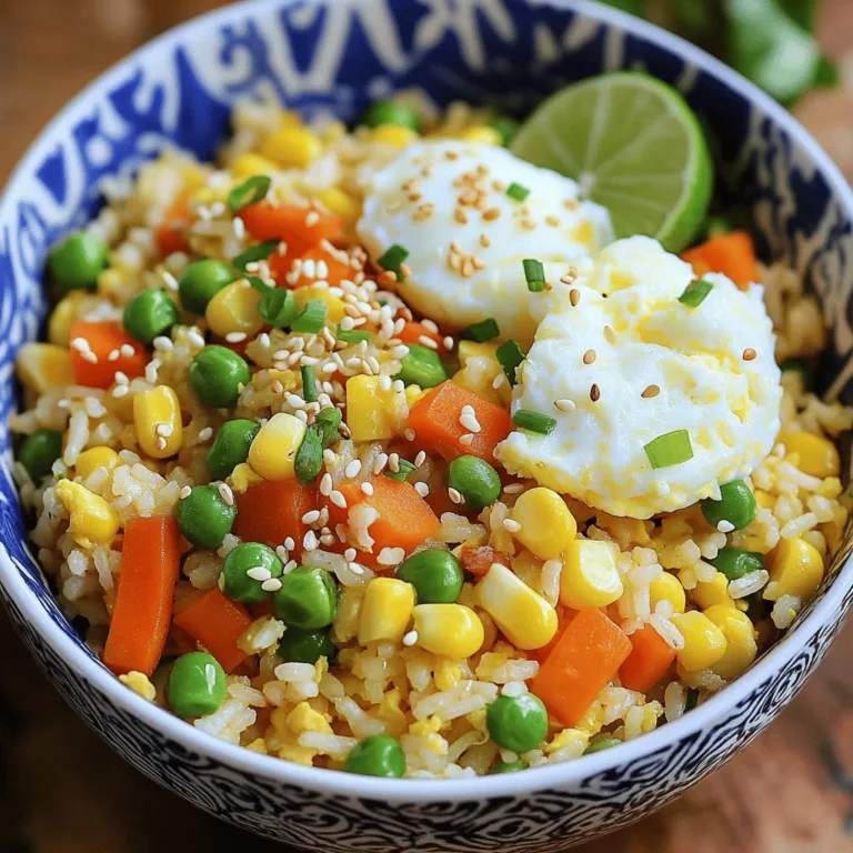 Here’s what you need to make Easy Vegetable Fried Rice: - 2 cups cooked jasmine rice - 1 cup mixed vegetables (like carrots, peas, bell peppers, corn) - 1 small onion, diced - 2 cloves garlic, minced - 2 tablespoons soy sauce - 1 tablespoon sesame oil - 2 tablespoons vegetable oil - 2 green onions, chopped - 2 large eggs (optional for added protein) - Salt and pepper to taste - Sesame seeds for garnish (optional) Each ingredient adds its own flavor and texture. I recommend using day-old jasmine rice. It’s drier and helps create that perfect fried rice texture. Freshly cooked rice can be too sticky. Feel free to swap in your favorite veggies. You can use frozen or fresh options. This recipe is flexible, so you can adjust it based on what you have on hand. For the soy sauce, choose a low-sodium version if you want to control the salt. The sesame oil adds a nice nutty flavor that really makes this dish shine. If you like eggs, they bring extra protein and richness. Just remember, they are optional. You can still enjoy a tasty dish without them. This is a simple list, but it packs a punch. You can find the Full Recipe for more details on how to bring this dish together. Using day-old rice is key to great fried rice. It dries out and keeps the grains separate. Fresh rice clumps together, which makes it hard to fry. If you need to cook jasmine rice, rinse it first. This removes extra starch. Use 1 cup of water for every cup of rice. Bring it to a boil, then cover and simmer for 15 minutes. Let it cool before using. If you want protein, scramble the eggs first. Heat 1 tablespoon of vegetable oil in a large pan. Pour in the beaten eggs and stir until they are cooked. Set the eggs aside. Next, use the same pan for onions and garlic. Add the diced onion and minced garlic. Sauté for about 2-3 minutes. The onions should be soft and clear. Now, add your mixed vegetables to the pan. Stir-fry for 3-4 minutes until they are hot. You can use any mix you like, such as carrots, peas, and bell peppers. It is time to add the rice! Push the veggies to one side of the pan. Add the cooked rice to the other side. Pour in the soy sauce and sesame oil. Mix everything together until the rice is warm and coated. If you scrambled eggs, add them back in now. Stir in the chopped green onions. Season with salt and pepper to taste. Enjoy this easy vegetable fried rice with your family. For the full recipe, check the details above. To boost the taste of your vegetable fried rice, consider adding spices. A pinch of ground ginger or a dash of chili flakes can work wonders. If you like heat, try sriracha or chili oil. For a fresh twist, add a squeeze of lime juice right before serving. Adjusting for dietary needs is easy. If you want a vegan dish, skip the eggs. You can swap soy sauce with tamari for a gluten-free option. For lower sodium, choose low-sodium soy sauce. Use a large, non-stick pan or wok for best results. This helps the rice cook evenly without sticking. Always heat your pan over medium-high heat before adding oil. This step is key to a great stir-fry. To prevent sticking, ensure your rice is cold and dry. Day-old rice works best. If you have fresh rice, let it cool completely before using. This will help keep your fried rice fluffy and light. Serve your vegetable fried rice in a large bowl or on individual plates. This makes it look more inviting. For garnishing, sprinkle sesame seeds and chopped green onions on top. This adds color and crunch. You can even add a lime wedge on the side. The zesty touch brightens the dish and makes it more appealing. For the full recipe, check out the details above. {{image_2}} You can easily add proteins to your vegetable fried rice. Chicken is a great choice. Simply cook diced chicken in the pan until golden. Shrimp also works well. Just sauté shrimp until they turn pink. If you prefer vegetarian options, try tofu. Firm tofu adds a nice texture. You can scramble eggs into the mix for extra protein. If you want to keep it plant-based, skip the eggs and use tofu instead. You can change the vegetables based on what you have. In winter, use broccoli or kale. In summer, zucchini and bell peppers shine. Frozen vegetables are also a good option. They are quick to use and still tasty. Just make sure to thaw them before adding them to the pan. Fresh veggies are best for flavor, but frozen works in a pinch. Sauces can take your fried rice to new levels. Try teriyaki sauce for a sweet twist. Oyster sauce adds depth and umami. Don’t forget to adjust spice levels. If you like heat, add chili flakes or sriracha. Start with a little, then taste and add more if needed. This way, you can make your fried rice just how you like it. For the full recipe, check out the vibrant veggie fried rice 🥦. To keep your vegetable fried rice fresh, follow these simple tips: - Refrigerator Storage: Place the fried rice in an airtight container. Store it in the fridge within two hours of cooking. This helps prevent spoilage. It can last for about 3 to 4 days. - Freezing Tips: For longer storage, freeze the fried rice. Use a freezer-safe container or bag. Be sure to remove as much air as possible. It can stay fresh for up to 3 months. When ready, thaw it in the fridge overnight before reheating. You can reheat your fried rice using two main methods: - Microwave: Place the rice in a microwave-safe bowl. Add a splash of water to keep it moist. Cover the bowl with a lid or microwave-safe wrap. Heat in short bursts, stirring in between, until hot. - Stovetop: Heat a pan over medium heat. Add a little oil or water to prevent sticking. Add the rice and stir frequently until heated through. This method helps keep the rice from becoming mushy. Fried rice can last a while when stored properly: - How Long Does Fried Rice Last?: In the fridge, it lasts about 3 to 4 days. In the freezer, it can last up to 3 months. - Signs of Spoilage: Look for changes in color or smell. If the rice has an off odor or shows signs of mold, it’s best to discard it. Always trust your senses when checking for freshness. You can use various rice types for fried rice. However, I recommend jasmine rice for the best flavor and texture. Long-grain rice also works well. Avoid sticky rice, as it clumps together. Day-old rice is ideal because it dries out a bit, making it easier to fry. Vegetable fried rice can be gluten-free, but it depends on the soy sauce. Regular soy sauce contains gluten. You can use gluten-free soy sauce instead. Always check labels to be sure. This way, you can enjoy the dish without worry. To make vegetable fried rice vegetarian, simply skip the eggs. For a vegan option, use tofu or chickpeas for protein. You can also use plant-based sauces. Coconut aminos works as a great soy sauce substitute. These swaps keep your dish hearty and delicious. Vegetable fried rice pairs well with many sides. Try serving spring rolls, dumplings, or a fresh salad. A light soup also complements this dish nicely. For a fun twist, add some crispy fried wontons. These sides create a delicious and colorful meal. This blog post covered how to make a delicious vegetable fried rice. We looked at the key ingredients, step-by-step cooking methods, and tips to boost flavor. Variations allow for protein and veggie swaps, making this dish fun and versatile. Storing methods help keep leftovers fresh. In the end, fried rice is easy to make and share. Try these tips and enjoy your meal!