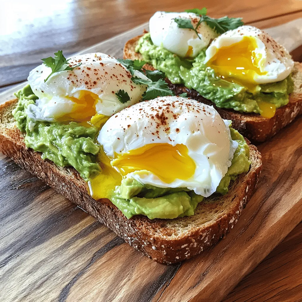 - 2 slices of whole-grain bread - 1 ripe avocado - 2 large eggs - 1 tablespoon lemon juice - Salt and pepper to taste - 1/2 teaspoon red pepper flakes (optional) - Fresh herbs (such as cilantro or chives) for garnish - Olive oil for drizzling To make savory avocado toast with poached egg, you need the right ingredients. Whole-grain bread forms a hearty base. Ripe avocado gives a creamy texture and rich flavor. Fresh eggs provide protein and a lovely runny yolk. You can adjust the taste with lemon juice, salt, and pepper. Red pepper flakes add a kick, but they are optional. Fresh herbs enhance the dish's look and taste. A drizzle of olive oil adds a touch of luxury. These ingredients not only taste great together, but they also offer nutrition for a balanced meal. For the full recipe, check out our steps on how to prepare this delightful dish. You will enjoy the blend of flavors and textures, making it a perfect choice for breakfast or brunch. Start by toasting the whole-grain bread slices until they turn golden brown and crispy. This gives your toast a nice crunch and a warm base for the avocado. Next, heat a pot of water over medium heat. Add a splash of vinegar to help the eggs hold their shape. Crack each egg into a small bowl and gently slide them into the simmering water. Poach for 3-4 minutes. You want the whites set, but the yolks should still be soft. While the eggs are cooking, take a ripe avocado and mash it in a bowl. Mix in one tablespoon of lemon juice and season with salt and pepper. You can also add red pepper flakes for a little heat if you like. Once your bread is toasted, spread the mashed avocado generously on each slice. Now, using a slotted spoon, lift the poached eggs from the water. Let any extra water drain off, then place one egg on each slice of avocado toast. Drizzle a bit of olive oil over the top and sprinkle with fresh herbs. You can add more salt, pepper, and red pepper flakes for extra flavor. This simple yet delightful dish combines creamy avocado with a perfectly poached egg, making it a favorite for breakfast or brunch. For the complete recipe, check out the [Full Recipe]. To make great poached eggs, use fresh eggs. Fresh eggs hold their shape better. Add a splash of vinegar to the water. This helps the whites stay together while cooking. Heat your water to a gentle simmer, not a rolling boil. This way, your eggs cook evenly and do not break apart. When mashing your avocado, aim for a smooth or chunky texture, depending on your taste. I like to mix in lemon juice for a zesty touch. Try adding minced garlic or crumbled feta cheese for a flavor boost. These extras can take your avocado mash to the next level. Remember to season with salt and pepper for the best taste. Garnish your toast with fresh herbs, like cilantro or chives, for a pop of color. A sprinkle of red pepper flakes adds a little heat. For a complete meal, serve your toast with a side salad or juicy cherry tomatoes. The freshness balances the richness of the avocado and egg. Enjoy the mix of flavors and colors on your plate! {{image_2}} You can easily swap whole-grain bread for other options. Try sourdough for a tangy flavor. Gluten-free bread works well too, making this dish inclusive for all diets. Elevate your avocado toast by adding more flavors. Smoked salmon gives a nice, rich taste. Crispy bacon adds a crunchy texture. Feta cheese brings a creamy, salty kick. Mix and match these toppings for fun. If you prefer a vegan option, you can still enjoy this dish. Replace the eggs with tofu or chickpea scramble. Both options provide protein and keep the meal satisfying. You won't miss the eggs at all! For the full recipe, check out the complete instructions above. Store leftover avocado in an airtight container with lemon juice to prevent browning. The acid in the lemon juice helps keep the avocado fresh and green. Use a fork to mash the avocado, then add the lemon juice. Mix well, then cover it tightly. This method keeps it tasty for about one day. Toast can be reheated but is best fresh. To maintain crispness, use the oven or toaster. If you reheat in the microwave, it may get soggy. For the oven, set it to 350°F (175°C) and heat for about 5 minutes. For the toaster, simply pop it back in until it warms up. Poached eggs are best enjoyed immediately. However, if you need to store them briefly, place them in cold water. This keeps them moist. You can store them for up to one hour in the fridge. When ready to eat, just reheat them in warm water for about 2 minutes. This helps them stay soft and delicious. For the full recipe, check out the steps for a perfect avocado toast with poached egg delight! To poach an egg well, start with fresh eggs. Fresh eggs hold their shape better. Use a pot of water heated to a gentle simmer, not a boil. Add a splash of vinegar. The vinegar helps the egg whites stay together. Crack each egg into a small bowl first. This makes it easier to slide it into the water. Poach the eggs for 3 to 4 minutes. The whites should be set, while the yolk stays runny. Use a slotted spoon to lift them out and let them drain. You can use frozen avocado, but it may change the texture. Thaw it in the fridge overnight or in cold water for a quicker option. Once thawed, check for brown spots. They can affect taste and look. If the color is okay, mash it up and mix it with lemon juice. This will help keep it fresh. Remember, fresh avocado has a creamier texture. To lower the calories in this dish, consider a few swaps. Use only one egg instead of two. You can also use less avocado if you want. Try using a lighter bread, like a low-calorie whole-grain option. Instead of olive oil, sprinkle on some lemon juice for flavor without the added fat. You can also skip the red pepper flakes if you prefer less spice. Adjusting these ingredients can help fit your needs without losing taste. This recipe combines wholesome ingredients like whole-grain bread, avocado, and eggs. You learned to toast bread, poach eggs, and mash avocado. I shared tips for perfecting each step and suggested fun variations. This dish is versatile and easy to make. Enjoy experimenting with flavors and toppings. Simple changes can create a new experience each time. Keep these tips in mind, and you’ll master this tasty meal!