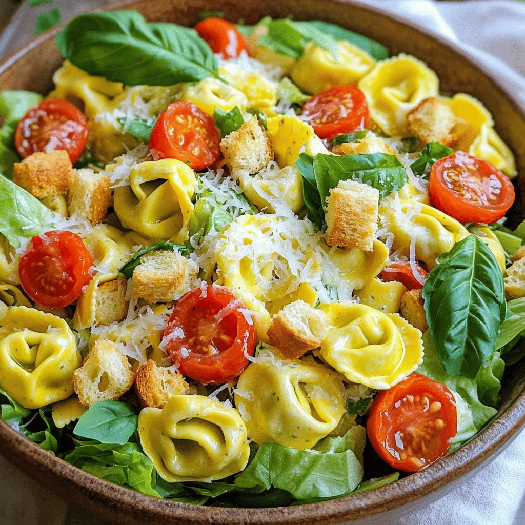 To make a tasty Cheese Tortellini Caesar Salad, gather these ingredients: - 1 package (9 oz) cheese tortellini - 4 cups romaine lettuce, chopped - 1 cup cherry tomatoes, halved - ½ cup shredded Parmesan cheese - ¼ cup Caesar dressing (store-bought or homemade) - ¼ tsp garlic powder - ¼ tsp black pepper - 1 cup croutons - Fresh basil leaves for garnish (optional) Using fresh ingredients makes a big difference. Select firm cherry tomatoes and crisp romaine lettuce. For cheese, choose high-quality Parmesan. If you want a lighter option, swap the tortellini for whole wheat or spinach tortellini. You can also try other greens like kale or arugula for a different taste. Store-bought Caesar dressing can save time, but homemade dressing packs more flavor. For homemade, blend garlic, anchovy paste, lemon juice, Dijon mustard, egg yolks, and olive oil. This dressing will taste fresher. Use it if you have the time. If you're short on time, don’t hesitate to grab a bottle from the store. Both options will give your salad a great taste. To start, bring a large pot of salted water to boil. Add the cheese tortellini to the pot. Cook them until they are al dente, usually around 3 to 5 minutes. Drain the tortellini in a colander. Rinse them under cold water to stop the cooking. This step also cools them down, making them perfect for your salad. In a large mixing bowl, combine the chopped romaine lettuce, halved cherry tomatoes, and shredded Parmesan cheese. These fresh ingredients add great flavor and texture. Next, add the cooled tortellini to the bowl. Drizzle your Caesar dressing over the mixture. Sprinkle with garlic powder and black pepper. Toss the salad gently to coat everything evenly. When it’s time to serve, add croutons to the salad. Toss lightly one last time to keep the croutons crunchy. For a lovely touch, garnish your salad with fresh basil leaves. This adds color and an extra burst of flavor. Enjoy your vibrant Cheese Tortellini Caesar Salad! For the complete recipe, check [Full Recipe]. To cook tortellini just right, start with a large pot of water. Add salt for flavor. Bring the water to a rolling boil. Add the cheese tortellini and stir gently. Follow the time on the package until the pasta is al dente. This usually takes about 3 to 5 minutes. Drain the tortellini and rinse it under cold water. This step cools the pasta and stops the cooking. Perfectly cooked tortellini should be soft but still firm. While Caesar dressing is classic, you can try other dressings too. A simple vinaigrette adds a tangy taste. You might use balsamic or lemon vinaigrette for freshness. For a creamier option, ranch or blue cheese dressings work well. You can even mix yogurt with herbs for a lighter version. Each dressing brings its own flavor. Feel free to experiment and find your favorite! To keep your salad fresh, wash and dry greens well. Store them in a salad spinner or wrap in paper towels. Add the dressing right before serving. This helps keep croutons crunchy and greens crisp. For tomatoes, choose firm, ripe ones. Store them at room temperature, away from direct sunlight. Fresh basil should stay in a glass of water in the fridge. This keeps its vibrant color and taste. Enjoy your Cheese Tortellini Caesar Salad at its best with these tips! {{image_2}} You can easily boost your Cheese Tortellini Caesar Salad by adding proteins. Grilled chicken adds a nice texture. Shrimp brings a sweet, briny flavor. If you prefer a plant-based option, chickpeas are a great choice. They add protein and fiber. You can use canned chickpeas for ease. Just rinse them and toss them in! If you want to mix it up, try different greens. Kale or spinach work well in place of romaine. Both add a nutrient punch and a new texture. You can also add veggies like bell peppers, cucumbers, or avocados. These add crunch and flavor. Roasted vegetables can also give a warm, hearty touch. Herbs and spices can take your salad to the next level. Fresh basil brings a nice aroma. You can also sprinkle in some chopped parsley for freshness. If you want a kick, try adding red pepper flakes. A squeeze of lemon juice brightens the dish. Experiment with these flavors to find your perfect mix! For the full recipe, check out the Cheese Tortellini Caesar Salad. To keep your Cheese Tortellini Caesar Salad fresh, store it in a sealed container. Avoid mixing in croutons until you are ready to eat. Croutons can get soggy in the dressing and lose their nice crunch. If you have extra dressing, store it separately. This way, you can dress your salad just before serving. When stored properly in the fridge, this salad stays fresh for about three days. After that, the tortellini may become mushy, and the greens can wilt. If you notice any off smells or colors, it’s best to toss it. Always trust your senses when it comes to food safety. If you want to enjoy your tortellini salad warm, reheat the tortellini in the microwave. Place it in a bowl, add a splash of water, and cover it. Heat for one minute, then stir and check the temperature. For a cold salad, just serve it straight from the fridge. Remember to add fresh greens and croutons right before serving for the best taste and texture. Check out the Full Recipe for more tips. Yes, you can use frozen cheese tortellini. Just cook it according to the package directions. It will taste great in the salad. Frozen tortellini is a quick option, and it saves time. You can use ranch dressing or a yogurt-based dressing. These provide a creamy texture without the strong flavor of Caesar dressing. You could also mix olive oil, lemon juice, and Dijon mustard for a lighter option. To make this salad vegan, swap the cheese tortellini for a vegan version. Use a plant-based Caesar dressing or make your own with cashews. For gluten-free, choose gluten-free tortellini. Always check labels for hidden gluten. This recipe yields four servings. It is perfect for a small gathering or a family meal. You can easily double the recipe for a larger group. Enjoy sharing this fresh and tasty salad! This blog post covered everything you need for a tasty Cheese Tortellini Caesar Salad. We explored ingredient choices, cooking steps, and tips for perfect results. You learned how to keep your salad fresh and vibrant. We even discussed fun variations to make it your own. Now you can enjoy a delicious, easy-to-make meal that impresses everyone. Remember, the right ingredients and preparation can elevate your dishes. Try it out, and enjoy your tasty creation!