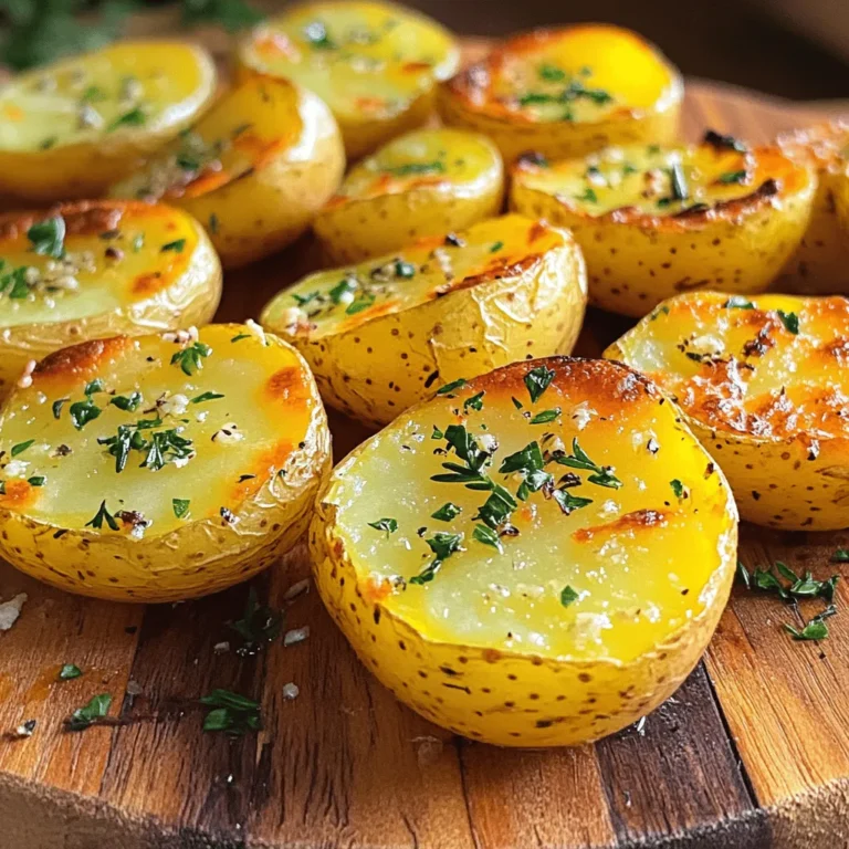 - 2 lbs baby potatoes, halved - 4 cloves garlic, minced - 3 tablespoons olive oil - 1 teaspoon dried rosemary - 1 teaspoon dried thyme - 1 teaspoon paprika - Salt and pepper to taste - Fresh parsley, chopped (for garnish) Gathering the right ingredients is key to making Garlic Herb Roasted Potatoes. Start with baby potatoes, as their small size ensures even cooking. Halving them allows for a crispy outside and soft inside. You will need four cloves of garlic, minced finely. Garlic adds a rich, savory flavor that pairs well with potatoes. Next, grab three tablespoons of olive oil. This oil helps the spices stick and gives a nice crisp to the potatoes. For spices, you will use one teaspoon each of dried rosemary, dried thyme, and paprika. These herbs bring warmth and depth. Don't forget salt and pepper—they enhance all the other flavors. Lastly, fresh parsley is perfect for garnishing. It adds a pop of color and freshness. Now you are ready to create a delicious dish! For the full recipe, refer to the details above. First, preheat your oven to 425°F (220°C). This step is key for crispy potatoes. Next, grab a large mixing bowl. In it, combine the halved baby potatoes, minced garlic, and olive oil. Then, add the dried rosemary, dried thyme, paprika, salt, and pepper. Toss everything well until the potatoes are fully coated. This coating helps to infuse the flavors. Now, spread the seasoned potatoes in a single layer on a large baking sheet. Make sure they aren’t crowded. This allows them to roast evenly. Place the baking sheet in your preheated oven. Roast for about 25-30 minutes. Halfway through, flip the potatoes to ensure they cook evenly. You want them golden brown and crispy, so keep an eye on them! Once done, remove the baking sheet from the oven. Let the potatoes cool for a couple of minutes. This cooling time helps them firm up a bit. Before serving, garnish with freshly chopped parsley. This adds a bright touch and enhances the dish's look. Enjoy your Garlic Herb Roasted Potatoes! For more details, check out the Full Recipe. To get the best roast, set your oven to 425°F (220°C). This hot temperature cooks the potatoes well. It helps them get golden and crispy. To make sure they are crispy, spread the potatoes out in one layer. Avoid crowding the pan. Flip them halfway through cooking. This ensures even browning all around. You can boost the flavor with herbs and spices. I love using dried rosemary and thyme. They add a lovely taste to the garlic. You can also try adding some fresh herbs if you have them. Adjust the salt and pepper to your liking. Start with a little and taste as you go. You can always add more! When serving, use a nice platter to show off the potatoes. Drizzle a bit more olive oil on top for shine. A sprinkle of fresh parsley gives a great pop of color. You can also add lemon zest for a fresh touch. This makes your dish look as good as it tastes! For the full recipe, check out the details provided. {{image_2}} You can change up the potatoes for this dish. Try using red potatoes or Yukon Golds. Each type gives a unique flavor and texture. You can also use sweet potatoes for a twist. For herbs, rosemary and thyme are great, but feel free to mix it up. Oregano, basil, or even dill can add a new taste. You can also add spices, like cumin or chili powder, for some heat. If you want a quicker method, use an air fryer. Set it at 400°F (200°C). Cook the potatoes for about 15-20 minutes. Shake the basket halfway through for even cooking. Grilling is another fun option. Just skewer the potatoes and grill them over medium heat. Cook for 15-20 minutes, turning often, until they are tender and have nice grill marks. Garlic Herb Roasted Potatoes go well with many dishes. They pair nicely with grilled chicken or steak. You can also serve them alongside roasted veggies or fish for a complete meal. You can make these potatoes a main dish too. Just add some cheese or a rich sauce on top. Serve them with a fresh salad to balance the meal. For the complete recipe, check out the Full Recipe section. To keep your Garlic Herb Roasted Potatoes fresh, use airtight containers. Glass or plastic containers work well. Store them in the fridge for up to four days. Make sure they cool down before sealing them. This helps avoid sogginess. When it's time to enjoy leftovers, you have options. The best way is to reheat in the oven. Set your oven to 350°F (175°C). Place the potatoes on a baking sheet and heat for about 10-15 minutes. This helps restore their crispy texture. You can also use a microwave, but they may get soft. If you do, heat them in short bursts to keep some crunch. Can you freeze Garlic Herb Roasted Potatoes? Yes, you can! To freeze, let them cool completely and then place them in freezer bags. Remove as much air as you can to prevent freezer burn. They will last for about three months in the freezer. When you want to eat them, thaw in the fridge overnight. Then, reheat in the oven for the best results. You should roast Garlic Herb Potatoes for 25 to 30 minutes. This time helps them become golden and crispy. I recommend flipping them halfway through. This ensures even cooking and a nice texture. Keep an eye on them, as oven times can vary. If you notice they need more time, let them roast a few minutes longer. Yes, you can use other types of potatoes. Red, white, or Yukon Gold potatoes all work well. Each type adds a unique flavor and texture. Just cut them into similar sizes for even cooking. Baby potatoes are great for their creaminess and small size. Experiment with what you have on hand! Garlic Herb Roasted Potatoes pair well with many dishes. They make a great side with grilled chicken or steak. You can also serve them with roasted vegetables for a veggie feast. If you want a lighter meal, try them with a fresh salad. They add a lovely crunch and flavor to any plate. For more ideas, check out the Full Recipe for inspiration! In this blog post, we explored how to make Garlic Herb Roasted Potatoes. We covered essential ingredients, step-by-step instructions, tips for perfect roasting, and fun variations. You'll enjoy this dish with many meals. Remember, you can swap ingredients and adjust flavors to fit your taste. Proper storage extends the life of your leftovers, so use what you learned. Now, get cooking and enjoy your tasty creation!