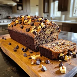 To make chocolate chip banana bread, you will need these key items: - 3 ripe bananas, mashed - 1/3 cup melted coconut oil - 1 teaspoon vanilla extract - 1 teaspoon baking soda - Pinch of salt - 3/4 cup brown sugar, packed - 1 large egg, beaten - 1 teaspoon ground cinnamon - 1 1/2 cups all-purpose flour - 1 cup dark chocolate chips These ingredients work together to create a moist and sweet loaf. The bananas provide natural sweetness and moisture. Coconut oil adds a rich flavor and keeps the bread tender. You can make your banana bread even better with some optional extras: - 1/2 cup chopped walnuts - 1/2 cup chopped pecans - 1/2 cup dried fruits like raisins or cranberries These add-ins bring new textures and flavors. For example, walnuts add crunch, while dried fruits add a chewy element. If you need to swap out some ingredients, here are a few ideas: - You can replace the coconut oil with vegetable oil or melted butter. - Use maple syrup or honey instead of brown sugar for a different sweetness. - For a dairy-free option, skip the egg or use a flax egg. These substitutions can help if you have dietary needs or allergies. Just remember that each change might slightly alter the taste or texture of your bread. For the full recipe, follow the steps outlined above! Gather your ingredients first. You’ll need ripe bananas, coconut oil, and more. Start by preheating your oven to 350°F (175°C). Grease a 9x5-inch loaf pan to prevent sticking. In a large bowl, mash the bananas until smooth. Add the melted coconut oil and mix well. Then, stir in the vanilla extract and the beaten egg until combined. Sprinkle in the baking soda and salt, mixing everything together. Next, add the brown sugar and ground cinnamon, and stir until blended. Gradually fold in the flour, being careful not to overmix. Lastly, gently fold in your chocolate chips and walnuts, if you choose to add them. Pour the banana batter into the greased loaf pan. Spread it out evenly with a spatula. Bake in the preheated oven for 55 to 60 minutes. Check if it’s done by inserting a toothpick into the center. If it comes out clean, your banana bread is ready! If it’s still wet, give it a few more minutes. Once baked, let the bread cool in the pan for 10 minutes. Then, transfer it to a wire rack to cool completely. Slice the banana bread and serve warm. For a special treat, add an extra sprinkle of chocolate chips on top. A dollop of whipped cream or a scoop of vanilla ice cream makes it even better. Enjoy your homemade chocolate chip banana bread! To bake the best banana bread, use ripe bananas. They should be soft and brown. This gives the bread a sweet taste. Measure all your ingredients carefully. Too much flour can make the bread dry. Mix the batter just enough. Overmixing can lead to a tough loaf. Remember, lumps are okay! They help keep the bread moist. One mistake is not using enough ripe bananas. Aim for three large ones. Another error is baking at the wrong temperature. Always preheat the oven to 350°F. If you see the top browning too fast, cover it with foil. This helps it cook evenly. Also, avoid opening the oven door too much. It can let out heat and change the bake time. To enhance flavor, add a teaspoon of ground cinnamon. Walnuts can add a nice crunch too. If you want more chocolate, use milk chocolate chips instead of dark. Swapping half the all-purpose flour for whole wheat flour makes it heartier. For a fun twist, mix in some peanut butter or coconut flakes. You can find the full recipe online for more details! {{image_2}} You can make this banana bread healthier by swapping ingredients. Use whole wheat flour instead of all-purpose flour. This adds fiber and nutrients. You can also replace brown sugar with honey or maple syrup. Both options add natural sweetness. For a vegan version, skip the egg. Use a flax egg instead. To make a flax egg, mix one tablespoon of flaxseed meal with three tablespoons of water. Let it sit for five minutes. For gluten-free bread, use a gluten-free flour blend. This keeps the texture soft and moist. Get creative with flavors! Add chopped nuts like walnuts or pecans for crunch. Try adding dried fruits like raisins or cranberries for extra sweetness. You can even mix in spices like nutmeg or ginger for a warm touch. Each option will change the taste and texture, so have fun experimenting! For the full recipe, check out the [Full Recipe]. To keep your chocolate chip banana bread fresh, wrap it well. Use plastic wrap or aluminum foil. Place it in an airtight container. It stays good at room temperature for about three days. If you want it to last longer, store it in the fridge. This can extend its life for about a week. If you want to keep your banana bread for months, freezing is best. First, let the bread cool completely. Then, wrap it tightly in plastic wrap. After that, place it in a freezer-safe bag. Label the bag with the date. Your banana bread can stay in the freezer for up to three months. When you are ready to eat it, just thaw it at room temperature. To reheat chocolate chip banana bread, you have a few options. The oven works well. Preheat it to 350°F (175°C). Place slices on a baking sheet and warm them for about 10 minutes. You can also use a microwave. Heat one slice for about 15-20 seconds. This makes it warm and soft. Enjoy it fresh, just like the day you made it! Yes, you can use frozen bananas. Just thaw them first. Then, mash them well. Frozen bananas work great because they become soft and sweet. You can use any type of chips. Try white chocolate or peanut butter chips. Nuts, like walnuts or pecans, also add a nice crunch. Banana bread stays fresh for about 3 to 4 days. Store it in an airtight container. You can also keep it in the fridge to last longer. Absolutely! Mini loaves bake faster. Pour the batter into mini loaf pans and reduce the bake time to about 25-30 minutes. Enjoy smaller, warm slices! Check out the Full Recipe for more details. We covered essential ingredients for banana bread, including substitutions and optional add-ins. I shared clear steps for preparation, baking, and serving. You learned tips to avoid mistakes and enhance flavor. We explored variations for healthy, vegan, and gluten-free options, plus storage methods for freshness. Finally, I answered common questions so you feel confident. Now, it’s time to bake your own delicious banana bread! Enjoy every bite.