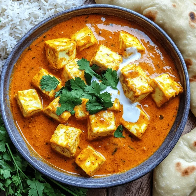 - Paneer and Dairy Products - 250g paneer, cubed - 100ml heavy cream - 2 tablespoons butter - 1 tablespoon oil - Spices and Seasonings - 1 teaspoon cumin seeds - 1 teaspoon garam masala - 1 teaspoon red chili powder - ½ teaspoon turmeric powder - Salt to taste - Vegetables and Garnishes - 1 medium onion, finely chopped - 2 tomatoes, pureed - 1 tablespoon ginger-garlic paste - 1 tablespoon kasuri methi (dried fenugreek leaves) - Fresh coriander leaves for garnish In Butter Paneer, fresh ingredients shine bright. The paneer is the star. When you use firm, high-quality paneer, it holds up well in the rich sauce. The heavy cream adds a smooth texture, making every bite a creamy delight. Spices bring life to the dish. Cumin seeds add warmth. Garam masala brings depth. Red chili powder gives a hint of heat. Turmeric adds color and earthiness. Each spice plays its part in this flavorful symphony. Onions and tomatoes create a balanced base. They blend beautifully with the spices. The ginger-garlic paste brings a zesty kick. Kasuri methi adds a unique aroma, enhancing the overall flavor. Garnishing with fresh coriander leaves brightens the dish. It adds color and freshness. Serve Butter Paneer with warm naan or fluffy rice. It makes for a filling and satisfying meal. For the complete method, check out the [Full Recipe]. Enjoy every creamy flavor bliss of this dish! Cooking the Base Start by heating 2 tablespoons of butter and 1 tablespoon of oil in a large pan over medium heat. Add 1 teaspoon of cumin seeds. Let them sizzle for a few seconds. This step builds a strong flavor base. Next, toss in 1 finely chopped medium onion. Sauté until it turns golden brown. This usually takes about 5-7 minutes. Then, stir in 1 tablespoon of ginger-garlic paste. Cook this mixture for about 2 minutes. You want to remove the raw smell. Adding Spices and Paneer Once the onions and ginger-garlic mix well, pour in 2 pureed tomatoes. Cook this for about 5-7 minutes. You will see oil separating from the mixture. Now, add 1 teaspoon of red chili powder, ½ teaspoon of turmeric powder, and 1 teaspoon of garam masala. Mix all the spices well. Gently fold in 250g of cubed paneer. Make sure to coat the paneer with the spicy tomato sauce. Finishing with Cream and Kasuri Methi Next, pour in 100ml of heavy cream. Stir gently to create a smooth, creamy sauce. Cook for an additional 5 minutes so the paneer can soak up the flavors. Finally, crumble 1 tablespoon of kasuri methi between your fingers and sprinkle it in. Season with salt to taste. Give it one last gentle stir and take it off the heat. This step adds a lovely aroma and a unique taste. For the full recipe, refer to the detailed instructions provided above. Achieving the Right Consistency To get that creamy texture, use heavy cream. It makes the sauce rich and smooth. Mix it in gently after cooking your spices and paneer. This helps bind all the flavors. If the sauce is too thick, add a splash of water or milk. This will help you reach the perfect consistency. Balancing Flavors Taste as you cook. Start with salt and spices, then adjust as needed. The sweetness of the tomatoes needs balance with the spices. If it feels too spicy, add more cream or a pinch of sugar. This softens the heat and brings harmony to the dish. Selecting Quality Ingredients Fresh paneer makes a big difference. Look for soft, high-quality paneer. Fresh tomatoes are key too. They should be ripe and juicy for a sweet base. Use real butter and good spices. Fresh spices have more flavor than old ones. The right ingredients truly elevate your Butter Paneer. For the complete recipe, check out the [Full Recipe]. {{image_2}} Butter Paneer is so versatile. You can change it up to fit your taste. Here are some fun variations to try. You can make a vegan version of Butter Paneer. Instead of paneer, use tofu or cashew cheese. Both options are creamy and soak up flavors well. For cooking, use coconut oil or vegan butter. Swap the heavy cream for coconut cream. This gives a rich taste without dairy. You can boost the nutrition by adding veggies. Peas, bell peppers, or spinach work well. Just sauté them with the onions for a colorful dish. Want more protein? Try adding chickpeas or lentils. They make the meal heartier and filling. If you like heat, spice it up! Add extra red chili powder or green chilies while cooking. You can also use spicy garam masala for a kick. This version gives your taste buds a fun ride. These variations keep Butter Paneer exciting. You can make it your own with just a few tweaks. For the full recipe, check out the Creamy Butter Paneer Delight section. Enjoy your cooking! After enjoying your Butter Paneer, you may have some left. Storing it right keeps it tasty. - Refrigerator Storage Tips: Let the dish cool to room temperature. Place it in an airtight container. It stays fresh for up to 3 days in the fridge. - Freezing Instructions: To freeze, use a freezer-safe container. It can last up to 2 months. Thaw it in the fridge overnight before reheating. - Reheating Recommendations: Reheat Butter Paneer on the stove over low heat. Stir it gently to avoid sticking. You can also use the microwave. Heat it in short bursts, stirring in between. These methods help keep your Butter Paneer delicious and creamy, just like when you first made it. For the full recipe, check out the Creamy Butter Paneer Delight section. What is Butter Paneer (Paneer Makhani)? Butter Paneer, also known as Paneer Makhani, is a rich and creamy dish. It features soft paneer cubes in a smooth tomato and butter sauce. This dish is popular in Indian cuisine and loved by many. The blend of spices adds warmth, while the cream gives a silky texture. Can I make Butter Paneer in advance? Yes, you can make Butter Paneer ahead of time. Cook it and let it cool. Store it in an airtight container in the fridge. It lasts about 2-3 days. When you're ready to serve, just reheat it gently on the stove. The flavors will still be great! What's the best way to serve Butter Paneer? Serve Butter Paneer hot, garnished with fresh coriander leaves. I love pairing it with warm naan or steamed rice. The bread soaks up the creamy sauce well. This makes for a satisfying meal. How can I make Butter Paneer spicier? To spice it up, add more red chili powder or fresh green chilies. You can also try adding crushed black pepper. Adjust the spice level to your taste. Just remember to balance it with cream to maintain richness. Is there a way to make Butter Paneer healthier? Yes, you can make some easy swaps to make it healthier. Use less butter and cream, or replace them with yogurt or low-fat cream. You can also add more veggies, like spinach or bell peppers, for extra nutrition. Enjoy your creamy Butter Paneer without the guilt! For the full recipe, check out the [Full Recipe]. This blog post covered how to make Butter Paneer from start to finish. We discussed key ingredients like paneer, spices, and fresh vegetables. You learned step-by-step cooking methods, tips for the perfect dish, and various tasty variations. Proper storage techniques were also shared for keeping leftovers fresh. In conclusion, Butter Paneer is a fun dish to make. With these easy steps and tips, you can impress your friends and family. Enjoy experimenting with flavors and find your favorite version of Butter Paneer.