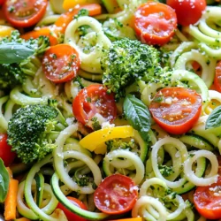 - 4 medium zucchinis (spiralized into noodles) - 1 bell pepper (any color), sliced - 1 cup cherry tomatoes, halved - 1 cup broccoli florets - 1 medium carrot, julienned - 1 small red onion, sliced - 3 cloves garlic, minced - 3 tablespoons olive oil - 1 teaspoon dried oregano - 1 teaspoon dried basil - Salt and pepper to taste - Fresh basil leaves for garnish - Grated Parmesan cheese (optional) You need fresh, vibrant vegetables for this dish. Start with the zucchinis. Spiralizing them makes a fun, healthy base. I love using a spiralizer. It turns veggies into noodles, making them more exciting. Next, pick a bell pepper. Any color works here. The flavor adds sweet notes. Cherry tomatoes bring brightness and juiciness. Broccoli adds crunch. Carrots add a splash of color with their sweetness. Don't forget the red onion and garlic. They provide depth and aroma. Olive oil helps bring it all together. Oregano and basil will give it that Italian flair. - Additional vegetables such as spinach or kale - Different types of cheese for varying flavors Feel free to add more veggies. Spinach or kale can boost nutrition. You can also mix in different cheeses. Each cheese will give a unique twist to your dish. - Calories per serving: Approximately 200 calories - Macronutrient breakdown: - Carbohydrates: 15g - Proteins: 5g - Fats: 10g Zucchini Noodle Primavera is low in calories and rich in fiber. It’s a great option for a healthy meal. Each serving gives you a good mix of nutrients. To make zucchini noodles, you need a spiralizer. This tool turns zucchini into fun, curly noodles. Start by washing the zucchinis well. Cut off the ends and place one in the spiralizer. Turn the handle to create your noodles. Repeat with all four zucchinis. Once you have your noodles, place them in a colander. This step is key. Let them sit for about 20 minutes. This helps drain excess moisture. If you skip this, your dish may become watery. Now, it's time to cook the veggies. Heat two tablespoons of olive oil in a large skillet over medium heat. Add the sliced red onion first. Sauté for about three minutes until it becomes soft and clear. Next, add three cloves of minced garlic. Stir often for about one minute. You want the garlic to be fragrant but not burnt. Then, toss in the sliced bell pepper, julienned carrot, and broccoli florets. Cook these for about five to seven minutes. You want them to stay tender but still crisp. After that, add one cup of halved cherry tomatoes. Sprinkle in a teaspoon of dried oregano and basil. Cook for an additional three minutes. The tomatoes will start to soften and release their juices, enhancing the flavor. In a separate pan, heat the remaining olive oil. Add the drained zucchini noodles to this pan. Sauté them for two to three minutes. Season with salt and pepper. This will warm them up without making them soggy. Once the noodles are ready, combine them with the sautéed vegetables in the large skillet. Toss them well to mix everything together. Cook for another minute. This allows the flavors to blend beautifully. Now, your Zucchini Noodle Primavera is ready to enjoy! For the full recipe, check the section above. To get the best flavor, watch your veggies closely. The onions should turn soft and clear. That usually takes about 3 minutes. When you add garlic, cook it for just 1 minute. You want it to smell great but not brown. For your other veggies, sauté them for 5 to 7 minutes. They should be tender yet still crisp. To avoid mushy zucchini noodles, cook them for only 2 to 3 minutes. You want them heated but not overcooked. Always drain excess moisture from the zucchini before cooking. This keeps your dish fresh and not watery. Spices and herbs can make a big difference. Try adding oregano and basil for a classic taste. You can also add red pepper flakes if you like some heat. Fresh herbs like parsley or thyme can add a bright touch. If you want protein, consider adding cooked chicken or shrimp. Both options pair well with the veggies and noodles. Just sauté them separately before mixing them in. For a great meal, serve Zucchini Noodle Primavera with crusty bread or a side salad. A light vinaigrette can add extra flavor to the salad. You can also pair it with grilled meats for a heartier meal. When you plate your dish, be sure to arrange the noodles in a nest. This makes it look beautiful. Top it with fresh basil and a sprinkle of grated cheese if you like. These small touches make your dish pop! For the full recipe, check out the details above. {{image_2}} You can switch up the veggies in Zucchini Noodle Primavera. Fresh seasonal vegetables add great taste and color. Try asparagus, snap peas, or bell peppers for a fun twist. You can even use eggplant or mushrooms if you like. For a new texture, swap zucchini noodles for other veggie noodles. Carrot or sweet potato noodles can work well. Each choice brings its own flavor, so play around to find your favorite mix. Making Zucchini Noodle Primavera vegan is easy. Simply skip the Parmesan cheese or use a plant-based option. You can also add more vegetables like spinach or kale for extra nutrients. If gluten is a concern, try gluten-free pasta. There are many options like rice or chickpea pasta. These alternatives keep the dish tasty and satisfying. Add international flair to your dish for a unique taste. For an Italian vibe, use sun-dried tomatoes or olives. If you want an Asian twist, add soy sauce or sesame oil. Creative sauces can change the whole dish. A light lemon garlic sauce gives it a fresh kick. Alternatively, a peanut sauce can add creaminess and depth. Experiment with flavors that excite your taste buds! For the full recipe, check out the Zucchini Noodle Primavera Delight. Enjoy your culinary adventure! To keep your Zucchini Noodle Primavera fresh, store leftovers in an airtight container. Make sure to cool the dish to room temperature first. You should eat stored Zucchini Noodle Primavera within 3 days. After that, the flavors may fade, and the texture can change. If you want to freeze Zucchini Noodle Primavera, place it in a freezer-safe container. Try to remove as much air as possible to prevent freezer burn. To thaw, move it to the fridge overnight. For reheating, use a skillet over low heat. This helps keep the noodles from getting mushy. In the fridge, your dish will last for about 3 to 5 days. If frozen, it can last up to 3 months. Watch out for signs of spoilage like a sour smell or slimy texture. If you notice these signs, it’s best to discard the dish. Enjoy your vibrant and healthy delight! Yes, you can use regular pasta. But keep in mind that it will change the dish's texture. Regular pasta feels firmer and chewier. Zucchini noodles are soft and tender. If you choose pasta, cook it according to the package. You will need to adjust the cooking time. Add the pasta to the veggies once it is cooked. This will help you blend the flavors well. Yes, this dish is low-carb. Zucchini noodles have fewer carbs than wheat pasta. A serving of zucchini noodles has about 4 grams of carbs. Regular pasta has around 40 grams per serving. This makes Zucchini Noodle Primavera a great choice for low-carb diets. Plus, it packs in more veggies, giving you vitamins and fiber. To reduce water in your zucchini noodles, salt them first. After spiralizing, sprinkle salt over the noodles. Let them sit in a colander for about 10 minutes. This will draw out excess moisture. You can also pat them dry with a paper towel. Cooking them quickly in a hot pan helps too. Avoid overcooking to keep them firm and tasty. If you want a dairy-free option, try nutritional yeast. It has a cheesy flavor and is vegan. You can also use vegan cheese. Other options include feta or goat cheese for more flavor. Grated Pecorino Romano cheese works too if you want a stronger taste. Choose what fits your diet and taste. To add some heat, try red pepper flakes. A pinch can bring a nice kick. You can also add fresh herbs like cilantro or parsley. These will give more flavor and freshness. For a twist, drizzle a bit of balsamic glaze on top. You can even add cooked chicken or shrimp for protein. Mix and match to find your perfect flavor! For the complete recipe, check [Full Recipe]. In summary, Zucchini Noodle Primavera is a simple, healthy dish made with fresh veggies. You learned about key ingredients, preparation steps, and tips to enhance flavor. Remember, you can adjust this meal to fit your taste. Consider adding different veggies or proteins for variety. With proper storage, leftovers can last a few days. Enjoy this dish any time for a delicious and nutritious option!