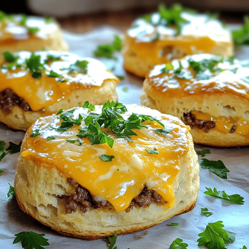 - 1 pound ground beef - 1 teaspoon garlic powder - 1 teaspoon onion powder - Salt and pepper, to taste - 1 cup shredded cheddar cheese - 1 tablespoon Worcestershire sauce - 1/4 cup grated Parmesan cheese For Garlic Parmesan Cheeseburger Bombs, you need some key ingredients. The ground beef gives a rich flavor and hearty texture. Garlic powder and onion powder add a nice kick to the meat. Cheddar cheese brings creaminess, while Parmesan cheese adds a sharp, nutty taste. Salt and pepper enhance all these flavors, making them pop. - 1 tube of refrigerated biscuit dough The biscuit dough is the star of this dish. It wraps around the beef mixture, creating a delicious pocket. Using refrigerated dough saves time and makes this recipe easy. You can find it in any grocery store. - 2 tablespoons unsalted butter, melted - Fresh parsley, chopped, for garnish Worcestershire sauce adds depth and umami. It complements the beef perfectly. You can adjust the salt and pepper to your liking. Fresh parsley is not just pretty; it adds a fresh taste. The melted butter with Parmesan brushed on top gives a golden, tasty finish. For the complete details on making these tasty treats, check out the Full Recipe. First, preheat your oven to 375°F (190°C). Line a baking sheet with parchment paper. This step helps your bombs bake evenly and prevents sticking. In a large bowl, combine the ground beef, garlic powder, onion powder, salt, pepper, cheddar cheese, and Worcestershire sauce. Mix until everything blends nicely. This mixture creates a tasty filling. Next, open the tube of biscuit dough. Separate the dough into individual biscuits. Flatten each biscuit into a small circle. You can use your hands or a rolling pin for this. Take about a tablespoon of the beef mixture and place it in the center of each flattened biscuit. Fold the edges of the dough over the filling, pinching them to seal tightly. This step is crucial for keeping the filling inside. In a small bowl, mix the melted butter with the grated Parmesan cheese. Brush this buttery mixture over the tops of the cheeseburger bombs. This adds flavor and a nice golden color. Place the sealed dough balls on the prepared baking sheet, seam side down. Bake in the preheated oven for 15-20 minutes. Look for a golden brown color to know they are done. Once baked, remove them from the oven. Let them cool for a few minutes before serving. You can garnish with chopped fresh parsley for a lovely finish. Enjoy these Garlic Parmesan Cheeseburger Bombs! For the full recipe, check the details above. - Preventing dough from sticking: To stop the dough from sticking, use a bit of flour. Dust your surface lightly before rolling out each biscuit. If the dough still sticks, try chilling it for a few minutes. - Ensuring even cooking: Bake your bombs in a single layer on the baking sheet. Make sure they have space between them. This helps hot air flow around each bomb for even cooking. - Preparation tips for future meals: You can make the filling ahead of time. Mix your ground beef, spices, and cheese. Store this mixture in the fridge for up to two days. When you are ready to cook, just assemble and bake. This saves time on busy days. - Ideal pairings and dips: These garlic Parmesan cheeseburger bombs taste great with dipping sauces. Try serving them with ketchup, mustard, or a spicy mayo. A side of fresh veggies or a simple salad complements them well, too. Enjoy your meal with friends and family for a fun treat! {{image_2}} You can change the cheese for a new taste. Try mozzarella or pepper jack cheese. Each option gives a fun twist to the flavor. If you want a healthier choice, use ground turkey or chicken. For a veggie option, swap in black beans or lentils. They work great and keep the bombs tasty. Want to kick up the flavor? Add spices like paprika or cayenne for heat. Fresh herbs like thyme or basil can also make a difference. You can mix in a bit of mustard for a tangy taste. Adjust according to your taste. Keep it fun and explore different flavors. Dipping sauces add an extra layer of yum. A classic ketchup or mustard works well. For something special, try ranch dressing or spicy mayo. Barbecue sauce is also a great choice. These sauces complement the cheeseburger bombs nicely. Serve them on the side for a fun eating experience. For more ideas on recipes and sauces, check the Full Recipe. To keep your Garlic Parmesan Cheeseburger Bombs fresh, store them in an airtight container. This helps prevent air from making them soggy. Place the cooled bombs in the container. Keep them in the fridge for up to three days. When you want to eat them, just reheat them in the oven or microwave. You can freeze these tasty bombs for later. First, let them cool completely. Next, arrange them in a single layer on a baking sheet. Freeze them for about an hour. Then, transfer the bombs to a freezer-safe bag. They can last up to three months in the freezer. To reheat, bake them at 350°F (175°C) for about 15-20 minutes until hot. Knowing when to toss food is key. If your Garlic Parmesan Cheeseburger Bombs sit in the fridge for more than three days, it’s best to discard them. If they smell off or look strange, don’t take a chance. It's better to be safe. To make these tasty bombs, follow these quick steps: 1. Preheat your oven to 375°F (190°C) and prepare a baking sheet with parchment paper. 2. In a bowl, mix the ground beef, garlic powder, onion powder, salt, pepper, cheddar cheese, and Worcestershire sauce until fully combined. 3. Open the biscuit dough tube and separate it into individual biscuits. 4. Flatten each biscuit into a small circle using your hands or a rolling pin. 5. Place a tablespoon of the beef mixture in the center of each biscuit circle. 6. Fold the edges of the dough over the filling and pinch to seal them tight. 7. Place the sealed bombs on the baking sheet, seam side down. 8. In a small bowl, mix melted butter and grated Parmesan cheese. Brush this mix on top of the bombs. 9. Bake for 15-20 minutes until golden brown. Let them cool slightly before serving. For the full recipe, check the earlier section. Yes, you can use frozen ground beef. Just remember these tips: - Thaw the beef first. You can do this overnight in the fridge or use the microwave. - Make sure it is fully defrosted. This helps it mix well with the other ingredients. - Cook the beef mixture right after thawing. This keeps it safe to eat. If you don't have biscuit dough, here are some alternatives: - Use puff pastry for a flaky texture. - Try crescent roll dough for a soft, buttery flavor. - Make homemade dough with flour, baking powder, and butter if you prefer. These options can make your Garlic Parmesan Cheeseburger Bombs just as delicious! In this blog post, we explored the delicious process of making Garlic Parmesan Cheeseburger Bombs. We covered the key ingredients, from savory ground beef to cheesy biscuit dough. You learned the step-by-step instructions, tips for success, and even variations to try. Remember, these tasty treats are fun to make and share. Get creative with flavors and dips, or prep them in advance for busy days. Enjoy your cooking, and your friends will love your flavorful creations!