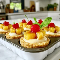 To make Mini Pineapple Upside Down Cheesecakes, gather these simple ingredients: - 1 cup graham cracker crumbs - 1/4 cup unsalted butter, melted - 2 cups cream cheese, softened - 1 cup powdered sugar - 1 teaspoon vanilla extract - 1/4 cup sour cream - 1 can (20 oz) pineapple slices, drained and cut into smaller pieces - 1/4 cup brown sugar - Maraschino cherries for garnish - Fresh mint leaves for garnish These ingredients create a delicious blend of flavors and textures. The graham cracker crumbs form a crunchy base. Cream cheese adds a rich creaminess. The pineapple gives a sweet and tangy twist. Each ingredient plays a key role in making this dessert special. Using unsalted butter helps control the salt level. The vanilla extract enhances the sweetness. Sour cream adds moisture and tang. Pineapple slices, when mixed with brown sugar, caramelize beautifully in the oven. Finally, maraschino cherries and mint leaves make the cheesecakes look festive and fun. You can find the full recipe at the end of this article. Enjoy making these delightful treats! 1. Preheat your oven to 350°F (175°C). Line a muffin tin with paper liners or grease it well. 2. In a medium bowl, combine the graham cracker crumbs and melted butter. Mix until the crumbs are evenly coated. 3. Press about 1 tablespoon of the crumb mixture into the bottom of each muffin cup to form a crust. Bake for 5 minutes, then remove from the oven and let cool slightly. 1. In a large mixing bowl, beat the softened cream cheese until smooth and creamy. 2. Gradually add the powdered sugar, mixing well until incorporated. 3. Add the vanilla extract and sour cream to the cream cheese mixture; beat until smooth. 1. In a small bowl, combine the brown sugar and chopped pineapple pieces. 2. Place a spoonful of the pineapple-brown sugar mixture on top of each cooled crust in the muffin tin. 3. Pour the cheesecake filling over the pineapple layer in each cup, filling them almost to the top. 4. Bake for 15-18 minutes, or until the edges are set but the center still has a slight jiggle. 5. Remove from the oven and let cool to room temperature. Refrigerate the cheesecakes for at least 2 hours (or overnight) to set completely. 6. Before serving, top each cheesecake with a maraschino cherry and a sprig of fresh mint for garnish. For a full recipe, check out the main article! To get the best cheesecake, start by beating the cream cheese. Use a hand mixer on medium speed until it is very smooth and creamy. This step is key. Make sure to scrape down the sides of the bowl. It helps mix everything well. Next, avoid overmixing your batter. Once you add the sugar and other ingredients, mix just until combined. Overmixing can add too much air. This air can cause cracks in the cheesecake when it bakes. For a fun garnish, add a maraschino cherry on top of each cheesecake. It adds a pop of color. Fresh mint leaves also make a great touch. You can also drizzle some caramel or chocolate sauce over the top for extra flavor. Pair these cheesecakes with fresh fruit or whipped cream. They also go well with a scoop of vanilla ice cream. This adds a nice creamy contrast. If your cheesecakes crack, don’t worry. You can fix them by cooling them slowly. Let them cool in the oven with the door slightly open. This helps reduce the temperature change. To ensure your crust doesn’t burn, watch the baking time closely. Keep an eye on them after the first 5 minutes. If they look too dark, pull them out. You want a golden color, not brown. For the full recipe, check out the details above! {{image_2}} To make your mini cheesecakes even better, you can add coconut or lime. Coconut gives a tropical twist. Lime adds a zesty touch. Just mix shredded coconut or lime zest into the cream cheese filling. You can also try different fruits, like mango or berries. Each fruit brings its own flavor. You might find a new favorite! If you want to change the sweetness, consider using honey or agave syrup. These options give a unique taste. Adjust the amount to keep the right sweetness level. For a sugar-free version, use a sugar substitute like stevia. This keeps your mini cheesecakes tasty without sugar. Mini cheesecakes are fun, but you can try new formats too. You can convert them into a layered cheesecake. Just stack layers of cheesecake and fruit in a jar or dish. It looks fancy and tastes great! Another option is to create a no-bake version. This saves time and keeps it light. Just chill the mixture and enjoy! For more details on making these delicious treats, check out the Full Recipe. To keep your mini cheesecakes fresh, store them in the fridge. Use an airtight container. They stay tasty for up to five days. If you want to save them longer, freeze them. Wrap each cheesecake in plastic wrap. Then, place them in a freezer-safe bag. They can last up to three months in the freezer. If you freeze your cheesecakes, thaw them in the fridge overnight. This keeps them creamy. Avoid using a microwave, as it can change the texture. After thawing, let them sit at room temp for about 30 minutes. This brings back their lovely taste. In the fridge, mini cheesecakes last about five days. Look for signs of spoilage. If they smell off or have a change in texture, toss them. Freshness is key to enjoying your delightful treat. Proper storage helps keep these cheesecakes tasting their best. You can find the full recipe to try these out for yourself! Yes, you can! I recommend making them a day in advance. This way, the flavors meld beautifully. Just keep them in the fridge overnight. It saves time and makes serving easier. If you want a change, try using digestive biscuits or vanilla wafers. You can also use oats mixed with melted butter. These options give a different taste and add some fun to the crust. Absolutely! Fresh pineapple adds a lovely texture and bright flavor. Just make sure to chop it finely. It might be a bit juicier, so adjust the sugar if needed. This will keep your cheesecakes from becoming too wet. They need at least two hours to set well. For best results, chill them overnight. This helps the flavors develop and makes them creamier. Trust me, the wait is worth it! For the detailed recipe, check the Full Recipe. These mini cheesecakes are simple and fun to make. You learned about essential ingredients and step-by-step instructions, covering crust, filling, and baking. I shared tips for a perfect texture and ways to enhance flavors. We discussed storage and answers to your common questions. Remember, experimenting with variations can lead to delicious outcomes. Enjoy your baking adventure with these tasty treats!
