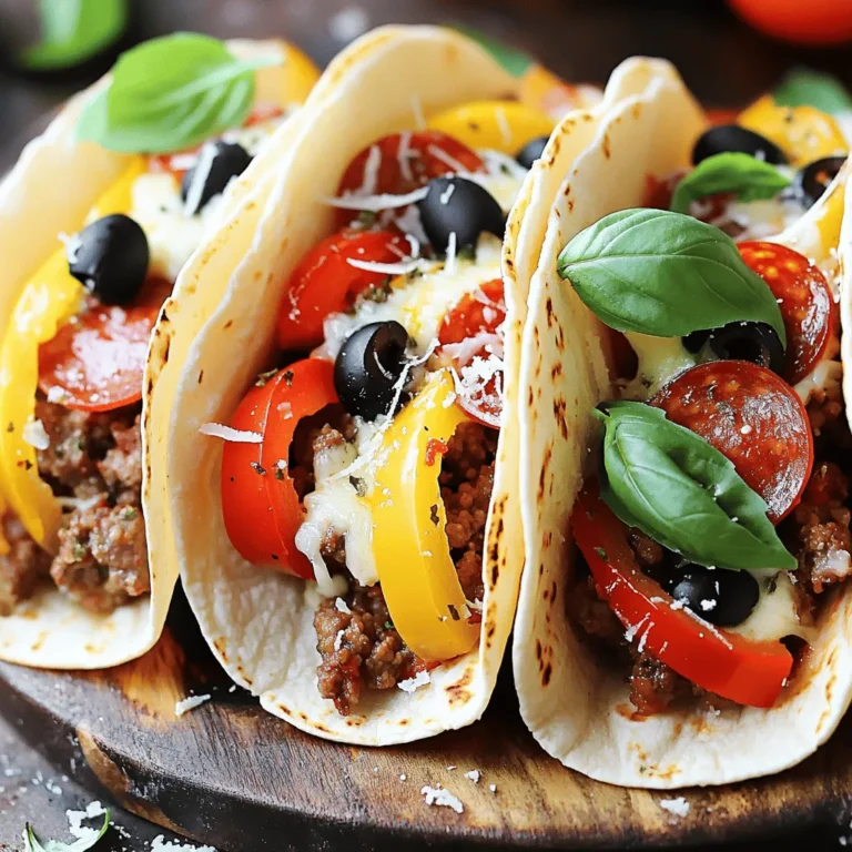 To make delicious Meat Lovers Pizza Tacos, gather these simple ingredients: - Ground beef - Italian sausage - Pepperoni slices - Shredded mozzarella cheese - Pizza sauce - Flour tortillas - Chopped bell peppers - Sliced black olives - Grated Parmesan cheese - Fresh basil leaves - Olive oil - Salt and pepper These ingredients offer a great mix of flavors. The ground beef and Italian sausage form a savory base. Pepperoni adds a nice kick. The cheese melts beautifully, creating a gooey texture. Fresh veggies like bell peppers and olives add color and crunch. Using flour tortillas makes this dish unique. They are soft and easy to handle. Plus, you can find them in most stores. When you choose your ingredients, focus on freshness. Fresh basil leaves elevate the flavor. Use high-quality pizza sauce for the best taste. This recipe is fun to make and great for sharing. It brings the best of pizza and tacos together. If you want to see the full recipe, check the earlier section. Enjoy your cooking adventure! - First, heat a large skillet over medium heat. Add a drizzle of olive oil. - Next, add 1 pound of ground beef and 1/2 pound of Italian sausage. Season them with salt and pepper. Cook for 7-10 minutes until browned. - Once the meat is cooked, drain the excess fat. Stir in 1/2 pound of pepperoni slices and cook for 2 more minutes. - In a separate shallow pan, warm 8 small flour tortillas on low heat. Heat each side for about 30 seconds. - To keep the tortillas warm, cover them with a clean kitchen towel. This helps them stay soft for filling. - Spread a tablespoon of pizza sauce on each tortilla. It adds flavor and moisture. - Add a generous scoop of the meat mixture on top. Sprinkle shredded mozzarella cheese over the meat. - Distribute the remaining pepperoni, chopped bell peppers, and sliced black olives evenly on each taco. - Place the prepared tacos under a broiler for 2-3 minutes. Watch closely to avoid burning. - Remove them once the cheese melts and bubbles. This gives a nice golden color. - Sprinkle grated Parmesan cheese and fresh basil leaves on top for extra flavor. Enjoy these tasty Meat Lovers Pizza Tacos! For more details, check the Full Recipe. To get the best flavor from the meat, use a hot skillet. Heat your skillet to medium before adding olive oil. This helps brown the ground beef and Italian sausage. Browned meat adds a rich taste to your tacos. Stir the meat often to cook it evenly. Don't rush this step; it takes about 7-10 minutes to cook fully. To avoid soggy tortillas, warm them gently. Heat each tortilla for about 30 seconds on low. This makes them soft but not too hot. Keep them covered with a clean towel while you work. This way, they stay warm and flexible for filling. For sides, I love serving these tacos with a fresh salad. A simple green salad with lemon dressing works great. You can also add crunchy tortilla chips with salsa on the side. This adds a fun crunch to your meal. Garnishing options can make your tacos pop. Try adding fresh basil leaves on top for color. A sprinkle of grated Parmesan cheese adds a tasty touch. You can even add a drizzle of pizza sauce for extra flavor. These small details make your Meat Lovers Pizza Tacos look and taste amazing. {{image_2}} You can swap beef and sausage for chicken or turkey. These meats are leaner and still tasty. Use ground chicken or shredded turkey for a lighter option. If you want a vegetarian dish, try using plant-based meat substitutes. Options like lentils or textured vegetable protein work well. You can also load up on mushrooms, which add a meaty texture. Cheese is a key part of this dish. You can mix it up by adding different cheeses. Try cheddar, Monterey Jack, or a spicy pepper jack for a kick. For added heat, consider adding jalapeños or drizzling hot sauce over the tacos. You can also experiment with spice blends. Add Italian herbs or crushed red pepper for extra flavor. Fun toppings can take your Meat Lovers Pizza Tacos to the next level. Check my [Full Recipe](#) for more ideas! To store leftover tacos, let them cool first. Place the tacos in a single layer on a plate. Cover them with plastic wrap or foil. You can also use an airtight container. This keeps them fresh and tasty. Try to eat them within 2-3 days for the best flavor. Use containers that are shallow and have lids. Glass or plastic containers work well. Avoid stacking tacos too high, as this can cause them to crush. Keeping them separate helps maintain their shape and texture. Reheating your tacos can be easy if you do it right. The best way is to use an oven. Preheat it to 350°F (175°C). Place the tacos on a baking sheet. Heat them for about 10-15 minutes. This keeps the tortillas crisp and the cheese melty. You can also use a skillet. Heat it over medium heat and add a little oil. Place the tacos in the skillet for about 3-4 minutes on each side. This method gives them a nice, crispy texture. Avoid using the microwave, as it can make the tortillas soggy. Enjoy your Meat Lovers Pizza Tacos just like when they were first made! To make Meat Lovers Pizza Tacos, follow these steps: 1. Heat the skillet: Warm a large skillet over medium heat with olive oil. 2. Cook the meat: Add ground beef and Italian sausage, seasoning with salt and pepper. Cook until browned for about 7-10 minutes. 3. Add pepperoni: Drain excess fat, then stir in half the pepperoni slices and cook for 2 more minutes. 4. Warm tortillas: In another pan, warm tortillas on low heat, about 30 seconds each side. Cover them to keep warm. 5. Assemble tacos: Spread pizza sauce on each tortilla, add the meat mixture, then sprinkle mozzarella cheese. 6. Top it off: Distribute remaining pepperoni, bell peppers, and black olives evenly. 7. Broil: Place tacos under the broiler for 2-3 minutes until cheese melts. 8. Garnish: Remove from the oven and sprinkle with Parmesan cheese and fresh basil. 9. Serve and enjoy: Your Meat Lovers Pizza Tacos are ready to eat! Yes, you can use different meats! Here are some ideas: - Chicken: Shredded cooked chicken works great. - Turkey: Lean ground turkey is a healthier option. - Bacon: Crispy bacon bits can add extra flavor. - Ham: Diced ham pairs well with the other ingredients. Feel free to mix and match your favorite meats based on what you like! Many toppings enhance the flavor of Meat Lovers Pizza Tacos: - Jalapeños: Add heat and spice. - Onions: Sautéed onions add sweetness. - Mushrooms: Cooked mushrooms provide earthiness. - Fresh herbs: Try oregano or thyme for added aroma. - Extra cheese: Different cheeses can create a unique taste. These toppings let you customize your tacos to your liking! To keep your tacos crisp, try these tips: - Drain excess fat: After cooking meat, drain any fat to avoid sogginess. - Warm tortillas properly: Heat them just enough to be pliable, not too long. - Use layers: Spread sauce sparingly and add meat first before toppings. - Serve immediately: Eat your tacos right after making them to keep them crunchy. These steps help keep your Meat Lovers Pizza Tacos deliciously firm! This blog post covered the tasty Meat Lovers Pizza Tacos. You learned the key ingredients, like ground beef, Italian sausage, and cheese. I shared clear steps to cook and assemble these tacos. We explored helpful tips to ensure great flavor and texture. I also suggested fun variations and how to store leftovers. Now, you can enjoy this delicious twist on taco night. Make these tacos your own and impress everyone at the table!