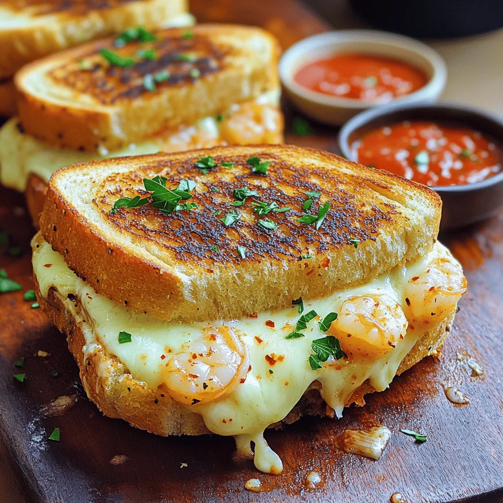 To make your Cheesy Garlic Bread Shrimp Grilled Cheese, you will need: - 4 slices of thick-cut sourdough bread - 1 cup cooked shrimp, peeled and deveined - 1 cup shredded mozzarella cheese - 1/2 cup grated Parmesan cheese These ingredients create a rich, cheesy, and satisfying meal. The sourdough bread adds a nice texture. The shrimp gives it a seafood twist that elevates the classic grilled cheese. If you want to switch things up, you can try these substitutions: - For shrimp, use cooked crab or even a mix of veggies for a meat-free option. - Instead of mozzarella and Parmesan, you can use cheddar or gouda for a different flavor. These swaps can change the taste while keeping the essence of the dish. The right seasonings make this dish pop. Here’s what you need: - Garlic: Fresh is best. It gives a strong and tasty kick. - Fresh parsley: This adds color and a fresh taste. - Optional red pepper flakes: Use these if you like a little heat. A good balance of these seasonings makes your grilled cheese unforgettable. To start, mix the soft butter with minced garlic and herbs. Use a small bowl for this. Add the chopped parsley and red pepper flakes for flavor. Season with salt and pepper to taste. This garlic butter spread will give your sandwich a rich taste. Spread this mixture evenly on one side of each slice of sourdough bread. Next, let's layer the shrimp and cheese. Take two slices of the prepared bread and place them buttered side down in a skillet. On each slice, add 1/2 cup of mozzarella cheese. Then, lay half of the cooked shrimp on top of the cheese. Sprinkle 1/4 cup of grated Parmesan cheese on top of the shrimp. Place the remaining slices of bread on top, with the garlic-buttered side facing up. Now, it’s time to cook. Heat a large skillet over medium heat. Place the assembled sandwiches in the skillet. Cook for about 4-5 minutes until the bottom is golden brown and the cheese starts to melt. Carefully flip the sandwiches using a spatula. Press down gently for even cooking. Cook the other side for another 4-5 minutes until golden brown and melted. Remove them from the skillet and let them cool for a minute. Slice diagonally and enjoy! For the full recipe, check the instructions provided. To get golden brown bread, control the heat. Keep it on medium-low. If the heat is too high, the bread burns. Cook for about 4-5 minutes on each side. Check the bottom often. It should be a nice golden color before flipping. Cover your skillet with a lid while cooking. This helps the cheese melt evenly. The steam will circulate and warm the cheese from above. If you like gooey cheese, let it cook a bit longer. Just be sure not to burn the bread. Try adding spices like Italian seasoning or a dash of hot sauce. You can also use different herbs like basil or thyme. A sprinkle of lemon zest can add brightness. Experiment with sauces, too! Marinara or aioli can elevate your sandwich. For the full recipe, dive into the details! {{image_2}} You can switch up the bread for this recipe. For gluten-free options, try using gluten-free bread made from rice or almond flour. These breads have great texture and flavor. If you want a gourmet touch, use artisan breads. Sourdough is still my favorite, but ciabatta or focaccia also work well. Choose what suits your taste best! How you prepare shrimp can change the dish. You can grill or sauté the shrimp for different flavors. Grilling gives it a smoky taste, while sautéing keeps it tender. You can also add spices or marinades. A little lemon juice or Cajun seasoning can really enhance the shrimp. Experiment with what you enjoy! Feel free to add more to your sandwich. You can include veggies like spinach, bell peppers, or tomatoes for extra nutrition. If you want to switch proteins, try crab or lobster instead of shrimp. These options can make the dish richer. Get creative and mix in what you love! For the full recipe, check out the Cheesy Garlic Bread Shrimp Grilled Cheese. To keep your Cheesy Garlic Bread Shrimp Grilled Cheese fresh, wrap it in foil or place it in an airtight container. Store it in the fridge for up to two days. Keeping the sandwich sealed prevents it from drying out. If you notice any excess moisture, use a paper towel to absorb it. This helps maintain the bread's texture. When reheating, I recommend using an oven or an air fryer. Preheat the oven to 350°F. Place the sandwich on a baking sheet and cover it with foil. This keeps the bread crispy while the cheese melts. Heat for about 10 minutes. If using an air fryer, set it to 300°F and cook for 5-7 minutes. Check often to avoid burning. To freeze your sandwiches, wrap each one tightly in plastic wrap. Then, place them in a freezer bag. Make sure to remove as much air as possible. You can freeze them for up to three months. When you're ready to enjoy, thaw in the fridge overnight. Reheat using the methods mentioned above to keep that crispy texture. For the full recipe, check out the details above. Yes, you can use frozen shrimp. Just make sure to thaw them first. To thaw shrimp, place them in a bowl of cold water for about 15-20 minutes. This keeps the shrimp from cooking during the thawing. You can also leave them in the fridge overnight. After thawing, pat them dry with a paper towel. This will help your sandwich stay crispy. This cheesy garlic bread shrimp grilled cheese goes well with many sides. Here are some great options: - A simple green salad with lemon dressing - Crispy sweet potato fries - Tomato soup for dipping - Garlic breadsticks for extra flavor - Steamed veggies like broccoli or green beans These sides add color and balance to your meal. You can lighten this recipe in a few easy ways: - Use whole grain or gluten-free bread instead of sourdough. - Swap regular cheese for low-fat mozzarella. - Add more veggies, like spinach or bell peppers, to the filling. - Use olive oil instead of butter for the garlic spread. These changes keep the flavors while making it a bit healthier. This blog covered a delicious shrimp sandwich recipe. We explored key ingredients like thick sourdough, shrimp, and cheese. I shared tips for the best garlic butter spread and cooking techniques. Understanding variations and storage methods helps you make it your own. Remember, you can use different proteins and spices to customize your sandwich. Enjoy experimenting with this dish, and have fun in the kitchen!