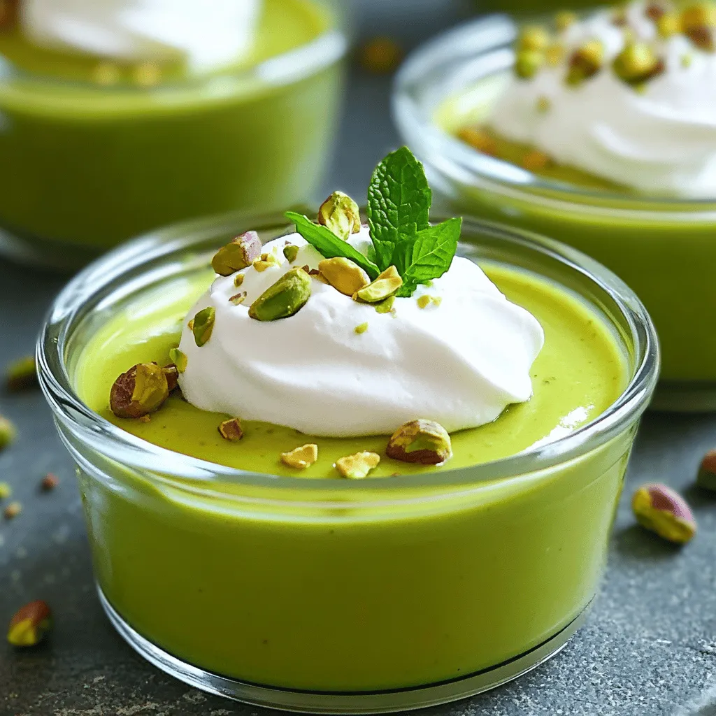 - 1/2 cup shelled pistachios (preferably unsalted) - 2 1/2 cups milk (whole or 2%) - 1/2 cup sugar - 1/4 cup cornstarch - 1/4 teaspoon salt - 1/2 teaspoon vanilla extract - 2 tablespoons unsalted butter - Whipped cream for topping (optional) - Extra pistachios for garnish (optional) To make my pistachio pudding, you need simple but key ingredients. Start with shelled pistachios for that rich flavor. I prefer unsalted ones for better control over the taste. You’ll also need milk, sugar, and cornstarch. The cornstarch helps thicken the pudding. A pinch of salt balances the sweetness and enhances the flavors. Vanilla extract adds a warm note that pairs well with pistachios. The unsalted butter gives the pudding a silky finish. You can top it with whipped cream for a creamy touch. Add extra pistachios as a garnish to make your dessert look fancy. With these ingredients, you will create a creamy delight that is sure to impress. For the full recipe, check the section above. Now, let's get cooking! - First, measure 1/2 cup of shelled pistachios. Make sure they are unsalted for the best flavor. - Place the pistachios in a food processor. Blend them until they turn into a fine powder. - Be careful here. You want a powder, not a paste. Stop blending when you reach the right texture. - In a medium saucepan, add 1/2 cup of sugar, 1/4 cup of cornstarch, and 1/4 teaspoon of salt. - Mix these dry ingredients well with a whisk. - Next, stir in the ground pistachios you prepared earlier. This helps distribute the flavor. - Gradually whisk in 2 1/2 cups of milk. Do this slowly to avoid lumps. - Turn the heat to medium and cook the mixture. Keep stirring continuously with a wooden spoon or whisk. - Watch closely as it cooks. You want it to thicken and start bubbling. This should take about 5 to 7 minutes. - Once thickened, remove the saucepan from heat. - Add 2 tablespoons of unsalted butter and 1/2 teaspoon of vanilla extract. Stir until smooth and creamy. - Pour the pudding into a bowl or individual cups. Let it cool to room temperature. - Cover the pudding with plastic wrap directly on the surface to stop a skin from forming. Refrigerate for at least 2 hours before serving. For the Full Recipe, check the earlier section that lists all ingredients and steps! To get a creamy texture, add the milk slowly. If you pour it all at once, lumps can form. Stir the mixture constantly while it cooks. This helps the pudding thicken evenly. It usually takes about 5 to 7 minutes for it to bubble up and thicken. Using quality vanilla extract makes a big difference. It adds a warm, rich flavor to the pudding. For extra fun, try different toppings. You can use whipped cream, chocolate shavings, or even fresh berries. Each adds a new taste and texture. One common mistake is over-blending the pistachios. If you blend them too much, they can turn into paste. You want a fine powder instead. Another mistake is not letting the pudding cool properly. Cooling helps set the flavor and texture. Be patient; it’s worth the wait! For the full recipe, check out the complete guide. {{image_2}} If you need a nut-free option, use sunflower seed butter instead of pistachios. This gives you a similar creamy texture without nuts. You might also need to adjust the sweetener types if your sunflower seed butter is sweetened. Check the taste and tweak the sugar as needed. For a vegan version, swap out dairy with plant-based milk like almond or coconut milk. Use vegan butter to keep it creamy. Instead of regular sugar, try agave syrup or maple syrup for sweetness. This way, everyone can enjoy the pudding, no matter their diet. Don’t be afraid to get creative! You can experiment with flavors by adding almond or coconut extract. If you're feeling adventurous, try mixing in chocolate or fruit purées. These additions give a fun twist to your pistachio pudding. Remember, flavor is all about what you enjoy! For a full recipe, check the details above! To keep your creamy pistachio pudding fresh, store it in the fridge. Use an airtight container or cover the bowl tightly with plastic wrap. Press the wrap directly onto the pudding's surface. This helps avoid a dry skin. The pudding stays fresh for about 3 to 5 days in the fridge, so you can enjoy it over several days. If you want to save some for later, you can freeze the pudding. Use a freezer-safe container or a resealable plastic bag. Make sure to leave some space at the top, as the pudding may expand when frozen. For best texture, thaw the pudding slowly in the fridge overnight. After thawing, give it a good stir before serving to restore its creamy goodness. Yes, you can make this pudding a day in advance. Store it in the fridge for up to three days. Just cover the top with plastic wrap to keep it fresh. If you don't have cornstarch, you can use arrowroot or tapioca starch. Both work well to thicken the pudding. Just use the same amount as cornstarch in the recipe. To avoid a skin, cover the pudding directly. Press plastic wrap onto the surface before chilling. This keeps moisture in and prevents a skin from forming. Using salted pistachios can change the flavor. It may make the pudding taste too salty. If you want to use salted ones, reduce the added salt in the recipe. Yes, you can try other nuts! Almonds or cashews can add unique flavors. Just make sure to grind them finely, like the pistachios in the recipe. For the best taste, pick nuts you enjoy. For the full recipe, check out the [Full Recipe]. This post walked you through making pistachio pudding from scratch. We discussed key ingredients, preparation steps, and essential tips for a creamy and delicious result. You learned about variations for dietary needs and how to store your pudding properly. Ultimately, this treat is customizable and easy to make. Enjoy experimenting with flavors, and don’t hesitate to share your own versions! Happy cooking!