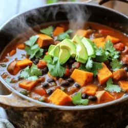 - 2 medium sweet potatoes, peeled and diced - 1 can (15 oz) black beans, rinsed and drained - 1 can (15 oz) diced tomatoes with green chilies - 1 medium onion, chopped Sweet potatoes bring a sweet and hearty flavor. Black beans add protein and fiber. Diced tomatoes give a tangy kick. Onions add depth to the base. - 2 teaspoons chili powder - 1 teaspoon cumin - 1 teaspoon smoked paprika - 1/2 teaspoon cayenne pepper (optional, for heat) Chili powder and cumin are key for warmth. Smoked paprika adds a rich, smoky note. Cayenne pepper gives an optional heat boost. Adjust to your taste. - 1 bell pepper (red or green), diced - 2 cups vegetable broth - 1 tablespoon olive oil - Salt and pepper to taste - Fresh cilantro, chopped (for garnish) - Avocado slices (for serving) Bell peppers add crunch and color. Vegetable broth is the chili's base. Olive oil helps sauté the veggies. Cilantro gives a fresh finish. Avocado slices make it creamy and rich. This Sweet Potato Black Bean Chili is not just tasty; it is also full of nutrients. You can find the full recipe to create this easy weeknight meal. - Heat olive oil over medium heat. - Sauté onion and bell pepper until translucent. This step adds a sweet base to your chili. - Add garlic, chili powder, cumin, smoked paprika, and cayenne. - Stir and cook until fragrant. The aroma will fill your kitchen and excite your taste buds. - Add sweet potatoes and cook for 5 minutes. They will start to soften and absorb flavors. - Pour in vegetable broth, diced tomatoes, and black beans. This creates a hearty, colorful mix. - Bring to a boil, then reduce heat to low. - Cover and simmer for 25-30 minutes. The chili will thicken, and the sweet potatoes will become tender. - Season with salt and pepper. Taste as you go to get it just right. - Mash some sweet potatoes for thickness if desired. This adds creaminess without any dairy. - Serve hot, garnished with cilantro and avocado slices. They add freshness and a lovely look to your bowl. For the full experience, check out the Full Recipe. This chili is a perfect weeknight meal! To boost the taste of your sweet potato black bean chili, add some lime juice. This simple addition brings a bright note that balances the rich flavors. You can also try different beans or vegetables. For example, pinto beans or corn can change the texture and taste. Mix it up to find your favorite combo! For a smoother chili, use an immersion blender. Blend until you reach your desired texture. It makes the chili creamy without losing the hearty feel. You can also adjust the simmer time. The longer you simmer, the sweeter the sweet potatoes become. Taste as you go to find your perfect level of sweetness. Batch cooking this chili is a great idea. Make a big pot for easy weeknight meals. Store leftovers in portions for quick lunches or dinners later. Just freeze them in airtight containers. When you’re ready to eat, thaw overnight in the fridge for easy reheating. {{image_2}} You can easily change some ingredients to make this chili your own. For example, you can substitute sweet potatoes with butternut squash. This swap offers a similar texture and taste. You can also use different bean varieties. Try pinto beans or kidney beans for a new flavor. Do you like it spicy? You can increase or decrease the cayenne pepper to fit your taste. If you want more heat, add jalapeños. Just chop them up and toss them in when you add the other vegetables. This chili is already vegan and can be gluten-free. Just make sure your vegetable broth is labeled gluten-free. For a cheesy flavor without dairy, use nutritional yeast as a garnish. It adds a nice touch and extra nutrients. Feel free to explore these variations while making your Sweet Potato Black Bean Chili. The full recipe guides you through the basics, but these tips help you customize it to your liking. You can store leftover chili in an airtight container. It stays fresh for up to 5 days in the fridge. This makes it easy for quick meals later in the week. Just scoop some out when you need it. If you want to keep it longer, freeze the chili. Use freezer-safe containers for best results. It lasts up to 3 months in the freezer. To enjoy it later, thaw it overnight in the refrigerator. This way, it heats up evenly. When you’re ready to eat, reheat the chili on the stovetop or in the microwave. If it looks thick, add a splash of broth. This helps keep the chili nice and smooth. Enjoy your tasty, homemade meal without any hassle. For the full recipe, check out the earlier section. Yes, you can! Just follow the same steps as the stovetop method. After you prepare the base with onions and spices, transfer everything into your slow cooker. Cook on low for 6-8 hours. This method allows the flavors to meld beautifully while you go about your day. If you want more heat, it’s easy to spice it up. Add more cayenne pepper during cooking. You can also toss in fresh chilies, like jalapeños or serranos, for an extra kick. Just remember, start small and taste as you go. You can always add more! This chili is so versatile! Serve it with rice or warm tortillas for a filling meal. You can also add a side salad for freshness. Don’t forget toppings! Avocado and cilantro make great additions. They add creaminess and brightness that balance the chili's warmth. For the full recipe, check out the details above! This blog post covered how to make a delicious Sweet Potato Black Bean Chili. We discussed the main ingredients, seasonings, and step-by-step instructions. You learned tips for enhancing flavor and storage options. You can easily adjust spice levels and try different variations. This chili is perfect for meal prep and can be served with many sides. Enjoy making this hearty dish that warms the body and soul. Embrace the flavor, and happy cooking!