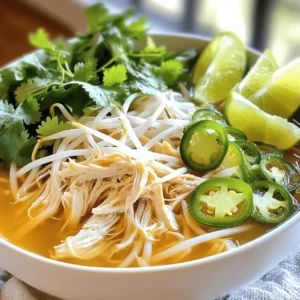 - 1 lb (450g) boneless, skinless chicken thighs - 6 cups chicken broth - 1 onion, quartered - 1 tablespoon ginger, sliced - 3 star anise pods - 1 cinnamon stick - 2 tablespoons fish sauce - 1 tablespoon soy sauce - 8 oz rice noodles - 1 cup bean sprouts - 1 jalapeño, sliced - Fresh basil and cilantro - Lime wedges for serving - Salt and pepper to taste The key to great chicken pho lies in the ingredients. The chicken thighs are tender and juicy, making the broth rich. Chicken broth serves as the base for flavor. The onion adds depth and sweetness. For flavor, we include fresh ginger. The star anise pods give a warm, sweet aroma. A cinnamon stick adds a touch of spice. Fish sauce and soy sauce bring umami and saltiness. Fresh additions make your pho lively. Rice noodles soak up the broth. Bean sprouts add crunch. Sliced jalapeño gives a spicy kick. Fresh herbs like basil and cilantro brighten the dish. Lime wedges add a zesty finish. Follow the [Full Recipe] to create this comforting dish. To start, you will need a large pot. Combine the chicken broth, onion, sliced ginger, star anise, and the cinnamon stick. This mix adds deep flavors to your broth. Bring the pot to a boil over medium-high heat. Once the broth boils, add the chicken thighs to the pot. After that, reduce the heat and let it simmer for 20-25 minutes. This will cook the chicken fully. When done, remove the chicken and strain the broth. This step keeps your broth clear and flavorful. Now, add fish sauce, soy sauce, salt, and pepper to the broth. Stir well and keep it warm over low heat. Next, cook the rice noodles according to the package instructions. Be sure to drain them and set them aside. Shred the cooled chicken into bite-sized pieces. You can add the chicken back to the broth for a few minutes to reheat it. To serve, place a portion of rice noodles in a bowl. Ladle the hot chicken broth over the noodles. Finally, top your pho with bean sprouts, sliced jalapeños, fresh basil, and cilantro. Don't forget to serve lime wedges on the side for squeezing over your soup. For the full recipe, check out the earlier section. To make the best broth, use high-quality chicken broth. It adds rich flavor. You can also add optional aromatics like whole cloves of garlic or fresh herbs. These will enhance the broth's taste. Cooking rice noodles can be tricky. To avoid overcooking, soak them in hot water first. This gives you better control. Drain them right before you serve. For the best rice noodles, I recommend brands like Banh Pho or Thai Kitchen. They cook well and taste great. Make your pho look appetizing. Use a large, shallow bowl. Place the rice noodles at the bottom. Ladle hot broth over them. Then, add the shredded chicken. For garnishes, use fresh bean sprouts, sliced jalapeños, basil, and cilantro. A squeeze of lime brightens the dish and adds flavor. {{image_2}} You can switch up the protein in your pho. Instead of chicken, try beef or shrimp. Beef brisket or sliced flank steak works well. For shrimp, use large, peeled shrimp and add them towards the end. If you want a vegetarian option, use tofu. Firm tofu absorbs the broth’s flavor nicely. You can also add mushrooms for a hearty texture. Using different proteins helps you customize your pho to your taste. Want a kick in your pho? Add sliced jalapeños for heat. You can also use other chilies, like serrano or Thai chilies. Adjust the number based on your spice tolerance. For a bolder flavor, try adding crushed red pepper flakes or ground chili powder to the broth. A pinch of cayenne pepper can also add heat. Remember, start small and taste as you go. You can always add more! Making a deeper broth can enhance your pho. Try simmering the broth longer for richer flavor. You can also roast the onion and ginger before adding them to the pot. This gives a nice, smoky taste. Experiment with herbs like cilantro, mint, or lemongrass for extra freshness. You can also add spices like cardamom or cloves for a unique twist. The broth is your canvas—get creative! To store your pho, let it cool first. Then, place it in the fridge. Use airtight containers to keep it fresh. I like to separate the broth and noodles. This helps keep the noodles from getting soggy. Store the broth in one container and the noodles in another. You can also store toppings like herbs and sprouts in separate bags. When you reheat your pho, do it slowly. Heat the broth in a pot over low heat. Stir it often to keep the flavor. For the noodles, add them to the broth for a minute. This warms them up without making them mushy. If you want crispy toppings, add them just before serving. Yes, you can freeze chicken pho! To freeze, let the broth cool completely. Pour it into freezer bags, leaving space for air. For the noodles, it's best to freeze them separately. When you're ready to eat, take out the broth and let it thaw overnight. Then, heat it up and add fresh noodles. This keeps the texture just right. Making Simple Chicken Pho is quick and easy. Here’s a breakdown: - Prep time: 15 minutes - Cook time: 35 minutes - Total time: 50 minutes With just under an hour, you can enjoy a warm bowl of pho. You can easily fit this into a busy day. Yes, you can prepare this pho in advance. Here are some tips: - Broth: Make the broth and store it in the fridge for up to three days. - Chicken: Cook the chicken and shred it. Keep it in an airtight container. - Noodles: Cook rice noodles right before serving. They taste best fresh. When you’re ready to eat, just reheat the broth and add the chicken and noodles. If you need a substitute for chicken broth, here are a few options: - Vegetable broth: Great for a lighter flavor. - Mushroom broth: Adds a rich, earthy taste. - Water with seasoning: Use herbs and spices for more flavor. These alternatives work well for different diets and tastes. Enjoy your pho with your preferred broth! This blog post showed you how to make delicious chicken pho. You learned about the key ingredients, how to prepare the broth, and tips for serving. I shared ways to customize the flavors and make it your own. Remember, use good broth and fresh herbs to boost taste. Don’t hesitate to experiment with proteins and spices to fit your preferences. With practice, you'll master this comforting dish. Enjoy your pho, and share it with others!