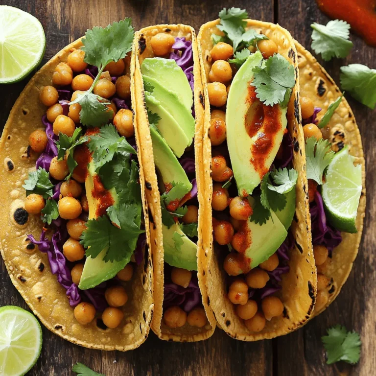 - 2 cans (15 oz each) chickpeas, drained and rinsed - 1 tablespoon olive oil - 2 teaspoons smoked paprika - 1 teaspoon cumin - 1 teaspoon chili powder - 1/2 teaspoon cayenne pepper (adjust to taste) - Salt and pepper to taste - 8 small corn or flour tortillas - 1 avocado, sliced - 1 cup red cabbage, shredded - 1/2 cup cilantro, chopped - 1 lime, cut into wedges - Optional: hot sauce for extra spice In this recipe, chickpeas are the star. They provide a hearty base for your tacos. Olive oil adds moisture and helps the spices stick. Spices like smoked paprika, cumin, and chili powder bring warmth and depth. You can adjust the cayenne pepper based on your heat preference. Tortillas serve as the perfect vessel for your filling. Choose corn or flour based on your taste. Fresh avocado adds creaminess, while shredded red cabbage gives a nice crunch. Cilantro brings a fresh note to each bite. Finally, lime adds brightness. A squeeze of lime elevates the flavors. These tacos are not just tasty; they're also good for you. Each serving has around 350 calories. Chickpeas are packed with protein and fiber. They help keep you full and satisfied. Chickpeas have many health benefits. They aid digestion and support heart health. Their rich nutrient profile includes vitamins and minerals. They are also low in fat, making them a great choice for balanced meals. When topping your tacos, consider your nutrition. Adding more veggies can boost vitamins and minerals. You can also use low-fat or no-fat toppings for a lighter meal. Enjoying a variety of toppings helps balance taste and nutrition. For the full recipe, check the details above. First, drain and rinse the chickpeas. Use a colander and let them sit for a minute. Rinsing helps remove excess sodium and starch. Next, prepare and warm your tortillas. Heat a dry skillet over medium-low heat. Warm the tortillas for about 30 seconds on each side. This makes them soft and easy to fold. In a large skillet, heat the olive oil over medium heat. Add the drained chickpeas to the skillet. Next, sprinkle them with smoked paprika, cumin, chili powder, cayenne pepper, salt, and pepper. Stir well to coat the chickpeas with spices. Sauté them for about 5 to 7 minutes. Stir occasionally until they are heated through and slightly crispy. For a crispy texture, give them space in the pan. If they are crowded, they may steam instead of crisping. Now, it's time to assemble your tacos. Start by layering a generous spoonful of the pan-fried chickpeas into each warm tortilla. Next, top each taco with sliced avocado, shredded red cabbage, and chopped cilantro. For a burst of flavor, serve with lime wedges on the side. You can also drizzle hot sauce on top for extra spice. Enjoy your flavorful and nutritious meal! You can find the full recipe [here]. You can easily change the spice in your tacos. For milder tacos, skip the cayenne pepper. Or, reduce the amount to suit your taste. If you want more heat, try adding a splash of hot sauce. I recommend sriracha or a smoky chipotle sauce. Both add great flavor and spice. Adding fresh herbs makes a big difference. Consider using fresh dill or parsley for a fresh twist. You can also top your tacos with a dollop of yogurt or sour cream. For even more flavor, marinate the chickpeas before cooking. Mix them with olive oil, lemon juice, and spices. Let them sit for 30 minutes for a deeper taste. Use a heavy skillet for sautéing. A cast iron skillet works best. It heats evenly and gives a nice sear. For warming tortillas, a non-stick skillet is great too. Heat them for about 30 seconds on each side. This makes them soft and easy to fold. Check out the Full Recipe for more details on making these tasty tacos! {{image_2}} You can switch chickpeas for other legumes. Black beans or lentils work great. Each option adds a unique taste and texture. Black beans have a rich flavor that pairs well with spices. Lentils are soft and absorb the flavors. Just cook them the same way I do with chickpeas in the recipe. For gluten-free tacos, use corn tortillas. They are tasty and safe for those with gluten issues. If you follow a vegan or vegetarian diet, this recipe is perfect! It has no meat and is full of plant-based protein. You can enjoy these tacos without any worries. You can mix up the spices for different tastes. Southwest spices add warmth and depth, while classic Mexican spices give a fresh vibe. Try using seasonal ingredients. Fresh corn or tomatoes can brighten up your tacos. Add these elements for a fun twist to your meal. Check out the [Full Recipe] for more details on making these flavorful tacos! To keep your spicy chickpea tacos fresh, store them in the fridge. Place the tacos in an airtight container. This method helps prevent them from getting soggy. If you have leftover chickpeas, store them separately. This keeps them crispy. You can use parchment paper between layers to absorb moisture. If you want to save chickpeas for later, freezing works well. First, drain and rinse them. Pat them dry with a paper towel. Spread them in a single layer on a baking sheet. Freeze for a few hours until firm. Transfer them to a freezer bag. When you are ready to use them, thaw in the fridge overnight. Reheat in a skillet over medium heat to keep them crispy. Stored in the fridge, assembled tacos last about 1-2 days. If stored separately, chickpeas can last up to 5 days. Signs of spoilage include an off smell or mold. Always check your food before eating. Following these tips will help you enjoy your spicy chickpea tacos longer. For the full recipe, be sure to check the earlier section. You can use black beans or lentils as a substitute for chickpeas. Both add protein and flavor. If you want a different texture, try using cooked quinoa. Each option will give your tacos a unique twist. Yes, you can prepare the chickpeas in advance. Store them in an airtight container in the fridge. Warm them up before serving. However, I recommend warming the tortillas fresh to keep them soft. Absolutely! These tacos are perfect for meal prep. You can portion out chickpeas and toppings. Just store them separately. When it's time to eat, assemble your tacos quickly. To amp up the heat, add more cayenne pepper or chili powder. You can also use a spicier hot sauce. If you enjoy fresh flavors, consider adding sliced jalapeños or serrano peppers. There are many toppings that can boost flavor! Here are some great options: - Salsa or pico de gallo - Fresh lime juice - Shredded cheese - Sour cream or yogurt - Pickled onions - Fresh herbs like basil or mint These extras can take your spicy chickpea tacos to the next level! For the complete recipe, check out the Full Recipe section. In this blog post, I covered how to make delicious chickpea tacos. We explored the key ingredients, nutritional benefits, and step-by-step instructions. I shared tips for adjusting spice levels and enhancing flavor. You also learned about variations, storage, and answers to common questions. Chickpea tacos are tasty and healthy. They fit many diets and are easy to customize. With these tips, you can enjoy a fun and nutritious meal any night. Happy cooking!