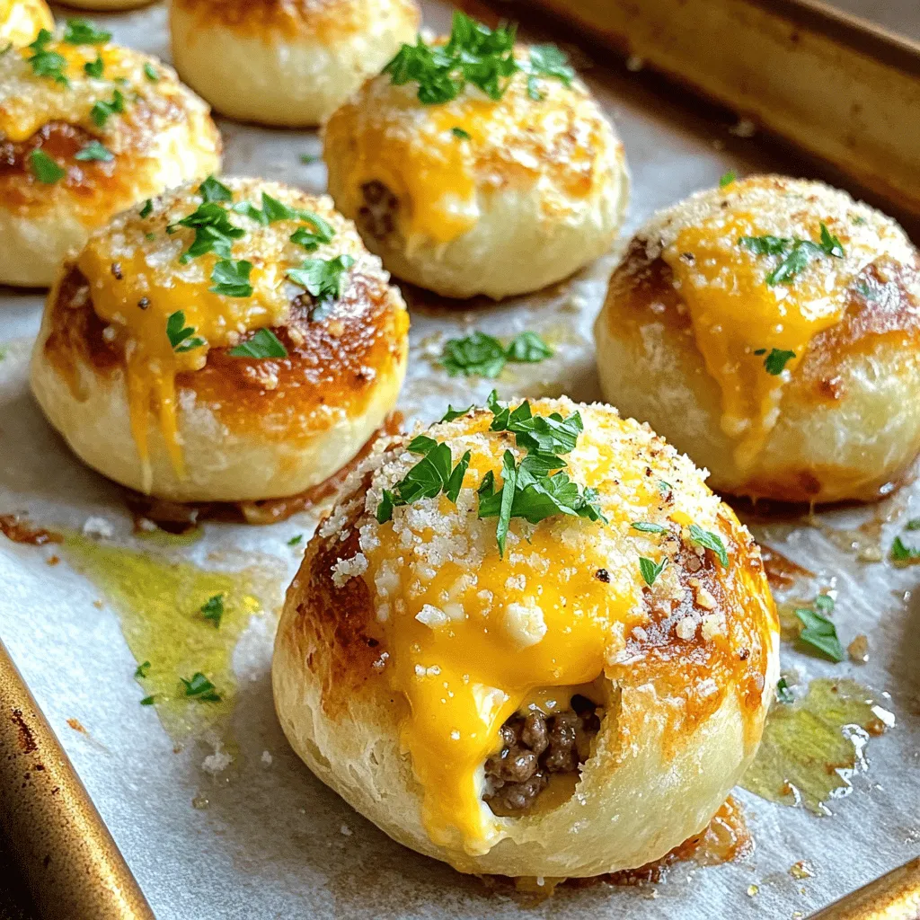 - 1 lb ground beef - 1 cup shredded cheddar cheese - 1/2 cup cream cheese, softened - 1/4 cup grated Parmesan cheese - 1 clove garlic, minced - 1 teaspoon onion powder - 1 teaspoon garlic powder - 1 teaspoon dried oregano - Salt and pepper to taste The main ingredients create a tasty filling. Ground beef gives a hearty base. The mix of cheeses adds creaminess and rich flavor. Garlic and spices bring out the best taste. - 1 packet of refrigerated pizza dough (or crescent roll dough) - Olive oil, for brushing - Fresh parsley, chopped (for garnish) The dough wraps around the filling. It gives a lovely crust when baked. Olive oil helps achieve a golden color. Fresh parsley brightens the dish when served. You can swap ingredients based on your taste. Try ground turkey or chicken instead of beef. For cheese, mix in mozzarella or gouda. Fresh herbs like basil or thyme can replace oregano. This flexibility helps you enjoy the bombs your way. For the full recipe, check out the detailed instructions. 1. First, preheat your oven to 375°F (190°C). This heat ensures the bombs bake evenly. 2. Next, line a baking sheet with parchment paper. This step makes cleanup easy later. 3. In a large bowl, mix the ground beef, cheddar cheese, cream cheese, Parmesan cheese, minced garlic, onion powder, garlic powder, oregano, salt, and pepper. Blend them well until combined. This filling is key to the flavor. 1. Roll out the pizza dough on a floured surface. Aim for a thickness of about 1/4 inch. 2. Cut the dough into squares, roughly 4x4 inches. Each square should be large enough to hold the filling. 3. Place about a tablespoon of the beef mixture in the center of each square. Don’t overfill them, or they might spill. 4. Fold the corners of the dough over the filling. Pinch the seams to seal tightly. This step is crucial for keeping the filling inside. 5. Shape each bomb into a ball. Make sure it is smooth and sealed well. 1. Place the bombs seam-side down on the prepared baking sheet. This helps them keep their shape. 2. Brush the tops of each bomb with olive oil. This gives them a nice golden crust as they bake. 3. Bake in the preheated oven for 15-20 minutes. You want them golden brown and cooked through. 4. Once baked, remove the bombs from the oven and let them cool for a few minutes. 5. For a touch of color, garnish with freshly chopped parsley before serving. These steps will help you create delicious Garlic Parmesan Cheeseburger Bombs. For a complete list of ingredients and detailed instructions, check out the Full Recipe. To get a nice, even cook, make sure your oven is preheated before baking. When you place the bombs on the baking sheet, give them space to expand. This helps them brown well. To avoid soggy bottoms, use parchment paper or a silicone mat. This keeps moisture away from the dough as it bakes. These garlic parmesan cheeseburger bombs taste great with sauces. Try serving them with marinara or ranch dressing. They also go well with a crisp salad or some crunchy veggies on the side. For a heartier meal, pair them with fries or onion rings. To take the flavor up a notch, use fresh herbs. Chopped basil or parsley can add a bright touch. You can also play with different ground meats. Ground turkey or chicken offers a lighter option. Mixing in some spices or even a hint of heat can make each bomb unique. {{image_2}} You can use ground turkey or chicken instead of beef. This swap gives a lighter taste. For dairy-free or vegan options, try using plant-based ground meat. You can also replace cream cheese with a dairy-free cream cheese alternative. Adding sautéed vegetables enhances the filling's taste. Try bell peppers, onions, or mushrooms. For a spicy kick, mix in jalapeños or a dash of hot sauce. These additions bring new layers of flavor to the bombs. You can transform these bombs into sliders or mini-burgers. Just shape the dough and filling smaller. Baking gives a nice golden crust, while air frying offers a crispier outside. Both methods work well, so choose what you prefer. For the full recipe, check out the full recipe section! To keep your Garlic Parmesan Cheeseburger Bombs fresh, store them in the fridge. Place leftovers in an airtight container. This helps keep them moist and tasty. You can store them for up to three days. You have two good options for reheating: the microwave or the oven. The microwave is quick but can make the bombs soft. If you want a crispy texture, use the oven. Preheat your oven to 350°F (175°C). Place the bombs on a baking sheet and heat for about 10 minutes. This way, they regain their crunch. You can freeze these bombs before or after baking. If you freeze them raw, wrap each bomb in plastic wrap and place them in a freezer bag. They last up to three months this way. To bake later, thaw them in the fridge overnight before cooking. If you freeze them cooked, let them cool first. Then, follow the reheating instructions above. Enjoy the ease of having a tasty meal ready to go! How long do Garlic Parmesan Cheeseburger Bombs last in the refrigerator? These bombs can last up to three days in the fridge. Keep them in an airtight container to stay fresh. Can I make these bombs ahead of time? Yes, you can prepare the filling and assemble the bombs a day before. Just store them in the fridge until you're ready to bake. What should I do if my dough won't seal properly? If your dough won’t seal, try moistening the edges with water. This helps the dough stick together better. You can also pinch the seams tightly to ensure they close. How can I tell if my bombs are cooked through? Check if the tops are golden brown and the filling is hot. You can use a meat thermometer; the beef should reach 160°F (70°C). What’s the best dipping sauce for these bombs? Marinara sauce works great! Ranch dressing is also a tasty option. You can even try garlic aioli for a fun twist. Are there any good side dishes to serve with them? Serve with a simple salad or crunchy veggies. Sweet potato fries or potato wedges make great sides too. You learned how to make delicious Garlic Parmesan Cheeseburger Bombs. With easy steps, you can fill dough with tasty beef and cheese. You also saw options to swap ingredients or add flavor. Remember to store extras properly and reheat them right. Enjoy experimenting with different flavors and serve them hot! With these tips, you can impress anyone at your next meal. Dive into this fun recipe and share it with friends and family. Happy cooking!