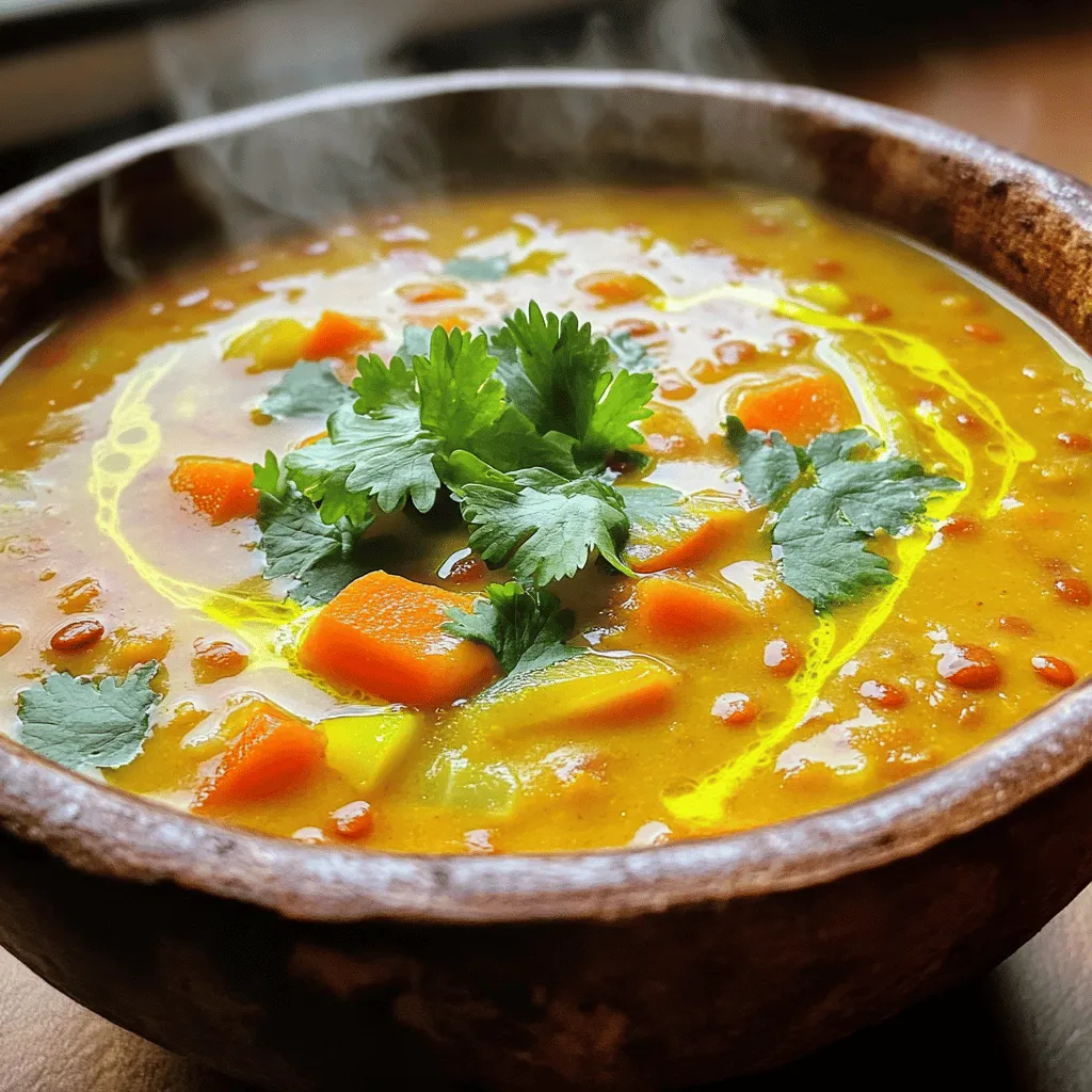 - 1 cup red lentils, rinsed - 1 can (400ml) coconut milk - 1 tablespoon coconut oil - 1 medium onion, diced - 2 cloves garlic, minced - 1-inch piece of ginger, grated - 1 tablespoon red curry paste - 4 cups vegetable broth - 1 medium carrot, diced - 1 bell pepper, diced (any color) - 1 cup spinach, roughly chopped - 1 tablespoon lime juice - Salt and pepper to taste - Fresh cilantro, for garnish Coconut Curry Lentil Soup is not just tasty; it is also filled with good stuff. The red lentils are high in protein and fiber. They help keep you full and satisfied. Coconut milk adds creaminess and a touch of sweetness. It makes the soup rich without being heavy. Using fresh veggies like carrots and bell peppers gives the soup crunch and color. The onion, garlic, and ginger build a flavorful base. Each ingredient plays a role in making this soup vibrant and healthy. For tools, grab a large pot, a cutting board, and a knife. Measuring cups and spoons are needed for accuracy. A stirring spoon helps mix all the goodness together. This soup is easy to make. You will find that it comes together quickly, perfect for a busy day. You can find the full recipe to make this delicious soup with ease. 1. Heat coconut oil and sauté onion. Start by taking a large pot. Set it on medium heat. Add one tablespoon of coconut oil. Let it melt. Then, add one diced medium onion. Sauté for about five minutes until it looks clear and soft. 2. Add garlic, ginger, and red curry paste. Next, chop two cloves of garlic and grate one inch of ginger. Toss them into the pot with the onion. Stir for about one minute. Then, add one tablespoon of red curry paste. Mix it well for two minutes. This step builds a great flavor base. 1. Pour in vegetable broth and coconut milk. Now it's time to add liquid. Pour in four cups of vegetable broth. Then, add one can of coconut milk. Stir it well to blend all the flavors. 2. Add lentils, carrot, and bell pepper. Rinse one cup of red lentils and add them to the pot. Next, chop one medium carrot and one bell pepper (any color will do). Toss them in and stir. Bring everything to a boil. After it boils, turn down the heat and let it simmer for 25 to 30 minutes. The lentils should be soft when done. 1. Stir in spinach and lime juice. Once the lentils are tender, take one cup of roughly chopped spinach. Add it to the pot along with one tablespoon of lime juice. Cook for another two to three minutes until the spinach wilts. 2. Season with salt and pepper. Finally, taste the soup and add salt and pepper as needed. This step ensures your Coconut Curry Lentil Soup is just right. For the complete recipe, refer to the [Full Recipe]. Enjoy your cooking! To boost the flavor of your coconut curry lentil soup, consider these tips: - Use homemade vegetable broth for better taste. Store-bought broth can lack depth. Homemade broth adds rich flavors. You can simmer vegetables like carrots, celery, and onions for hours to create a base that shines. - Adjust curry paste to preference for spice. Not all curry pastes are the same. Some are mild, while others pack heat. Start with a small amount, taste, and add more if needed. This way, you control the spice level. When making this soup, be aware of these common pitfalls: - Overcooking lentils for a mushy texture. Lentils cook quickly. If you cook them too long, they become mushy. Aim for tender but firm lentils. This texture adds to the soup's overall appeal. - Not rinsing lentils can cause a gritty soup. Rinsing your lentils removes dirt and dust. It also prevents grit from ending up in your soup. Take a moment to rinse them well before adding them to your pot. For the complete recipe, check out the [Full Recipe]. {{image_2}} You can switch things up in this soup. If you want a new texture, use chickpeas instead of lentils. They add a nice bite. For the coconut milk, you can choose between full-fat or light. Full-fat gives a creamier taste, while light keeps it lighter. This soup is vegan-friendly. It uses no animal products, so everyone can enjoy it. It’s also gluten-free. All the ingredients are free from gluten. This makes it a great choice for those with gluten sensitivities. How long will it keep in the fridge? Coconut Curry Lentil Soup can last for about 5 days in the fridge. Make sure to let it cool first before storing. Best practices for cooling and storing: Place the soup in an airtight container. This way, it keeps fresh and prevents spills. Label the container with the date. This helps you track freshness. How to properly freeze Coconut Curry Lentil Soup: To freeze, let the soup cool completely. Then, pour it into freezer-safe containers or bags. Leave some space at the top. Soup expands when frozen. Reheating suggestions for optimal taste: When you are ready to eat, thaw it overnight in the fridge. Heat it on the stove over low heat. Stir often to avoid sticking. Add a splash of vegetable broth if it seems thick. Enjoy the warm, flavorful soup! To add spice, you can use chili peppers. Try fresh jalapeños or serranos for heat. You can also add crushed red pepper flakes or cayenne pepper. Start with a small amount and taste. Adjust the spice level to suit your taste buds. Another option is to use a spicier red curry paste. Remember, you can always add more heat, but it's hard to remove it. Yes, you can make this soup in a slow cooker. Start by sautéing the onion, garlic, and ginger in a pan. Then, add these to your slow cooker. Pour in the vegetable broth and coconut milk next. Add all other ingredients except for spinach and lime juice. Cook on low for 6-8 hours or high for 3-4 hours. Stir in the spinach and lime juice just before serving. This soup pairs well with rice or quinoa. You can also serve it with crusty bread for dipping. A fresh salad with cucumber or avocado adds a nice crunch. For a complete meal, try serving it with grilled chicken or tofu. The soup's rich flavors balance well with light sides. This blog post showed you how to make Coconut Curry Lentil Soup, step by step. You learned about the key ingredients and the tools needed. The cooking steps are simple, ensuring you get a tasty meal quickly. Remember the tips to avoid common mistakes and enhance flavor. Feel free to try variations or dietary swaps that fit your needs. Proper storage will keep your soup fresh and tasty. Enjoy this nourishing dish and share it with others!